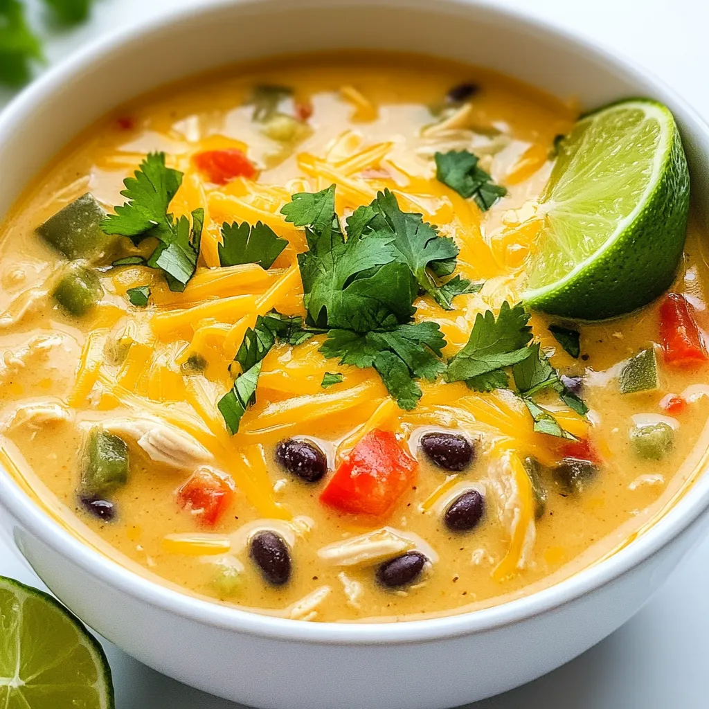 To create a tasty Creamy Chicken Enchilada Soup, you will need the following ingredients: - 1 lb boneless, skinless chicken breasts - 1 medium onion, finely diced - 3 cloves garlic, minced - 1 red bell pepper, finely diced - 1 green bell pepper, finely diced - 1 can (10 oz) diced tomatoes with green chiles - 4 cups chicken broth (low sodium recommended) - 1 can (15 oz) black beans, rinsed and drained - 1 cup corn (frozen or canned) - 1 cup heavy cream - 2 cups shredded cheddar cheese (plus extra for topping, if desired) - 2 teaspoons ground cumin - 1 teaspoon chili powder - Salt and pepper, to taste - Fresh cilantro, roughly chopped, for garnish - Lime wedges, for serving For the best flavor, I suggest using specific brands: - Chicken Broth: Look for low-sodium options like Swanson or Kitchen Basics. - Diced Tomatoes: Hunt's or Ro-Tel offer great taste with green chiles. - Cheese: Use sharp cheddar from Tillamook or Cabot for a rich flavor. You can easily swap ingredients to fit your needs: - Chicken: Use turkey or cooked rotisserie chicken instead. - Black Beans: Try pinto beans or kidney beans if you prefer. - Heavy Cream: Substitute with half-and-half or coconut cream for a lighter soup. - Cheese: For a twist, use Monterey Jack or pepper jack for added spice. {{ingredient_image_2}} To make this creamy chicken enchilada soup, gather your ingredients first. You will need chicken, veggies, and spices. Make sure you have everything ready before you start cooking. This helps keep the process smooth and fun. 1. Combine Ingredients: In a large pot, add the chicken, diced onion, minced garlic, and both bell peppers. Mix in the canned tomatoes and chicken broth. Season with cumin, chili powder, salt, and pepper. 2. Heat the Pot: Set the pot on medium-high heat. Bring the mix to a boil. Once it boils, lower the heat to simmer. Cover the pot and let it cook for about 20 minutes. You want the chicken to be fully cooked. 3. Shred Chicken: After 20 minutes, take the chicken out and place it on a cutting board. Use two forks to shred it into small pieces. Return the shredded chicken to the pot. 4. Add Remaining Ingredients: Stir in the black beans, corn, and heavy cream. Mix well. Bring the soup back to a gentle simmer. 5. Melt the Cheese: Gradually add the shredded cheddar cheese. Stir non-stop until the cheese melts and the soup becomes creamy. Taste it and add more salt and pepper if needed. 6. Final Simmer: Let the soup simmer for another 5-10 minutes. This helps the flavors mix well. 7. Serve: Ladle the soup into bowls. Top with extra cheddar cheese and fresh cilantro. Serve with lime wedges for a zesty touch. Shredding chicken can be quick and easy. After cooking, let the chicken cool for a minute. Use two forks and pull the chicken apart. Hold one fork steady and use the other to shred. This method is fast and gives you nice, bite-sized pieces. If you have a stand mixer, you can also use it. Just place the chicken in the bowl and mix on low speed. It will shred in seconds! To make the best creamy chicken enchilada soup, you want to start with good techniques. Use a heavy pot for even heat. This helps avoid burning. When you cook the chicken, let it simmer gently. This keeps the meat tender and juicy. Shredding the chicken after cooking makes it easy to blend back into the soup. If you like your soup spicy, add more chili powder. You can also use diced jalapeños or hot sauce. For a milder flavor, use less chili powder. You can also skip the diced tomatoes with green chiles. These small changes help you control the heat. Always taste as you go, so you find the right balance. To kick up the flavor, try adding a splash of lime juice. It brightens the soup and gives it a fresh taste. A dash of smoked paprika adds a nice depth. Fresh cilantro is also a great addition. It gives a burst of freshness. You can even mix in some avocado or tortilla strips for extra texture. Pro Tips Use Rotisserie Chicken: For a quicker option, swap the raw chicken for shredded rotisserie chicken. Just add it in during the last few minutes of simmering to warm through. Adjust the Spice Level: If you prefer a milder soup, use regular diced tomatoes instead of those with green chiles. You can also omit the chili powder or use a milder variety. Make It Ahead: This soup stores well in the refrigerator for up to three days. Reheat gently on the stove, adding a splash of chicken broth if it thickens too much. Garnish Creatively: Enhance the presentation with avocado slices, crumbled tortilla chips, or a dollop of sour cream for added flavor and texture. {{image_4}} You can easily make this soup vegetarian or vegan. For a vegetarian option, use vegetable broth instead of chicken broth. Swap the chicken with hearty vegetables like zucchini, mushrooms, or even chickpeas. If you want a vegan version, replace the heavy cream with coconut milk or cashew cream. Both options give the soup a creamy texture. Use nutritional yeast to add a cheesy flavor without dairy. Feel free to get creative with mix-ins. You can toss in some spinach or kale for a healthy touch. Adding avocado gives a nice, creamy bite. If you like spice, try adding jalapeños or hot sauce. For a touch of sweetness, mix in diced sweet potatoes. These additions not only enhance flavor but also boost the nutrition of your soup. Cheese is key to a rich, creamy soup. While cheddar is great, you can try different types. Monterey Jack brings a mild taste and melts beautifully. Pepper Jack adds a kick with its spices. For a gourmet twist, use crumbled queso fresco or fresh mozzarella. Each cheese offers a unique flavor, making your soup special every time. To keep your soup fresh, let it cool first. Then, pour it into an airtight container. Make sure to leave some space at the top, as the soup may expand when frozen. Store it in the fridge for up to 3 days. If you plan to eat it later, freezing is a great option. To freeze the soup, use freezer-safe containers or bags. Divide it into smaller portions. This way, you can thaw just what you need later. Label each container with the date, so you won’t forget when you made it. The soup can stay frozen for up to 3 months. When ready to eat, simply thaw it in the fridge overnight. When reheating, use a pot on the stove over low heat. Stir it often to avoid sticking. If the soup seems thick, add a splash of chicken broth or water to get the right texture. You can also microwave it in a bowl. Heat in short bursts and stir between each one to ensure even warming. Enjoy your creamy chicken enchilada soup just like it was fresh! Yes, you can make this soup in a slow cooker. To do this, combine the chicken, onion, garlic, red bell pepper, green bell pepper, diced tomatoes, and broth in the slow cooker. Season it with cumin, chili powder, salt, and pepper. Cook on low for 6-8 hours or high for 3-4 hours. Once the chicken is cooked, shred it and add the black beans, corn, heavy cream, and cheese. Let it cook for another 30 minutes. This method gives the soup a great flavor. To make this soup gluten-free, check your canned ingredients. Many canned tomatoes and beans are gluten-free, but always read the labels. Use gluten-free chicken broth. The rest of the ingredients, like chicken, vegetables, and cheese, are naturally gluten-free. This way, you can enjoy the soup without worry. This soup pairs well with many sides. Here are some ideas: - Tortilla chips for crunch. - Fresh lime wedges for extra zest. - A side salad for freshness. - Cornbread for a hearty touch. These sides enhance the meal and make it more enjoyable. This article explored how to make a delicious Creamy Chicken Enchilada Soup. We looked at key ingredients, clever replacements, and cooking steps. I shared tips for the best flavor and techniques for every cook. You learned about fun variations, storage, and reheating. Remember, cooking should be fun and easy. With practice, you can master this soup. Don't hesitate to try new flavors or tweak the recipe. Trust your taste buds and enjoy your meals!