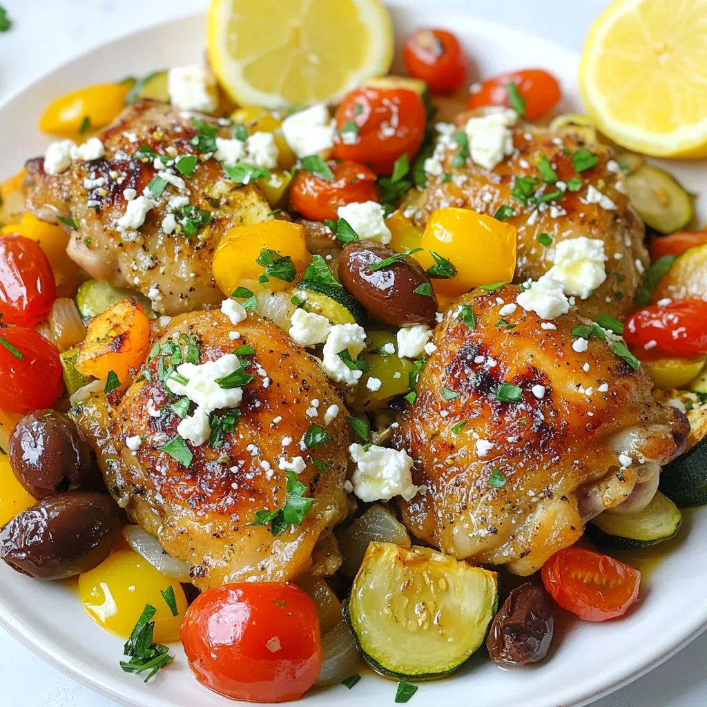 - 4 boneless, skinless chicken thighs - 2 tablespoons olive oil - 1 medium onion, sliced - 3 cloves garlic, minced - 1 bell pepper (preferably red or yellow), chopped - 1 medium zucchini, diced - 1 cup cherry tomatoes, halved - 1 teaspoon dried oregano - 1 teaspoon smoked paprika - ½ teaspoon salt - ¼ teaspoon freshly ground black pepper - ½ cup Kalamata olives, pitted and halved - ¼ cup feta cheese, crumbled - Fresh parsley, roughly chopped (for garnish) - Lemon wedges (for serving) In this dish, I focus on fresh ingredients. The chicken thighs give a juicy flavor. The vegetables add color and nutrients. Cherry tomatoes burst with sweetness, while olives offer a salty touch. Feta cheese adds creaminess, making it a delightful mix. For garnish, I love using parsley. It brightens the dish and adds a fresh taste. The lemon wedges are for squeezing over the meal. This adds a zesty finish that brightens all the flavors. You can adjust the ingredients to your taste. Try adding more veggies or herbs to make it your own! {{ingredient_image_2}} 1. First, grab a large skillet. Add 2 tablespoons of olive oil and heat over medium until it shimmers. This is key for a good sear. 2. While the oil warms, season 4 boneless, skinless chicken thighs on both sides with salt, black pepper, dried oregano, and smoked paprika. Use about ½ teaspoon of salt and ¼ teaspoon of black pepper. 3. Carefully place the chicken in the hot skillet. Cook for 5-7 minutes on each side. The chicken should turn golden brown and be fully cooked. Check the internal temperature; it must reach 165°F for safety. 4. Once cooked, remove the chicken and set it aside on a plate. 5. In the same skillet, add 1 medium sliced onion and 3 minced garlic cloves. Sauté for 2-3 minutes, stirring often, until the onions become soft and glossy. 6. Next, add 1 chopped bell pepper and 1 diced zucchini. Cook for 5 minutes, stirring occasionally. This helps the veggies stay vibrant and tender. 7. Toss in 1 cup of halved cherry tomatoes and ½ cup of pitted Kalamata olives. Cook for another 3 minutes. The tomatoes will start to soften and release their juices. 8. Return the chicken thighs to the skillet. Nestle them among the veggies and heat for about 2 minutes. This allows all the flavors to blend. 9. Sprinkle ¼ cup of crumbled feta cheese over the skillet. Remove it from heat to keep the cheese from melting too much. 10. For a fresh touch, garnish with roughly chopped parsley and serve with lemon wedges. Squeeze fresh juice over the dish before enjoying. - Total cooking time is about 30 minutes. - Ensure chicken reaches an internal temperature of 165°F for safety. - Use a meat thermometer for best results. - The chicken should no longer be pink inside. - Juices should run clear when cut. To get a perfect sear on chicken, start with a hot skillet. Heat your olive oil until it shimmers. Next, season your chicken thighs well with salt, pepper, oregano, and smoked paprika. This adds flavor and helps form a nice crust. When placing the chicken in the skillet, do not overcrowd. Give each piece space to brown. Cook for 5-7 minutes on each side. Check that the internal temperature hits 165°F. This ensures juicy and safe chicken. For sautéing vegetables, chop them evenly. This way, they cook at the same rate. Start with onions and garlic in the hot oil to build flavor. Stir them frequently until soft and glossy. Then, add bell peppers and zucchini. Cook these for about 5 minutes. They should be tender but still colorful. Finally, toss in cherry tomatoes and olives. Cook for just a few minutes until the tomatoes soften. This helps release their sweet juices. To boost flavor, consider adding fresh herbs like basil or thyme. Fresh herbs bring brightness to your dish. You might also try a pinch of red pepper flakes for heat. A dash of lemon zest can add a nice zing, too. For marinating chicken, use olive oil, lemon juice, and herbs. Let it sit for at least 30 minutes before cooking. This helps the chicken absorb the flavors, making it even tastier. You can also add yogurt for a creamy touch. Just remember not to marinate too long, as the acid can change the meat's texture. Pro Tips Perfectly Cooked Chicken: Use a meat thermometer to ensure your chicken thighs reach an internal temperature of 165°F for safe and juicy results. Vegetable Freshness: For the best texture and flavor, use fresh vegetables. If you can, choose seasonal produce to enhance the dish's taste. Feta Cheese Tips: To prevent the feta from melting too much, add it at the end of cooking. This way, it stays crumbly and adds a lovely creaminess. Serving Suggestion: Serve the dish straight from the skillet for a rustic presentation. Garnish with extra parsley and lemon wedges for a pop of color. {{image_4}} You can switch chicken thighs for other meats. Chicken breasts work well too. If you want a plant-based option, use tofu. It absorbs flavors nicely. You can also change up the veggies. Try adding spinach or artichokes. Eggplant or mushrooms provide different textures. Feel free to mix and match to suit your taste. For gluten-free meals, this recipe is already safe. Just ensure all ingredients are gluten-free. You can also make it low-carb. Skip the feta cheese and use more veggies instead. If you want a vegan dish, swap chicken for chickpeas or lentils. They are protein-rich and filling. Use a vegan feta for added creaminess. These changes keep the meal tasty and satisfying. To keep your Mediterranean Chicken Skillet fresh, let it cool first. Then, place it in an airtight container. This will help keep flavors strong. You can refrigerate the dish for up to three days. If you want to store it longer, freeze it. Use freezer-safe containers or heavy-duty foil. This way, it can last for up to three months. When you're ready to enjoy your leftovers, reheating is key. I recommend using a skillet on low heat. This method helps maintain the texture of the chicken and veggies. You can add a splash of water or broth to prevent drying out. If you're short on time, a microwave works too. Heat in short bursts, stirring in between. This keeps everything warm and tasty. The oven is another great option. Preheat to 350°F and cover the skillet with foil. This traps moisture and keeps the meal delicious. Enjoy your tasty dish again! You can serve Mediterranean Chicken Skillet with many sides. I recommend: - Rice or quinoa for a hearty base. - A fresh green salad with lemon vinaigrette. - Crusty bread to soak up the juices. - Roasted vegetables for extra flavor. These sides add balance and make the meal feel complete. Yes, you can prepare this dish ahead. Here are some tips: - Cook the chicken and vegetables, then store them in the fridge. - Keep the feta cheese and parsley separate until serving. - Reheat in a skillet over low heat before serving. This way, you save time and enjoy a quick meal later. Cooking chicken on the skillet takes about 10-14 minutes. Here’s the breakdown: - Sear each side for 5-7 minutes until golden brown. - Check that the internal temperature reaches 165°F. This ensures your chicken is safe to eat and full of flavor. This blog post guided you through making a delicious Mediterranean Chicken Skillet. We covered the ingredients, preparation steps, and key tips for flavor and texture. I shared possible variations and dietary swaps, ensuring this dish suits everyone. Lastly, I explained how to store and reheat leftovers to keep them tasty. You now have all the tools to enjoy this easy and healthy meal. Happy cooking!