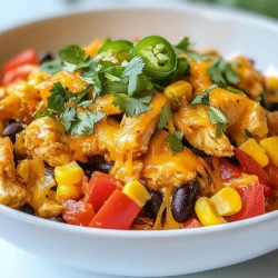 To make Cheesy Baja Chicken Pepper Skillet, you will need the following fresh ingredients: - 1 lb boneless, skinless chicken breasts, cut into bite-sized pieces - 2 tablespoons olive oil - 1 red bell pepper, diced - 1 yellow bell pepper, diced - 1 medium onion, chopped - 2 cloves garlic, minced - 1 teaspoon smoked paprika - 1 teaspoon ground cumin - 1/2 teaspoon chili powder - 1 can (15 oz) black beans, drained and rinsed - 1 cup corn (fresh, frozen, or canned) - Salt and pepper to taste - 1 cup shredded cheddar cheese - 1/4 cup fresh cilantro, chopped (for garnish) - Sliced jalape&ntilde;os (optional, for added heat) These ingredients come together to create a warm and hearty dish. The chicken provides protein, while the bell peppers and corn add color and crunch. The black beans are great for fiber. The spices give your skillet a nice kick, and the cheese brings it all together with its melty goodness. Feel free to adjust the spices to suit your taste. {{ingredient_image_2}} - Cut 1 pound of boneless, skinless chicken breasts into bite-sized pieces. - Dice 1 red bell pepper and 1 yellow bell pepper. - Chop 1 medium onion and mince 2 cloves of garlic. - Season the chicken with salt, pepper, smoked paprika, ground cumin, and chili powder. - Heat 2 tablespoons of olive oil in a large skillet over medium-high heat. - Add the chopped onion and minced garlic. Saut&eacute; them for 2-3 minutes until the onion turns clear. - Add the seasoned chicken to the skillet. Cook for about 5-7 minutes, stirring often, until the chicken is golden. - Toss in the diced bell peppers, 1 can of drained black beans, and 1 cup of corn. Cook for an additional 4-5 minutes until the peppers are tender. - Lower the heat and sprinkle 1 cup of shredded cheddar cheese over the mixture. - Cover the skillet with a lid to help the cheese melt for about 2-3 minutes. - Remove from heat and garnish with 1/4 cup of chopped cilantro. Add sliced jalape&ntilde;os if you like it spicy. To ensure your chicken is cooked properly, cut it into small, even pieces. This helps it cook fast and evenly. Cook the chicken for about 5-7 minutes until it&rsquo;s golden brown and no longer pink inside. Use a meat thermometer to check that it reaches 165&deg;F. For the right texture of the peppers, add them after the chicken. This way, they stay crisp. Cook them for just 4-5 minutes. You want them tender but not mushy. To boost flavor, consider adding spices or herbs. Cumin and smoked paprika are great choices. If you like it spicy, add more chili powder or fresh jalape&ntilde;os. For extra toppings, try avocado slices or sour cream. They add creaminess that pairs well with the dish. You can also sprinkle more cilantro for a fresh taste. Pro Tips Cook Chicken Evenly: Make sure to cut the chicken into uniform bite-sized pieces to ensure even cooking throughout the skillet. Customize Your Heat: Adjust the amount of chili powder and jalape&ntilde;os based on your spice preference to make the dish milder or hotter. Fresh Ingredients Matter: Use fresh corn and bell peppers whenever possible for the best flavor and texture in this dish. Let the Cheese Melt: Cover the skillet to trap steam when melting the cheese, ensuring it becomes beautifully gooey and delicious. {{image_4}} Gluten-free options This dish is already gluten-free. Just ensure your spices are gluten-free. Most spices are safe, but always check the labels to match your needs. Vegetarian alternative To make a vegetarian version, swap out the chicken for more beans or tofu. Use the same spices to keep the flavor strong. You can also add more veggies like zucchini or mushrooms. This makes for a hearty meal that everyone can enjoy. Different cheese choices While cheddar is great, feel free to mix it up. Try Monterey Jack for a milder taste, or pepper jack for a spicy kick. You can even use a blend of cheeses for deeper flavor. Incorporating other vegetables Add your favorite veggies to this dish! Try using zucchini, corn, or even spinach. They all cook well and boost the nutrition. Just chop them up and toss them in with the peppers for a colorful twist. To store leftovers safely, place the Cheesy Baja Chicken Pepper Skillet in an airtight container. This helps keep the dish fresh. Make sure to let it cool down before sealing it. You can store it in the fridge for up to three days. After that, the flavors may fade, and the texture might change. Always check for any signs of spoilage before eating. To reheat, use the stove or microwave. If using the stove, warm it on medium heat. Stir often to keep it from sticking. This method helps maintain the flavor and texture. For the microwave, heat in short bursts of 30 seconds. Stir in between until it's hot. If you served rice with the skillet, add a splash of water to keep it moist while reheating. This will help the rice stay fluffy and not dry out. Enjoy your meal just like it was fresh! Can I make this dish ahead of time? Yes, you can make Cheesy Baja Chicken Pepper Skillet ahead. Cook the dish and let it cool. Store it in an airtight container in the fridge. It stays good for up to three days. When ready to eat, reheat it on the stove or in the microwave until hot. What sides pair well with Cheesy Baja Chicken Pepper Skillet? This dish goes well with rice or tortillas. You can also serve it with a fresh salad. For a fun twist, try some guacamole or salsa on the side. These sides add flavor and make the meal more filling. What can I use instead of black beans? You can use pinto beans or kidney beans if you prefer. Chickpeas are also a great option for a different taste. These swaps keep the dish tasty and nutritious. Can I substitute cheese types? Yes, you can use Monterey Jack or pepper jack cheese. Both melt well and add a nice flavor. If you want a lighter option, try using reduced-fat cheese. Get creative with your cheese choice! How to serve for meal prep? For meal prep, divide the skillet into individual containers. This makes it easy to grab and go. Pair it with a side of rice or a small salad for a balanced meal. Suggestions for garnishing and presentation Garnish with fresh cilantro for color and flavor. You can also add sliced jalape&ntilde;os for heat. Serve the dish straight from the skillet for a rustic look. If plating, use a ring mold for a neat presentation. This recipe for Cheesy Baja Chicken Pepper Skillet is fun and easy. We covered the essential ingredients and detailed each cooking step. You now know how to enhance flavors and adapt the dish for different diets. Remember to store leftovers properly and reheat them to keep the taste. Don&rsquo;t hesitate to experiment with variations and make this dish your own. With these tips, you can create a meal that impresses friends and family alike. Enjoy cooking and savor each bite!