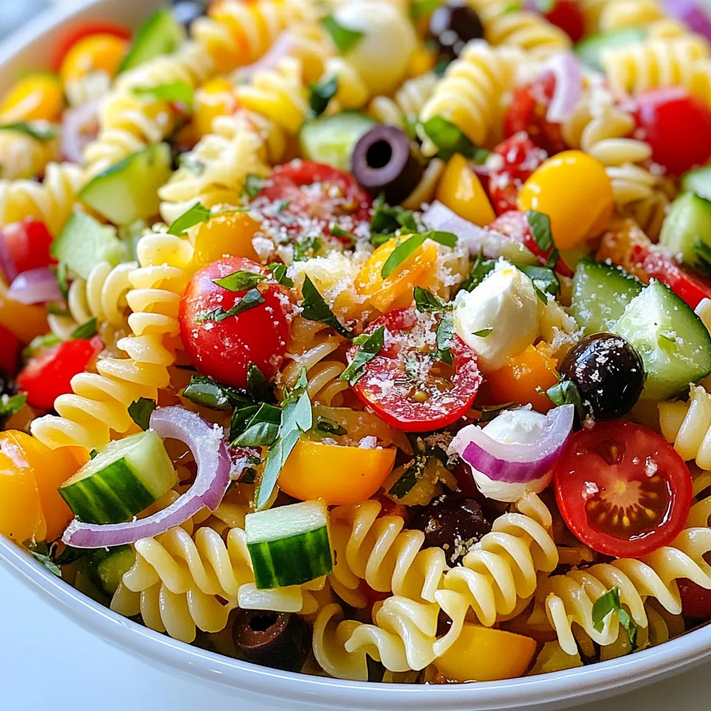 - 12 oz rotini or fusilli pasta - 1 cup cherry tomatoes, halved - 1 cup cucumber, diced - 1/2 cup bell peppers (red and yellow), diced - 1/2 cup red onion, finely chopped - 1 cup black olives, pitted and sliced - 1 cup mozzarella balls (bocconcini) - 1/4 cup fresh basil, chopped - 1/4 cup Parmesan cheese, grated I love using rotini or fusilli pasta for this salad. These shapes hold the dressing well. The pasta gives a nice bite and keeps everything together. The fresh produce adds color and crunch. I always use ripe cherry tomatoes, fresh cucumbers, and sweet bell peppers. They make the salad bright and tasty. The red onion adds a bit of sharpness, balancing the flavors in the dish. For protein and cheese, I use black olives and mozzarella balls. The black olives add a nice salty flavor. Mozzarella balls give a soft, creamy feel. Plus, I top it off with grated Parmesan cheese. This cheese adds a rich taste that ties everything together. - 1/3 cup extra virgin olive oil - 2 tablespoons apple cider vinegar (or red wine vinegar) - 1 teaspoon dried oregano - 1/2 teaspoon garlic powder - Salt and pepper to taste The dressing is simple yet flavorful. I love using extra virgin olive oil for a rich taste. Apple cider vinegar or red wine vinegar gives a nice tang. I mix in dried oregano and garlic powder for added flavor. These herbs make the salad taste fresh and bright. Don't forget to season with salt and pepper. A little goes a long way! - Fresh herbs: basil, parsley - Other cheeses: feta or goat cheese - Nuts or seeds for crunch: pine nuts or sunflower seeds For a fun twist, I like to add fresh herbs. Basil or parsley brings a burst of flavor. You can also add feta or goat cheese for a tangy kick. If you want some crunch, sprinkle in pine nuts or sunflower seeds. They add texture and make the salad even better! {{ingredient_image_2}} To cook pasta right, start with a big pot of salted water. Bring it to a boil. Add 12 oz of rotini or fusilli. Cook for about 8-10 minutes until it is al dente. This means it should be firm, not mushy. Drain the pasta in a colander. Rinse it under cold water. This stops the cooking and cools the pasta down. Set it aside to cool completely. In a big mixing bowl, add the cooled pasta. Then, mix in 1 cup of halved cherry tomatoes, 1 cup of diced cucumber, and 1/2 cup each of diced red and yellow bell peppers. Next, add 1/2 cup of finely chopped red onion, 1 cup of sliced black olives, and 1 cup of mozzarella balls. Gently stir everything. Make sure all the ingredients are evenly distributed. In a small bowl, whisk together 1/3 cup of extra virgin olive oil and 2 tablespoons of apple cider vinegar. You can also use red wine vinegar if you prefer. Add 1 teaspoon of dried oregano and 1/2 teaspoon of garlic powder. Sprinkle in a bit of salt and pepper. Whisk until the dressing is smooth and well blended. Pour the dressing over the pasta salad mixture. Use a spatula or tongs to toss everything together. Ensure all ingredients are coated with the dressing. Taste the pasta salad. Adjust the seasoning with more salt and pepper if needed. For the best flavor, cover the bowl and refrigerate the salad for at least 30 minutes. This lets the flavors mingle and grow. Choosing fresh and ripe vegetables is key. Look for bright cherry tomatoes and firm cucumbers. Pick bell peppers that feel heavy and have smooth skin. For olives, choose high-quality black olives. They should be plump and shiny. When selecting cheese, opt for fresh mozzarella balls. They should be soft and creamy. Use good Parmesan cheese for the best flavor. You can prepare the salad ahead of time. Cook the pasta and chop the veggies a few hours before serving. This saves you time and stress. To keep the salad fresh, store it in an airtight container. Refrigerate it until you are ready to serve. This helps the flavors mix well. Italian pasta salad is great for many occasions. Serve it as a side dish at barbecues or picnics. It pairs well with grilled chicken or fish. You can also enjoy it as a light meal. Try adding some crusty bread on the side for a complete meal. Pro Tips Cook Pasta Al Dente: To achieve the perfect texture, make sure to cook your pasta just until al dente. This ensures it holds up well in the salad without becoming mushy. Chill for Flavor: Allowing the salad to chill for at least 30 minutes enhances the flavors as the ingredients meld together, resulting in a more delicious dish. Use Fresh Ingredients: Whenever possible, opt for fresh vegetables and herbs. They add vibrant flavors and colors that elevate the overall appeal of your pasta salad. Customize to Your Taste: Feel free to add or substitute ingredients based on your preferences. Ingredients like spinach, artichokes, or even protein like chicken can add variety and nutrition. {{image_4}} You can change the Italian pasta salad to a Mediterranean style. First, add artichokes and sun-dried tomatoes. These ingredients bring a bold taste. Next, you can include grilled chicken or shrimp for a protein boost. This makes the salad more filling and tasty. If you want a vegan version, swap the cheese. Use a plant-based cheese or skip it. For the dressing, use vinegar and oil without dairy. You can add protein sources like chickpeas or tofu for texture and taste. This keeps the salad hearty and satisfying. For those who need gluten-free, choose the right pasta. Some great brands include Banza or Tinkyada. You can also adjust the ingredients. Make sure to check labels for any hidden gluten. This ensures everyone can enjoy the salad without worry. To keep your Italian pasta salad fresh, use an airtight container. This helps prevent air from getting in and keeps flavors intact. Store the salad in the fridge. It lasts up to three days, but for the best taste, eat it sooner. Can you freeze pasta salad? Yes, but it may change in texture. Freezing can make the veggies soggy. If you decide to freeze it, store in a freezer-safe container. Thaw in the fridge overnight before eating. For best results, add fresh veggies after thawing. Yes, you can use different pasta types. Some good choices are: - Penne - Farfalle - Shells - Rotini or fusilli are great for this salad. They hold dressing well. If you prefer whole grain or gluten-free options, look for those varieties. Just make sure to cook them al dente for the best texture. You can store your pasta salad in the fridge for up to 3 days. To keep it fresh: - Use an airtight container. - Keep it chilled at 40°F or lower. If you notice any change in smell or appearance, it's best to toss it. Always trust your senses when it comes to food safety. Leftover pasta salad is versatile! Here are some fun ideas: - Add it to a wrap for lunch. - Toss it with greens for a quick salad. - Use it as a topping on grilled chicken. You can even make a pasta bake. Just mix it with cheese and bake until bubbly. This blog post covered how to make a delicious Italian pasta salad. We explored the key ingredients needed, from pasta and fresh vegetables to proteins and dressings. I shared step-by-step instructions for cooking, mixing, and chilling your salad. You now have tips to choose the best ingredients and suggestions for variations, serving, and storage. Enjoy crafting your pasta salad! It's versatile and packed with flavor. Make it your own by using fresh, seasonal ingredients.