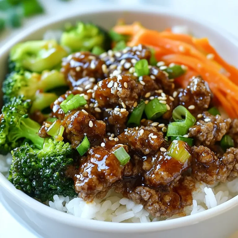 - 1 lb ground beef - 3 tablespoons soy sauce - 1 tablespoon brown sugar - 1 tablespoon sesame oil - 3 cloves garlic, minced - 1 teaspoon ginger, freshly grated - 1 medium carrot, julienned - 1 cup broccoli florets - 3 green onions, finely chopped (whites and greens kept separate) - 2 teaspoons sesame seeds - Cooked rice (white or brown) for serving Each ingredient plays a key role in the flavor. The ground beef gives it a hearty base. Soy sauce adds a salty depth. Brown sugar balances the saltiness with sweetness. Sesame oil gives a nutty note. Garlic and ginger add aromatic warmth. Carrots and broccoli bring color and crunch. Green onions and sesame seeds finish the dish. - Kimchi for a flavorful topping - Extra green onions for garnish - Lime wedges for a zesty touch - Sliced cucumbers for crunch These toppings can change the taste. Kimchi adds spice and tang. Lime brightens the dish. Extra green onions give more flavor. Sliced cucumbers add a fresh bite. - Ground turkey or chicken for a leaner meat - Coconut aminos instead of soy sauce for a gluten-free option - Maple syrup instead of brown sugar for a different sweetness - Olive oil instead of sesame oil for a lighter flavor - Any other veggies like bell peppers or snap peas These substitutes keep the dish tasty. They also help if you have dietary needs. Experiment with what you have to make it your own! {{ingredient_image_2}} Start with a medium bowl. Add 3 tablespoons of soy sauce. Then, include 1 tablespoon of brown sugar. Pour in 1 tablespoon of sesame oil. Next, add 3 cloves of minced garlic. Finally, add 1 teaspoon of freshly grated ginger. Whisk these together until the sugar dissolves. This will be your tasty marinade. Heat a large skillet on medium heat. Once it's hot, add 1 pound of ground beef. Use a spatula to break it into small pieces. Sauté the beef for 5 to 7 minutes. Cook until it turns brown and is no longer pink. If there's extra grease, drain it. Pour your marinade over the beef. Mix well to coat. Cook for an extra 3 to 5 minutes. Stir occasionally, until the sauce thickens. While the beef cooks, prepare a steaming pot. Add water and bring it to a boil. Place the broccoli florets in the pot. Steam for about 3 to 4 minutes. Once bright green, add the julienned carrots. Steam for another minute, just until they soften. Grab your serving bowls. Start with a generous scoop of cooked rice. Top it with the Korean ground beef mixture. Next, add the steamed broccoli and carrots. Finish with chopped green onions and a sprinkle of sesame seeds. For extra flavor, add a spoonful of kimchi on the side. Enjoy your colorful and delicious meal! To make a great marinade, mix soy sauce, brown sugar, sesame oil, garlic, and ginger. Whisk these until the sugar dissolves. This step is key. It adds a sweet and savory taste to the beef. Letting it sit for a few minutes helps the flavors blend. Use fresh ingredients for the best taste. When cooking ground beef, use medium heat. This helps it brown nicely without burning. Break it into small pieces with a spatula. Cook until it turns brown and is no longer pink. This should take about 5 to 7 minutes. If there's too much grease, drain it. Pour the marinade over the beef and mix well. Let it cook for another 3 to 5 minutes. This allows the flavors to soak in and thicken. For serving, use colorful bowls. Start with a base of rice, then add the beef. Top it with steamed broccoli and carrots for color. Sprinkle chopped green onions and sesame seeds on top. For a fun twist, add kimchi on the side. A wedge of lime also adds a fresh touch. This makes the bowl look inviting and appetizing. Pro Tips Use Fresh Ingredients: Fresh garlic and ginger will elevate the flavor of your dish significantly, giving it an authentic taste that dried alternatives simply can't match. Control the Heat: Adjust the heat of your skillet when cooking the beef to prevent it from becoming tough. Medium heat allows it to brown nicely while keeping it juicy. Customize Your Veggies: Feel free to add other vegetables like bell peppers or snap peas to your beef bowl for added crunch and nutrition. Enhance Presentation: Use colorful bowls and garnish with fresh herbs or additional sesame seeds to make your dish visually appealing and more inviting to eat. {{image_4}} To spice things up, you can add gochujang, a Korean chili paste. Start with one tablespoon and mix it into the marinade. This adds heat and depth. You can also toss in sliced jalapeños while cooking the beef. They bring fresh flavor and a nice kick. If you love heat, consider adding crushed red pepper flakes too. Adjust the spice to fit your taste. If you want a meat-free meal, use plant-based ground beef. Many brands offer tasty options that mimic the texture of beef. You can also use lentils or mushrooms as a hearty base. Cook them with the same marinade for great flavor. Add extra veggies like bell peppers or zucchini to bulk it up. This way, you keep the dish filling and delicious, but make it veggie-friendly. For a healthier base, try using quinoa or cauliflower rice. Quinoa provides protein and fiber. Cauliflower rice is low in carbs and adds volume. Simply steam or sauté the cauliflower rice until tender. You can also use farro or barley for a chewy texture. Each option adds a unique taste and keeps your meal interesting. Choose what fits your diet best! To store leftover Korean ground beef bowl, let it cool first. Place it in an airtight container. Keep it in the fridge for up to three days. Make sure to separate the rice and beef if possible. This helps keep everything fresh and tasty. When you are ready to eat, you can reheat the beef bowl easily. Use the microwave or the stove. If using the microwave, place it in a bowl and cover it. Heat for one to two minutes or until hot. If using the stove, heat in a pan over medium heat. Stir occasionally until warm. You can freeze the Korean ground beef bowl for later use. First, cool it completely and place it in a freezer-safe container. It will last up to three months in the freezer. When you want to enjoy it, thaw it in the fridge overnight. Reheat it as mentioned above before serving. You can serve Korean Ground Beef Bowl with: - Cooked rice (white or brown) - Kimchi for a spicy kick - Steamed vegetables like broccoli and carrots - A side of pickled radish - A fresh salad for crunch These sides add flavor and balance to your meal. Enjoy mixing and matching! To make the dish less spicy, try these tips: - Reduce the amount of garlic. - Use less soy sauce. - Skip any hot sauces or spicy toppings. - Add more sugar to balance the heat. These changes keep the dish tasty without too much spice. This recipe is not gluten-free due to the soy sauce. To make it gluten-free: - Use gluten-free soy sauce or tamari. - Ensure other ingredients are also gluten-free. This way, you can enjoy the bowl without gluten. Yes, you can use different meats! Here are some options: - Ground turkey for a leaner choice - Ground chicken for a lighter flavor - Ground pork for a richer taste Feel free to experiment with what you have! Each meat gives a unique twist to the dish. This article showed you how to make a Korean Ground Beef Bowl with easy steps and tips. You learned about key ingredients, cooking methods, and different variations. Remember, you can adjust flavors and add your favorite toppings. Storing leftovers is simple, so enjoy your meal later. With these insights, you can create delicious bowls that fit your taste. Dive into cooking, try new flavors, and have fun in the kitchen!