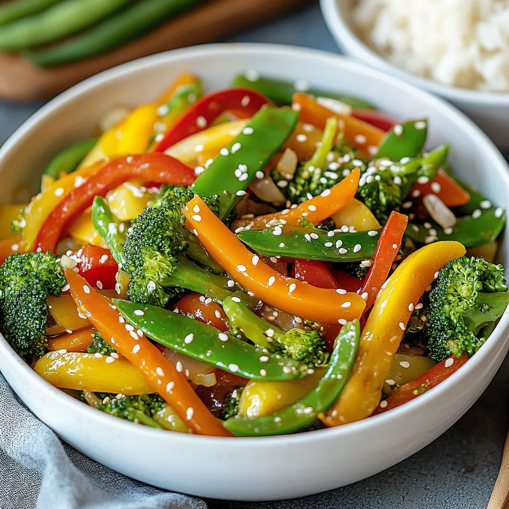 - 1 cup fresh broccoli florets - 1 cup assorted bell peppers, thinly sliced (red, yellow, green) - 1 cup sugar snap peas, trimmed - 1 medium carrot, cut into fine julienne strips - 1 cup mushrooms, thinly sliced (shiitake or button) - 2 cloves of garlic, finely minced - 1-inch piece of fresh ginger, finely grated - 2 tablespoons low-sodium soy sauce - 1 tablespoon sesame oil - 1 tablespoon cornstarch mixed with 2 tablespoons water (to create a slurry) - Cooked rice or quinoa - 1 teaspoon sesame seeds (for garnish) When I make a veggie-packed stir fry, I always start with fresh, colorful vegetables. They not only taste great but also add a pop of color to the dish. Broccoli, bell peppers, sugar snap peas, carrots, and mushrooms work perfectly together. Each brings its own flavor and texture. Garlic and ginger are my go-to flavor enhancers. They add a warm, zesty kick that makes the stir fry sing. Low-sodium soy sauce gives a savory touch without being too salty. A drizzle of sesame oil adds a rich, nutty aroma that ties everything together. To thicken the sauce, I use a cornstarch slurry. It’s simple to make and helps the sauce cling to the veggies. Finally, I serve the stir fry over fluffy rice or quinoa to soak up all that delicious sauce. A sprinkle of sesame seeds on top adds a nice crunch and makes the dish look special. {{ingredient_image_2}} How to julienne carrots To julienne carrots, start by peeling the carrot. Cut it into 2-inch pieces. Then, slice each piece lengthwise into thin strips. Stack the strips and cut them into matchstick shapes. This method makes them cook evenly in your stir fry. Trimming sugar snap peas To trim sugar snap peas, take each pea pod and snap off the stem end. Pull down the string along the edge of the pod. Discard the stem and string. This keeps your stir fry crisp and tasty. Heating oil and sautéing aromatics Heat sesame oil in a large skillet or wok over medium-high heat. Wait until the oil shimmers. Add minced garlic and grated ginger. Sauté for about 1 minute, stirring often. This step brings out the flavors. Adding vegetables in stages First, add the broccoli florets and julienned carrots. Stir-fry for 3-4 minutes until they are bright and tender. Next, add sliced bell peppers, sugar snap peas, and mushrooms. Stir-fry for 3-5 more minutes. This helps all veggies stay crisp and colorful. Drizzling soy sauce Once veggies are cooked, drizzle low-sodium soy sauce over them. Toss everything together until well-coated. This adds a savory depth to your dish. Adding cornstarch slurry for thickening Gradually pour in the cornstarch slurry while stirring. Keep stirring for 1-2 minutes. This thickens the sauce and makes it stick to the veggies. Presentation tips for serving Serve your stir fry in a large, shallow bowl. Garnish with sesame seeds for a nice crunch. For an eye-catching look, use colorful plates. This makes your dish a feast for the eyes. Pairing options with rice or quinoa Serve the stir fry hot over fluffy cooked rice or quinoa. This adds a hearty base and soaks up the tasty sauce. Enjoy your meal and share it with friends! To get the best texture, cook each vegetable for the right time. Broccoli needs about 3-4 minutes to stay bright. Carrots also need just a few minutes to get tender. Adding bell peppers, sugar snap peas, and mushrooms takes another 3-5 minutes. This way, your veggies stay crisp and vibrant. If you cook them too long, they will become mushy. To boost flavor, try adding spices like red pepper flakes or black pepper. You can also use garlic powder for extra taste. For sauce, low-sodium soy sauce works well. But you can switch it up with teriyaki sauce or sweet chili sauce. Each choice gives your stir fry a new twist. Stir frying is quick and keeps veggies crunchy. You can also steam vegetables, but they may lose some flavor. A skillet is great for a smaller meal, while a wok heats evenly and cooks faster. If using a wok, remember to keep the heat high. This helps lock in flavors and keeps your veggies colorful. Pro Tips Prep Your Ingredients: Having all your vegetables prepped and ready to go will make the cooking process smoother and faster. High Heat is Key: Cooking on medium-high heat helps to maintain the crunchiness of the vegetables and enhances their bright colors. Don’t Overcrowd the Pan: To ensure even cooking, stir-fry in batches if necessary, as overcrowding can lead to steaming rather than frying. Experiment with Sauces: Feel free to mix different sauces like teriyaki or chili sauce for added flavor and variety to your stir-fry. {{image_4}} You can make your veggie stir fry even more filling. Tofu or tempeh are great options for plant-based protein. Simply press and cube the tofu. Sauté it until it's golden and crisp. Tempeh has a nutty flavor and adds texture. Cook it the same way. If you prefer meat, chicken or shrimp work well. Cut the chicken into small pieces. Sauté until it's cooked through. For shrimp, peel and devein them. Add them at the end to avoid overcooking. Switch up the veggies based on what’s fresh or in season. Try asparagus in spring, zucchini in summer, or root vegetables in fall. These changes keep your dish exciting. Frozen vegetables are also a quick choice. They save time and are often picked at peak ripeness. Just toss them in, and they will cook up nicely. Sauces can change the whole flavor of your stir fry. Teriyaki sauce gives a sweet and savory taste. Hoisin sauce adds a rich, sticky flavor that’s hard to resist. You can also make your own sauce. Mix soy sauce, a bit of honey, and rice vinegar. This homemade option is simple and tasty, and it lets you control the flavors. To store leftovers, let them cool first. Place the stir-fry in an airtight container. This keeps it fresh for about 3 to 4 days. Glass containers work well and do not stain. To reheat, use a pan over medium heat. This keeps the veggies crisp. Stir occasionally to heat evenly. You can also use a microwave. Cover the dish with a damp paper towel. This helps retain moisture. If you want to freeze, let the stir-fry cool completely. Use freezer-safe bags or containers. Remove as much air as possible. This helps prevent freezer burn. For thawing, place it in the fridge overnight. Reheat on the stovetop for the best texture. Veggie stir fry lasts about 3 to 5 days in the fridge. Store it in an airtight container. This keeps it fresh and avoids any bad smells. If you want it to last longer, consider freezing it. Yes, you can use different vegetables! Feel free to swap in your favorites. Try zucchini, cauliflower, or even green beans. Just remember to cut them into similar sizes for even cooking. The stir fry can be gluten-free if you use gluten-free soy sauce. Check the label to be sure. Other than that, all the veggies and seasonings are naturally gluten-free. To keep your stir fry crunchy, avoid overcooking the vegetables. Cook them on high heat for a short time. Stir frequently to keep them crisp. Also, add soy sauce at the end to keep the veggies firm. In this blog post, we explored how to make a delicious veggie stir fry. We looked at key ingredients like fresh vegetables, flavor enhancers, and how to thicken the sauce. I shared tips for cooking, serving suggestions, and ways to store leftovers. Remember, you can customize your stir fry with proteins and different sauces. Now you can create a tasty dish that suits your taste and needs. Enjoy cooking and experimenting with new flavors!