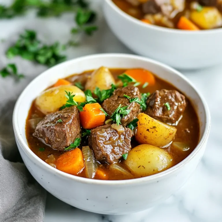 To make a delicious tender crockpot beef stew, you need some simple ingredients. Here’s what you will need: - 2 pounds beef chuck, cut into 1-inch cubes - 4 medium carrots, sliced into rounds - 3 large potatoes, peeled and cut into 1-inch cubes - 1 large onion, finely diced - 3 cloves garlic, minced - 4 cups beef broth, preferably low-sodium - 2 tablespoons tomato paste - 2 teaspoons Worcestershire sauce - 1 teaspoon dried thyme - 1 teaspoon dried parsley - Salt and freshly ground black pepper to taste - 2 tablespoons olive oil - 1 bay leaf Each ingredient plays a role in building flavor and texture. The beef chuck is key; it becomes tender and juicy after slow cooking. The carrots and potatoes add sweetness and heartiness. Onion and garlic enhance the stew's aroma and depth. Beef broth is the base of your stew, giving it richness. Tomato paste adds a nice touch of acidity, while Worcestershire sauce gives it a complex flavor. Thyme and parsley provide earthy notes. Don’t forget to season with salt and pepper! This dish is all about balance. Using quality ingredients makes a big difference in taste. So, gather these items, and you’re ready to create a comforting and hearty meal. {{ingredient_image_2}} To start, we need to sear the beef. Searing adds great flavor. Use 2 pounds of beef chuck. Cut it into 1-inch cubes. Season the beef well with salt and black pepper. In a large skillet, heat 2 tablespoons of olive oil over medium-high heat. When the oil shines, add the beef in batches. Brown each side for about 5 minutes. Remove the beef and set it aside. Next, we will sauté the onions and garlic. In the same skillet, add 1 large diced onion and 3 minced garlic cloves. Cook for around 3 minutes. The onion should look soft and clear. Now, it's time to combine everything in the crockpot. Add the seared beef, carrots, potatoes, beef broth, tomato paste, Worcestershire sauce, dried thyme, dried parsley, and 1 bay leaf. Mix well. Now, let's talk about cooking time. You can choose between two settings. For a low and slow cook, set the crockpot to low for 8 hours. If you're in a hurry, use the high setting for 4 hours. To check for tenderness, poke the beef with a fork. It should break apart easily. About 30 minutes before serving, taste the stew. Adjust the salt and pepper as needed. For a thicker stew, mix 2 tablespoons of cornstarch with 2 tablespoons of cold water. Stir it in and cook for another 30 minutes. Enjoy your hearty meal! To get tender beef, marinate it in a mix of spices and olive oil. This adds flavor and helps break down the meat. Let it sit for at least an hour, or overnight if you can. Searing is also key. Sear the beef in hot oil for a few minutes. This browns the meat and locks in juices. It gives you a rich flavor that makes your stew shine. Herbs and spices can take your stew from good to great. Adding dried thyme and parsley gives your stew depth. You can also try adding bay leaves for a fragrant touch. For broth, use low-sodium beef broth. It brings out the beef flavor without overwhelming it. You can also mix in some red wine for added richness. If you like a thicker stew, use a cornstarch slurry. Mix equal parts cornstarch and cold water in a bowl. Stir it into the stew about 30 minutes before serving. This will help it thicken nicely. If you don't have cornstarch, you can use mashed potatoes or flour as alternatives. Just make sure to mix them in well to avoid clumps. Pro Tips Choose the Right Cut: Using beef chuck is ideal for stews as it becomes tender and flavorful during the long cooking process. Layer Flavors: Searing the beef and sautéing the onions and garlic enhances the overall flavor of the stew, so don’t skip these steps! Customize Your Veggies: Feel free to add other vegetables like peas, green beans, or parsnips based on your preference for added texture and flavor. Make It Ahead: This stew tastes even better the next day! Consider making it a day in advance and reheating it for a richer flavor. {{image_4}} You can switch up your veggies in this stew. Not a fan of carrots? Try parsnips or sweet potatoes instead. You can even add green beans or peas for some color. When seasons change, use what’s fresh. In spring, toss in asparagus or snap peas. In the fall, butternut squash adds a nice touch. Beef chuck is great, but other cuts work too. Use brisket for a richer taste, or flank steak for a leaner option. Not into beef? Go for pork shoulder or chicken thighs. Both will cook nicely and soak up those savory flavors. Want to make the stew gluten-free? Use gluten-free broth and check your Worcestershire sauce for gluten. If you need a low-sodium option, choose low-sodium broth and cut back on added salt. This way, you can enjoy the stew without worry. To store leftover stew, let it cool first. Place it in airtight containers. Glass or BPA-free plastic containers work well. Label each container with the date. This way, you keep track of how long it stays fresh. To freeze your stew, use freezer-safe containers or heavy-duty freezer bags. Leave some space at the top for expansion. Seal tightly to avoid air. For thawing, move the stew to the fridge overnight. Reheat in a pot or microwave until hot. Stir occasionally for even heating. In the fridge, beef stew lasts about 3 to 4 days. If you freeze it, it can last up to 3 months. Check for spoilage signs like off-smells or mold. If it looks strange or smells bad, don't eat it. Always trust your senses! Beef typically takes about 8 hours on low or 4 hours on high to become tender. The slow cooking allows the flavors to blend and the meat to break down. This method is key for a rich and hearty stew. You want the beef to be fork-tender. Yes, you can skip searing the beef. However, searing adds depth of flavor and a nice color. If you choose not to sear, just add the beef directly to the crockpot with the other ingredients. The stew will still taste good, but it may lack some of the rich flavor that comes from the browning. You can use vegetable broth or chicken broth as a substitute. If you want a richer taste, mix water with bouillon cubes. This will give you a similar flavor. Just remember to adjust the salt, as some broths are saltier than others. Yes, you can prepare the night before. Chop the vegetables and beef, and store them in the fridge. This makes morning cooking easier. Just remember to keep everything in airtight containers to stay fresh. - Tips for prepping in advance: - Cut vegetables into even pieces to ensure they cook evenly. - Season the beef ahead of time for better flavor. - Store all ingredients together in your crockpot insert if it fits in the fridge. This makes for a quick setup in the morning. You now have a complete guide to making a delicious beef stew. You learned about the key ingredients, step-by-step cooking methods, and ways to enhance flavor. We talked about variations and how to store leftovers too. With these tips, your stew can be a warm, hearty meal every time. Enjoy trying new ingredients and techniques. Your kitchen will be the best place for comfort food! Happy cooking!