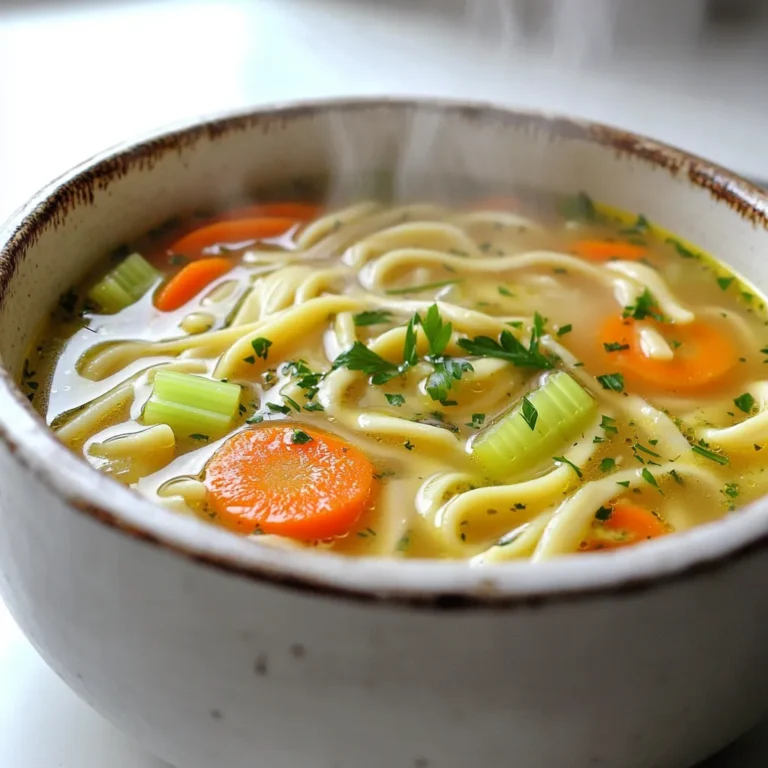 To make Classic Chicken Noodle Soup, you will need: - 1 tablespoon olive oil - 1 medium onion, finely diced - 2 cloves garlic, minced - 3 carrots, peeled and sliced into rounds - 2 celery stalks, sliced - 1 teaspoon dried thyme - 1 teaspoon dried oregano - Salt and freshly ground black pepper to taste - 8 cups low-sodium chicken broth - 2 cups shredded cooked chicken (store-bought rotisserie chicken works beautifully) - 2 cups egg noodles - 2 bay leaves - Fresh parsley, roughly chopped (for garnish) You can easily swap some ingredients if you have dietary needs. Here are a few ideas: - Olive oil can be replaced with avocado oil for a different flavor. - If you're short on time, use pre-chopped veggies. - For a vegetarian version, replace chicken broth with vegetable broth and skip the chicken. - Use gluten-free egg noodles if you need a gluten-free option. - Fresh herbs can replace dried herbs for a brighter taste. Selecting good ingredients makes a big difference. Here are some tips: - Choose fresh vegetables. Look for bright colors and firm textures. - Use low-sodium chicken broth. It helps control the salt level. - Opt for a rotisserie chicken that looks juicy and tender. - Fresh parsley should be vibrant and aromatic. Avoid wilted leaves. - Select high-quality egg noodles. They should feel firm and not too soft. These tips ensure your soup tastes great and is full of flavor. Use the freshest ingredients you can find for the best results. To start, grab a large pot. Heat 1 tablespoon of olive oil over medium heat. Once the oil shimmers, add the finely diced onion. Sauté the onion for about 4-5 minutes. You want it to turn translucent and smell great. Next, add 2 minced garlic cloves. Stir in 3 sliced carrots and 2 sliced celery stalks. Cook these veggies for another 3-4 minutes. They should start to soften but still hold their shape. After your veggies soften, it’s time to add flavor. Sprinkle in 1 teaspoon of dried thyme and 1 teaspoon of dried oregano. Add a good pinch of salt and freshly ground black pepper too. Stir well and let the spices cook for about 1 minute. This step brings out their best flavors and scents. Now, pour in 8 cups of low-sodium chicken broth. Toss in 2 bay leaves for extra depth. Raise the heat until the soup boils. Once it’s bubbling, reduce the heat to low. Cover the pot and let it simmer for 15 minutes. This lets all the flavors mix nicely. After that, stir in 2 cups of shredded cooked chicken. Add 2 cups of egg noodles next. Cover the pot again and cook for 8-10 minutes. You want the noodles tender and cooked through. Remember to remove the bay leaves before serving. Taste the soup and adjust the seasoning if needed. Finally, ladle the soup into bowls and garnish with fresh parsley. Enjoy! To boost the flavor, use fresh herbs. Add thyme and oregano while cooking. You can also squeeze in lemon juice for brightness. A splash of soy sauce adds depth and umami. Consider adding a dash of hot sauce for a little kick. Cook egg noodles separately for best results. Boil them in salted water until tender but firm. Drain and rinse them under cold water to stop cooking. This way, they won’t soak up all the broth. Add them to the soup just before serving. Always taste your soup before serving. Use salt and black pepper to balance the flavors. If it tastes flat, add more herbs or a pinch of garlic powder. For a richer flavor, consider adding a bit of chicken bouillon. Adjust slowly, as you can always add more. {{image_4}} You can make chicken noodle soup healthier by using low-sodium broth. This helps cut down on salt without losing flavor. Add more veggies like spinach, kale, or zucchini. They add color and nutrients. You can also swap in whole-grain egg noodles for extra fiber. This makes the soup heartier and boosts its health benefits. For a creamy twist, add some milk or cream. Stir it in after you cook the noodles. This gives the soup a rich, smooth texture. You can also use a blend of cream cheese and broth for a lighter option. This version feels cozy and comforting, perfect for chilly days. If you need gluten-free noodles, look for rice noodles or gluten-free pasta. They work well in this soup, too. Just be sure to adjust the cooking time. You want them to be tender, but not mushy. This way, everyone can enjoy the soup, no matter their diet. After you enjoy your soup, let it cool. Pour any leftovers into an airtight container. Seal the container tightly. Store it in the fridge. It keeps well for about three to four days. If you want to keep it longer, freezing is a great choice. Use freezer-safe containers or bags. Leave some space at the top for expansion. Label the container with the date. Your soup can last up to three months in the freezer. To reheat, take the soup out of the fridge or freezer. If frozen, let it thaw in the fridge overnight. Heat the soup in a pot over medium heat. Stir it often to warm it evenly. Check the temperature and enjoy! Yes, you can use store-bought chicken for your soup. A rotisserie chicken works great. Just shred the meat and add it to the pot. This saves time and still gives you tasty soup. If you don’t have egg noodles, you can use other types of pasta. Try small shapes like elbows or shells. You can also use rice or quinoa for a different twist. Just adjust the cooking time as needed. Chicken noodle soup lasts about three to four days in the fridge. Store it in a covered container. If you want to keep it longer, freeze it for up to three months. Always reheat it until it's hot. This blog post covered all you need for classic chicken noodle soup. We discussed key ingredients, so you can adapt for dietary needs. I shared step-by-step instructions to make your soup easy and tasty. You learned tips to boost flavor and explore fun variations. Lastly, I provided storage and reheating advice to keep leftovers fresh. In conclusion, cooking chicken noodle soup is simple and rewarding. Enjoy making it your way!