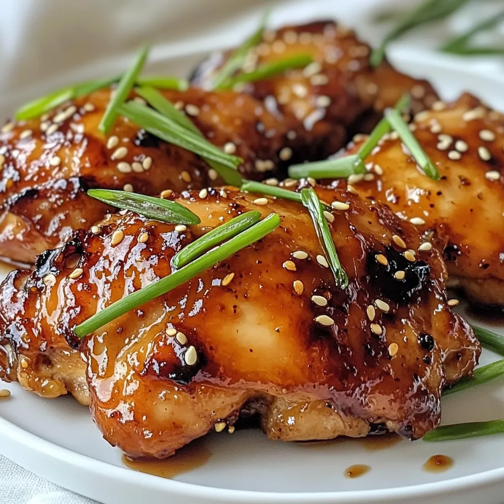 To make Honey Garlic Chicken, gather these simple ingredients: - Chicken Thighs: 4 boneless, skinless - Honey: 1/4 cup - Soy Sauce: 3 tablespoons (low-sodium) - Garlic: 4 cloves, finely minced - Ginger: 1 tablespoon, freshly grated - Sesame Oil: 1 tablespoon - Rice Vinegar: 1 tablespoon - Seasonings: Black pepper and optional red pepper flakes - Garnishes: Green onions and toasted sesame seeds These ingredients create a sweet and savory blend that makes this dish shine. The chicken thighs soak up the honey garlic marinade, ensuring each bite is packed with flavor. Using low-sodium soy sauce keeps the dish balanced and not overly salty. Fresh garlic and ginger add depth and warmth to the marinade. When you prepare this dish, feel free to adjust the seasonings. If you like a little heat, add red pepper flakes. The garnishes of green onions and toasted sesame seeds not only make the dish look nice but also add texture and a pop of flavor. Gather these ingredients, and you’re ready to create a delicious Honey Garlic Chicken that is sure to impress! {{ingredient_image_2}} To start, you need to make the marinade. In a medium bowl, mix together: - 1/4 cup honey - 3 tablespoons low-sodium soy sauce - 4 cloves garlic, finely minced - 1 tablespoon fresh ginger, finely grated - 1 tablespoon sesame oil - 1 tablespoon rice vinegar - 1/2 teaspoon freshly ground black pepper - 1/4 teaspoon red pepper flakes (optional) Whisk these ingredients until smooth. Next, take your 4 boneless, skinless chicken thighs and place them in a large resealable bag or a shallow dish. Pour the marinade over the chicken. Make sure each piece is well coated. Seal the bag or cover the dish tightly. Let it marinate in the fridge for at least 30 minutes. For deeper flavor, you can marinate for up to 4 hours. Once your chicken has marinated, it's time to bake. Preheat your oven to 400°F (200°C). After marinating, take the chicken out and set the leftover marinade aside for later use. Arrange the chicken thighs in a baking dish in a single layer. Bake them for about 25 to 30 minutes. Make sure the chicken reaches an internal temperature of 165°F (74°C) for safe eating. While the chicken bakes, take the reserved marinade and pour it into a small saucepan. Heat it over medium heat until it starts to boil. Then, reduce to low heat and let it simmer for about 5 to 10 minutes. This will thicken the marinade and enhance its flavor. Once your chicken is done baking, brush the thickened marinade over the top. This adds a burst of flavor and a shiny finish to your dish. To get the best flavor, marinate your chicken for at least 30 minutes. For more depth, try marinating for up to 4 hours. This allows the honey, soy sauce, and garlic to soak in well. To enhance the flavor profile, add a splash of orange juice or a pinch of five-spice powder. These small changes can make a big difference. Baking gives the chicken a juicy texture. Frying can create a crisp skin but may use more oil. If you choose to fry, keep an eye on the time. Thicker pieces may need longer to cook. Always check that the chicken reaches 165°F (74°C) inside. This ensures it's safe to eat and still tender. For plating, serve your honey garlic chicken on a bed of jasmine rice. This adds a nice touch and absorbs the sauce. Garnish with thinly sliced green onions and toasted sesame seeds for a pop of color. Steamed broccoli or carrots make great side dishes, too. They balance the sweetness of the chicken and add freshness to your plate. Pro Tips Marinate for Maximum Flavor: Allow the chicken to marinate for at least 4 hours, or overnight if possible, to enhance the flavor profile of the dish. Use Fresh Ingredients: Opt for fresh garlic and ginger for a more vibrant flavor compared to dried alternatives. Check Doneness: Always use a meat thermometer to ensure the chicken has reached an internal temperature of 165°F (74°C) for safe consumption. Serve with Sides: Pair the chicken with jasmine rice or steamed vegetables to create a well-rounded meal that complements the flavors. {{image_4}} You can cook honey garlic chicken in different ways. Grilled Honey Garlic Chicken Grilling adds a smoky taste. To grill, follow the marinating steps first. Preheat your grill to medium-high. Place the marinated chicken on the grill. Cook each side for about 6-8 minutes. Check for an internal temperature of 165°F (74°C). This method gives you a nice char and juicy meat. Slow Cooker Honey Garlic Chicken Using a slow cooker is easy and requires less work. After marinating, place the chicken in the slow cooker. Pour the marinade over it. Cook on low for about 6 hours or high for 3 hours. The chicken will be tender and full of flavor. You can switch some ingredients for different tastes. Using chicken breasts instead of thighs Chicken breasts work well if you prefer lean meat. Just be mindful that they may cook faster. Check the internal temperature early to avoid dryness. Plant-based alternatives for a vegetarian version For a meatless option, use tofu or tempeh. Cut them into cubes and marinate as you would chicken. Bake or grill them just like the chicken. This gives you a tasty dish that everyone can enjoy. Adding new flavors can make your dish unique. Incorporating different spices or herbs Try adding spices like cumin or paprika. Fresh herbs like cilantro or basil can also brighten the dish. Mix these into your marinade for extra depth. Adding vegetables to the marinade You can include veggies in the marinade for added flavor. Bell peppers, carrots, or onions work great. Chop them up and let them soak in the marinade. This adds nutrition and color to your final dish. To store leftover honey garlic chicken, place it in an airtight container. Make sure to cover the chicken tightly to keep it fresh. You can refrigerate it for up to four days. When storing the marinade, keep it in a separate airtight container. This lets you use it later for extra flavor. If you want to freeze honey garlic chicken, first let it cool completely. Then, place the chicken in a freezer-safe bag. Squeeze out the air before sealing it. You can freeze it for up to three months. For thawing, move it to the fridge overnight. You can also use cold water for quick thawing. Just make sure to keep it in a sealed bag. To reheat honey garlic chicken, use the oven for the best results. Preheat the oven to 350°F. Place the chicken in a baking dish and cover with foil. This keeps the moisture in. Bake for about 15-20 minutes or until heated through. If you use a microwave, place the chicken on a microwave-safe plate. Cover it with a damp paper towel to keep it moist. Heat in short bursts, checking often to avoid drying it out. Honey garlic chicken is a tasty dish made with chicken thighs, honey, and garlic. It has roots in Asian cooking, where sweet and savory flavors shine. The honey gives a rich sweetness, while garlic adds a bold kick. This dish is baked, which makes it simple and healthy. Many people enjoy it for its ease and flavor. You can make honey garlic chicken healthier by swapping some ingredients. Use skinless chicken breasts instead of thighs to cut fat. You can also use less honey or a sugar substitute to lower calories. For a gluten-free option, choose coconut aminos instead of soy sauce. Add more veggies, like bell peppers or broccoli, for extra nutrients. Honey garlic chicken pairs well with many sides. Jasmine rice or brown rice gives a nice base. Steamed green beans or broccoli add color and crunch. You could also serve it with a fresh salad for a light option. To make a full meal, add a tasty sauce or dressing on the side. In this post, I shared how to make Honey Garlic Chicken. You learned about the main ingredients and step-by-step instructions. I also gave tips for marinating, cooking, and serving. Variations help you customize this dish to your tastes. Lastly, I covered storage and reheating for leftovers. I hope you feel ready to try this tasty recipe. With these steps and tips, you can create a delicious meal everyone will enjoy. Enjoy cooking!
