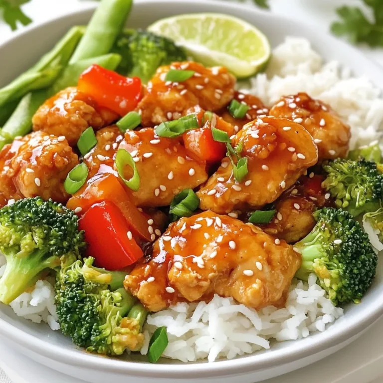 - 4 boneless, skinless chicken breasts - 1/2 cup sweet chili sauce - 2 tablespoons soy sauce - 1 tablespoon fresh ginger, grated - 2 cloves garlic, minced - 1 red bell pepper, sliced - 1 cup broccoli florets - 1 tablespoon sesame oil - 1 tablespoon olive oil - Salt and pepper to taste - Green onions, sliced for garnish - Sesame seeds for garnish The chicken breasts are the star of this dish. I love using boneless, skinless chicken because it cooks quickly and stays juicy. The sweet chili sauce gives the chicken a lovely glaze, making it shine. For the marinade, I mix sweet chili sauce with soy sauce, ginger, and garlic. This mix brings out great flavors in the chicken. I recommend marinating the chicken for at least thirty minutes. For the best taste, let it sit for up to two hours in the fridge. Next, I add vibrant vegetables. The red bell pepper adds crunch and color, while broccoli brings health benefits. Both veggies cook quickly, keeping their bright look. To cook the chicken, I heat sesame oil and olive oil in the pan. These oils add a rich flavor. Salt and pepper help enhance the taste, too. For the garnish, I like to sprinkle green onions and sesame seeds on top. They add a nice touch to the final plate. Plus, they give a little extra flavor. This dish is simple to make and full of fresh ingredients. You can easily adjust the vegetables or sauces based on what you have. {{ingredient_image_2}} First, mix the marinade in a large bowl. Add these ingredients: - 1/2 cup sweet chili sauce - 2 tablespoons soy sauce - 1 tablespoon fresh ginger, grated - 2 cloves garlic, minced - A pinch of salt and pepper Stir well until everything combines. Next, place the chicken breasts into the marinade. Make sure they get fully covered. Let them sit for at least 30 minutes. For the best taste, refrigerate them for up to 2 hours. Now, it’s time to cook. Preheat a large pan or wok over medium to high heat. Add 1 tablespoon of sesame oil and 1 tablespoon of olive oil to the hot pan. Wait until the oil shimmers. Once the oil is hot, add the marinated chicken breasts. Cook each side for about 5 to 7 minutes. You want them to be golden brown and cooked through. The inside should reach 75°C (165°F). After cooking the chicken, take it out and place it on a plate. In the same pan, add the sliced red bell pepper and 1 cup of broccoli florets. Stir-fry these for about 3 to 4 minutes. You want them to be bright and tender-crisp. When the vegetables are done, return the chicken to the pan. Pour the remaining marinade over everything. Heat for another 2 to 3 minutes. Stir gently to mix all the flavors. Now, your Sweet Chili Chicken is ready to serve! To get the best flavor, adjust the sweetness and spiciness of your sauce. If you want more heat, add some red pepper flakes or a dash of hot sauce. For extra sweetness, use honey or brown sugar. I enjoy adding herbs to enhance the taste too. Try fresh cilantro or basil for a fresh twist. These herbs brighten the dish and add depth. I recommend pan-frying for a quick meal, but a wok works well too. A wok gives you high heat and even cooking. Use it if you're cooking for a crowd. To ensure even cooking, cut your chicken into uniform pieces. This way, they all cook at the same rate. Always check that the chicken reaches 165°F. Garnishing makes your dish pop. I suggest topping your Sweet Chili Chicken with sliced green onions and sesame seeds. These add color and crunch. For serving, place the chicken on a bed of jasmine rice or quinoa. This not only adds flavor but also makes the dish look great. Add lime wedges on the side for a zesty touch. Pro Tips Marinate for Maximum Flavor: Allow the chicken to marinate for at least 30 minutes, but if time permits, aim for 2 hours to fully absorb the flavors. Check for Doneness: Ensure the chicken reaches an internal temperature of 75°C (165°F) for safe consumption. Use a meat thermometer for accuracy. Veggie Crunch: To retain the vibrant color and crunch of your vegetables, stir-fry them just until tender, about 3-4 minutes. Serving Suggestion: Serve the dish over steamed jasmine rice or quinoa, and add lime wedges for a refreshing kick that complements the sweetness of the chili sauce. {{image_4}} You can switch up the protein in this dish. Shrimp works great with sweet chili sauce. Just cook it for 3-4 minutes until pink. Tofu is another good option. Use firm tofu and cube it. Sear it until golden for a nice texture. You can also try different cuts of chicken. Thighs add more flavor and stay juicy. Drumsticks and wings are fun and easy, too. Want to make the sauce at home? Mix sugar, vinegar, and chili flakes. You can customize the flavor to your liking. Add fresh lime juice for a zing. Or mix in garlic for more depth. You can even use store-bought sauce. Just check the label for quality and taste. You can add more veggies for color and crunch. Snap peas and carrots work well. Zucchini and mushrooms are tasty choices, too. Seasonal veggies are fresh and fun. In summer, use bell peppers or corn. In fall, add squash or Brussels sprouts. This way, you can make the dish your own. To keep your Sweet Chili Chicken fresh, store it properly in the fridge. Use an airtight container to seal in flavor. Place the chicken in the fridge within two hours of cooking. This helps prevent bacteria growth. Leftovers can last for about 3 to 4 days. Make sure to check for any off smells before eating. If you want to save some for later, freezing is a great option. Allow the chicken to cool completely before freezing. Then, place it in a freezer-safe bag or container. Squeeze out as much air as possible to avoid freezer burn. Cooked Sweet Chili Chicken can last up to 3 months in the freezer. When ready to eat, thaw it in the fridge overnight. Reheat in the oven at 350°F (175°C) until warm. You can also use a microwave for quicker reheating. Just be careful not to overcook it. Enjoy your meal! To add more heat, use extra chili sauce. You can also add red pepper flakes. For more spice, mix in fresh chopped chili peppers. Adjust the amount to fit your taste. Taste as you go to find your sweet spot. Yes, you can use frozen chicken. Thaw the chicken in the fridge overnight. If you need to hurry, use the microwave's defrost setting. After thawing, follow the recipe as usual. Make sure the chicken cooks to a safe internal temperature of 165°F. Sweet Chili Chicken pairs well with jasmine rice or quinoa. You can also serve it with a fresh salad. Try adding steamed broccoli or snap peas for color. For a complete meal, add sliced cucumbers and lime on the side. Enjoy your meal with a refreshing drink like iced tea! In this post, we covered how to make sweet chili chicken from start to finish. You learned about the main ingredients like chicken, vegetables, and sauces. I shared tips for marinating, cooking, and adding vegetables to get the best flavor. You also discovered variations with different proteins and sauces. Remember, achieving a great meal means balancing flavors and textures. Use fresh ingredients to make the dish shine. With these tips, you can create a delicious sweet chili chicken. Enjoy cooking and make it your own!