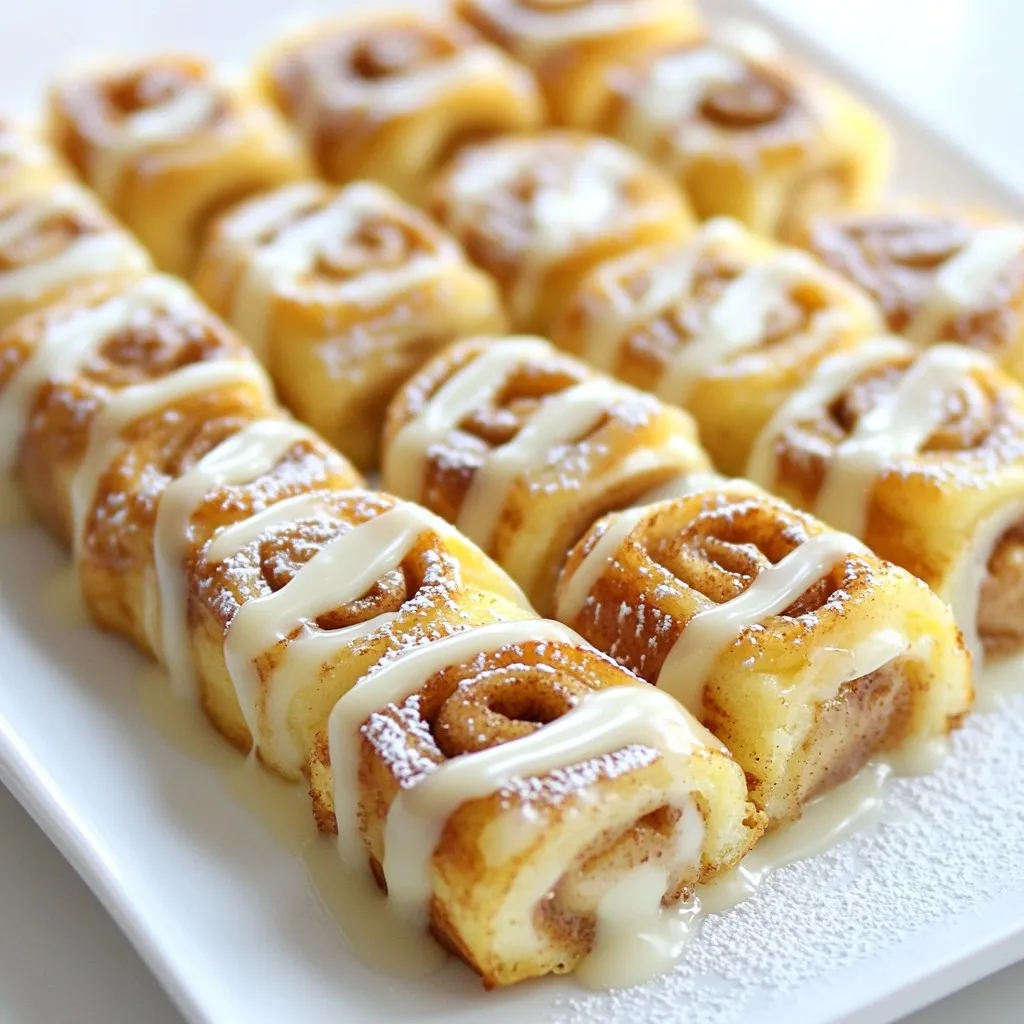 - 1 loaf of white bread (10-12 slices) - 4 large eggs - 1 cup milk (whole or almond) - 1 teaspoon vanilla extract - 2 teaspoons ground cinnamon - 1/4 cup granulated sugar - 1/4 cup cream cheese (softened) - 1/4 cup brown sugar - 1/2 cup powdered sugar (for drizzling) - A pinch of salt - Butter or cooking spray (for frying) You can swap white bread for whole wheat bread for a healthier choice. Almond milk works great if you're lactose intolerant. If you want less sugar, use a sugar substitute or reduce the amount of granulated and brown sugar. For a dairy-free option, use vegan cream cheese. - For 2 servings: Use 5-6 slices of bread, 2 eggs, and 1/2 cup milk. - For 6 servings: Use 15-18 slices of bread, 6 eggs, and 1 1/2 cups milk. - For 8 servings: Use 20-24 slices of bread, 8 eggs, and 2 cups milk. Adjust the other ingredients similarly to keep the flavors balanced. Enjoy customizing this recipe to fit your needs! {{ingredient_image_2}} Start by trimming the crusts off each slice of bread. This step helps the roll-ups stay soft. After that, use a rolling pin to flatten each slice. This makes it easier to roll them up later. In a small bowl, mix the softened cream cheese with the brown sugar and a pinch of cinnamon. Stir until smooth. This filling adds a sweet and creamy touch to your roll-ups. Take each flattened slice of bread. Spread about 1 tablespoon of the cream cheese mixture on one side. Roll the slice tightly from the side with the filling. Make sure the seam is on the bottom to keep it closed. In a shallow bowl, whisk together the eggs, milk, vanilla extract, the remaining ground cinnamon, and a pinch of salt. Mix well until everything is combined. This mixture gives the roll-ups a nice, rich flavor as they cook. Heat a large skillet over medium heat. Add 1 tablespoon of butter or spray the skillet with cooking spray. Dip each roll-up into the egg mixture, covering it well. Place them seam-side down in the skillet. Cook for about 2-3 minutes on each side, until golden brown. In a small bowl, mix powdered sugar with water or milk. Stir until smooth. This drizzle adds a sweet finish to your roll-ups, making them extra special. Serve these warm for the best taste. Arrange the roll-ups on a nice platter. You can sprinkle more cinnamon on top. Add fresh berries or a dusting of powdered sugar for a pretty touch. Enjoy this sweet treat! To make the best Cinnamon Roll French Toast Roll-Ups, start with fresh bread. Use white bread for a soft texture. Trim the crusts off each slice. Then, flatten each slice with a rolling pin. This helps the roll-ups stay tight and hold the filling. When mixing the egg mixture, whisk it well. I like to use a shallow bowl. This makes it easy to dip the roll-ups. Ensure each roll-up is covered evenly. This gives you a golden brown color when cooked. Heat your skillet to medium. If it’s too hot, the outside will burn while the inside stays raw. Use butter or cooking spray to prevent sticking. Cook each roll-up for 2-3 minutes on each side. Look for a nice golden color. One common mistake is not flattening the bread enough. If the slices are too thick, they won't roll well. Another mistake is overfilling. Use just a tablespoon of cream cheese mixture. Too much filling can cause a mess while cooking. Make sure to dip each roll-up fully. If you don’t soak them enough, they may dry out. Also, avoid crowding the skillet. Cook in batches if needed. This ensures even cooking. To add more flavor, mix some vanilla into the egg mixture. A splash can really enhance the taste. You can also add a pinch of nutmeg for warmth. For extra sweetness, drizzle more powdered sugar glaze on top. This makes them look great and taste even better. Consider serving with fresh berries. They add a nice touch and a pop of color. Lastly, try different toppings. Maple syrup, whipped cream, or chopped nuts can elevate your roll-ups. Get creative and enjoy the process! Pro Tips Use Fresh Bread: For the best texture and flavor, use fresh bread that is a day or two old. It will hold up better when rolled and dipped in the egg mixture. Customize the Filling: Feel free to add your favorite ingredients to the cream cheese filling, such as chocolate chips, nuts, or even a dash of nutmeg for extra flavor. Adjust Cooking Time: Keep an eye on the roll-ups while they cook, as cooking times may vary depending on your stovetop. Flip them when they are golden brown for the best results. Serve with Toppings: Enhance the flavor by serving with maple syrup, fresh fruit, or whipped cream. A sprinkle of cinnamon on top adds a nice finishing touch. {{image_4}} You can get creative with flavor in your Cinnamon Roll French Toast Roll-Ups. Adding fruits is a great way to change the taste. Try using sliced bananas, strawberries, or blueberries. Simply add a few pieces of fruit on top of the cream cheese before you roll it up. Chocolate lovers can add chocolate chips. Just sprinkle them on the cream cheese mixture. The melted chocolate will add a rich taste. You can also mix in some nut butter for extra flavor. If you have dietary needs, you can still enjoy these roll-ups. For a gluten-free option, use gluten-free bread. There are many brands that taste great. For dairy-free roll-ups, you can swap cream cheese with a dairy-free alternative. Almond or coconut milk can replace regular milk too. If you want to reduce sugar, use a sugar substitute. This will keep the sweetness without the extra calories. You can adjust the recipe to fit your needs easily. Presentation matters, especially for special events. To make your roll-ups look fancy, arrange them on a nice platter. Sprinkle extra cinnamon on top for color. Fresh berries add a pop of brightness. You can drizzle the sweet glaze over the roll-ups before serving. This gives them a nice shine. For a fun touch, add a few mint leaves for color contrast. These small details will impress your guests! To store leftover Cinnamon Roll French Toast Roll-Ups, first let them cool. Place them in an airtight container. You can keep them in the fridge for up to three days. Make sure they are sealed well to avoid drying out. If you have a lot, consider dividing them into smaller portions. This helps with quick access later. Reheating is easy! You can use a microwave or a skillet. If using a microwave, place the roll-ups on a microwave-safe plate. Heat them for about 20 to 30 seconds. Check to see if they are warm enough. For the skillet method, heat a small amount of butter over medium heat. Place the roll-ups in the skillet and cook for about 1-2 minutes on each side. This will make them crispy again. If you want to save some for later, freezing is a great option. First, let the roll-ups cool completely. Then, wrap each roll-up in plastic wrap. Place them in a freezer-safe bag or container. You can freeze them for up to two months. When ready to eat, thaw them in the fridge overnight. Then, follow the reheating instructions to enjoy them warm! Yes, you can use whole wheat bread. It adds a nice nutty flavor. The texture will change a bit, but it still works well. Just make sure to flatten the slices well before rolling. This helps keep the filling in place. You can prepare the roll-ups ahead of time. Assemble them and place them in a single layer in a dish. Cover them tightly with plastic wrap and store in the fridge. When you're ready to cook, just dip them in the egg mixture and fry as usual. If you want a different flavor, try mascarpone or ricotta cheese. You can also use a dairy-free cream cheese if you prefer. Just make sure it’s soft enough to spread easily. This helps the filling stay smooth and creamy. Yes, you can bake them! Preheat your oven to 375°F (190°C). Place the roll-ups seam side down on a greased baking sheet. Brush them lightly with melted butter. Bake for about 15-20 minutes, flipping halfway through, until golden brown. Baking gives them a nice texture too. This blog post covered how to create delicious roll-ups from start to finish. You learned the essential ingredients and how to prepare them. The step-by-step instructions guide you to make the bread, filling, and the perfect drizzle. I shared tips to avoid mistakes and enhance flavor. You also explored variations and how to store leftovers. With these insights, you can make tasty roll-ups that impress at any meal. Enjoy experimenting and have fun in the kitchen!