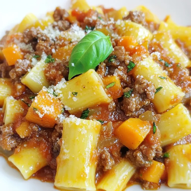 For a rich and tasty beef Bolognese, you need: - 1 pound ground beef - 1 medium onion, finely chopped - 2 cloves garlic, minced - 1 medium carrot, diced - 1 stalk celery, diced - 1 can (28 ounces) crushed tomatoes - 2 tablespoons tomato paste These main ingredients form the base of your sauce. The ground beef adds richness. The veggies give texture and sweetness. Canned tomatoes and tomato paste bring acidity and depth. To enhance the flavor of your sauce, gather these seasonings: - 1 teaspoon dried oregano - 1 teaspoon dried basil - ½ teaspoon red pepper flakes (optional for added heat) - Salt and freshly ground black pepper, to taste Seasonings are key. Oregano and basil add warmth and aroma. Red pepper flakes can give your sauce a spicy kick. Always taste as you season for the best balance. Don’t forget these extra ingredients: - 2 tablespoons olive oil - 1 cup beef broth - Fresh basil or parsley, for garnish Olive oil helps sauté the veggies and beef. Beef broth adds moisture and flavor. Fresh herbs brighten the dish when you serve it. They make your meal not just tasty, but beautiful too! {{ingredient_image_2}} 1. Sautéing the onion, carrot, and celery Start by warming the olive oil in a large pot over medium heat. Add the finely chopped onion, diced carrot, and diced celery. Sauté these veggies for about 5-7 minutes. Cook until they soften and the onion turns translucent. 2. Incorporating garlic for flavor Next, add the minced garlic to the pot. Stir it around for about 1 minute. This step lets the garlic release its tasty aroma, making your sauce even better. 1. Browning ground beef in the pot Now, increase the heat to medium-high. Add the ground beef to the pot. Cook it for about 8-10 minutes. Make sure the beef turns brown all over. 2. Breaking meat into smaller pieces As you cook, use a wooden spoon to break the beef into smaller bits. This helps the meat cook evenly. 1. Mixing in tomatoes and beef broth Once the beef is browned, pour in the crushed tomatoes. Add the tomato paste and beef broth. Stir everything well to combine. 2. Adjusting spices and simmering time Sprinkle in the dried oregano, dried basil, and red pepper flakes if you like heat. Season with salt and freshly ground black pepper. Bring the sauce to a gentle simmer. Reduce the heat to low, cover the pot, and let it simmer for at least 30 minutes. For richer flavor, simmer up to 2 hours. Stir it occasionally to keep it from sticking. For deep flavor, cook your Bolognese sauce for at least 30 minutes. I often go for an hour or even two. The longer you let it simmer, the richer the taste. If you want a thicker sauce, let it simmer uncovered. This allows moisture to escape, making the sauce denser. If it gets too thick, just add a splash of beef broth to loosen it up. Bolognese pairs best with pasta like tagliatelle or pappardelle. These noodles hold the sauce well. For a fun twist, try it with gnocchi or even polenta. When serving, sprinkle fresh basil or parsley on top for color. A light dusting of grated Parmesan cheese adds extra flavor and charm. One common mistake is overcooking the vegetables at the start. Aim for soft, not mushy. Monitor those onions, carrots, and celery closely. Another mistake is skipping the simmering step. If you rush, your sauce may taste flat. Let it simmer and develop those lovely, layered flavors. Pro Tips Use Fresh Herbs: Fresh basil or parsley can elevate the flavor of your Bolognese sauce. Add them just before serving for the best aroma and taste. Don’t Rush the Simmer: Allowing your sauce to simmer for longer develops deeper flavors. If time permits, aim for at least 1 hour of simmering. Enhance with Wine: Adding a splash of red wine after browning the meat can add complexity to the sauce. Let it cook off before adding the tomatoes. Perfect Pasta Pairing: For the best experience, cook your pasta al dente and toss it in the sauce just before serving. This allows the pasta to absorb some sauce flavor. {{image_4}} You can enjoy Bolognese without beef. Use mushrooms or lentils to create a hearty dish. Mushrooms add a rich, umami flavor. They can mimic the texture of meat. Lentils are full of protein and fiber. They soak up the sauce well, making each bite satisfying. You can mix and match these ingredients to find your favorite taste. Try different types of mushrooms, like portobello or shiitake, for added depth. Bolognese sauce varies across Italy. Each region has its own twist. In Bologna, the sauce is thick and rich. It often includes milk or cream for a creamy texture. In Naples, they use more tomatoes and less meat. This version is lighter and fresher. Northern regions may add pancetta or prosciutto for extra flavor. Explore these different styles to find a Bolognese you love. To make your Bolognese even richer, consider adding wine or cream. A splash of red wine can enhance the flavor. It adds depth and a slight sweetness. Cream makes the sauce smooth and velvety. Just stir it in at the end of cooking. You can also try adding a pinch of nutmeg for warmth. Each of these additions can elevate your dish to new heights. To store leftovers in the refrigerator, let the sauce cool first. Place it in an airtight container. This keeps the sauce fresh for up to four days. Make sure to label the container with the date. It’s best to use the sauce within this time for optimal taste. For long-term storage, freezing the Bolognese sauce is a great option. Allow the sauce to cool completely. Then, pour it into freezer-safe bags or containers. Remove as much air as possible before sealing. This helps prevent freezer burn. The sauce can last up to three months in the freezer. Remember to date your containers for easy tracking! When it’s time to enjoy your Bolognese again, reheating it properly is key. Thaw it overnight in the fridge if frozen. Reheat on the stove over low heat. Stir the sauce frequently to keep it from sticking. If the sauce seems thick, add a splash of beef broth or water. This keeps the flavor and texture just right. For microwave reheating, use a microwave-safe dish and cover it. Heat in short bursts, stirring in between. Enjoy your meal just as if it were freshly made! Bolognese sauce lasts about 3 to 4 days in the fridge. To store it safely, place it in an airtight container. This keeps it fresh and prevents strong smells from spreading. Always check for any signs of spoilage before using it. If it smells off or has changed color, toss it out. Yes, you can make Bolognese sauce ahead of time. Preparing it in advance has many benefits. First, the flavors deepen as it sits. This makes the sauce even tastier. You can store it in the fridge for up to 4 days or freeze it for up to 3 months. Just be sure to let it cool before storing. This helps keep the texture and flavor intact. The best pasta for Bolognese is tagliatelle or pappardelle. These wide noodles grab the sauce well. You can also use spaghetti, which is a classic choice. Remember to cook the pasta al dente for the best texture. Pair it with a sprinkle of cheese and fresh herbs for a delicious meal. Enjoy your hearty dish! In this post, we explored how to make a hearty Beef Bolognese. We discussed the main ingredients like ground beef and fresh veggies. I shared step-by-step instructions for making and serving your sauce. We also covered tips for perfecting your Bolognese, plus variations for personal touches. Remember, cooking allows room for creativity. Don't hesitate to tweak the recipe to suit your taste. Enjoy crafting your dish, and relish the warm, rich flavors of this classic meal.