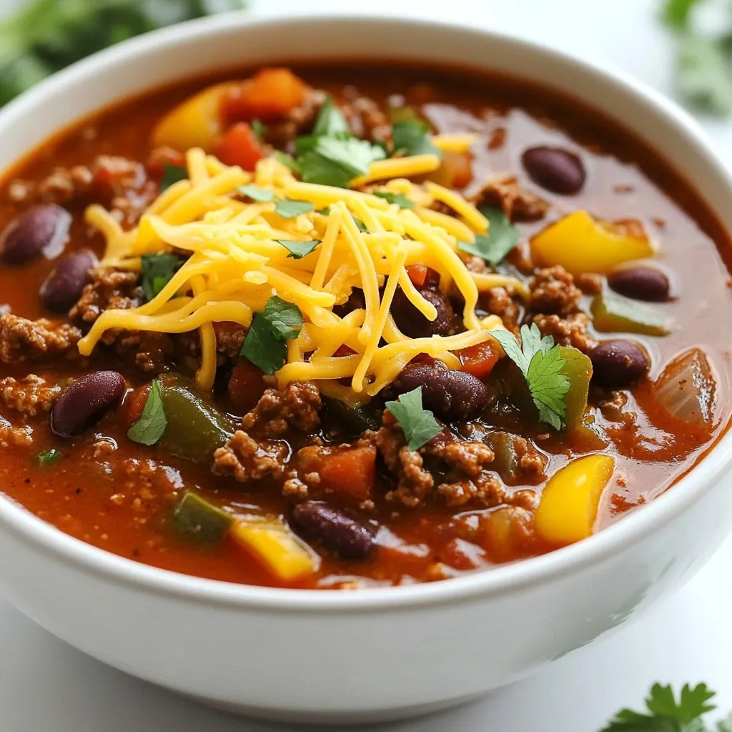 - 1 lb (450 g) ground beef - 1 large onion, finely diced - 2 cloves garlic, minced - 1 bell pepper (red or green), diced - 1 can (15 oz/425 g) kidney beans, rinsed and drained - 1 can (15 oz/425 g) black beans, rinsed and drained - 1 can (14.5 oz/410 g) diced tomatoes with green chilies The main ingredients in my stovetop beef chili come together to create a rich and hearty meal. Ground beef serves as the heart of the dish, providing protein and flavor. I like to use a large onion, finely diced. It adds sweetness and depth. Garlic, with its strong aroma, gives the chili a warm base. A bell pepper adds crunch and color. Beans, like kidney and black beans, bring fiber and make the meal filling. Diced tomatoes with green chilies add acidity and a slight kick. - 2 tablespoons chili powder - 1 tablespoon ground cumin - 1 teaspoon smoked paprika - 1 teaspoon salt - ½ teaspoon freshly ground black pepper The spices and seasonings are what truly elevate this chili. Chili powder brings heat and warmth. Ground cumin adds a nutty flavor. Smoked paprika gives a hint of smokiness. Salt and pepper enhance all the other flavors. I season generously to create a bold and satisfying taste. - Shredded cheddar cheese - Fresh cilantro Finally, garnishes make the dish fun and appealing. I love adding shredded cheddar cheese. It melts beautifully and adds creaminess. Fresh cilantro gives a bright, fresh touch. It also adds a pop of color. These garnishes not only enhance flavor but also make the meal look appetizing. {{ingredient_image_2}} Start by heating 2 tablespoons of olive oil in a large pot over medium heat. When the oil shimmers, add 1 finely diced onion and 1 diced bell pepper. Sauté these for about 5 minutes. Stir them often until they soften and smell great. Next, add 2 minced garlic cloves and 1 pound of ground beef. Cook the beef, breaking it up with a spoon. Keep cooking until the beef turns brown and no pink remains, which takes about 7-10 minutes. Now, sprinkle in 2 tablespoons of chili powder, 1 tablespoon of ground cumin, 1 teaspoon of smoked paprika, 1 teaspoon of salt, and ½ teaspoon of black pepper. Stir it all well so the spices coat the meat and veggies nicely. Pour in 1 cup of beef broth. Let this mix come to a gentle simmer. This helps all the flavors blend together beautifully. After that, add 1 can of diced tomatoes with green chilies, plus 1 can each of kidney beans and black beans. Make sure to rinse and drain the beans first. Mix everything together until well combined. Reduce the heat to a gentle simmer. Let the chili cook for at least 30 minutes. If you have time, simmer it for up to an hour for even more flavor. Stir it occasionally. Before serving, taste the chili and adjust the seasoning to your liking. To make your chili taste better, let it simmer longer. I recommend at least 30 minutes. For a deeper taste, simmer for an hour. Before serving, taste your chili. If it needs more flavor, add salt or spices. You can always adjust the seasoning to your liking. Just sprinkle in a little more chili powder or cumin. Stir well and taste again. If you like thick chili, cook it longer with the lid off. This helps the liquid reduce. You can also mash some beans against the pot's side. This thickens the mix naturally. If your chili is too thick, add a bit of beef broth. Stir it in slowly until you reach your desired thickness. For a great meal, serve your chili with tortilla chips. They add a nice crunch. You can also pair it with crusty bread for dipping. When serving, ladle the chili into deep bowls. Top it with shredded cheddar cheese and fresh cilantro. This adds color and flavor to your dish. Remember, presentation matters! Pro Tips Enhance Flavor Depth: For a richer flavor, consider adding a tablespoon of Worcestershire sauce or a dash of hot sauce while the chili simmers. Bean Variations: Feel free to mix and match different types of beans like pinto or cannellini beans to give your chili a unique twist. Make It Ahead: Chili tastes even better the next day! Make it ahead of time and store it in the fridge to let the flavors meld overnight. Freezing for Later: This chili freezes well! Portion it into airtight containers for quick meals during busy weeks. {{image_4}} You can make a great vegetarian chili. Start by replacing the ground beef with plant-based meat. Brands like Beyond Meat or Impossible Burger work well. You can also add more vegetables like zucchini, corn, or mushrooms. They add flavor and texture. Use a mix of beans, like pinto or chickpeas, for protein. This way, your chili stays hearty and satisfying. If you love heat, try a spicy version of your chili. Add diced jalapeños or a splash of your favorite hot sauce. This will give your dish a nice kick. You can also increase the chili powder. Start with an extra tablespoon, then taste it. Make sure it’s spicy enough for you. Experimenting with beans can change your chili's flavor. While kidney and black beans are classic, don’t be afraid to try others. Great Northern beans, pinto beans, or even lentils add a unique twist. Lentils also bring a nice texture and cook quickly. Feel free to mix and match for a fun chili adventure. After cooking your beef chili, let it cool down. Store it in an airtight container. This helps keep the chili fresh. It lasts in the fridge for about 3 to 4 days. If you want to enjoy it later, be sure to label the container with the date. To freeze chili, let it cool first. Then, pour it into freezer-safe containers. Leave some space at the top for expansion. It can last up to 3 months in the freezer. When you’re ready to eat it, take it out of the freezer and put it in the fridge overnight to thaw. To reheat, you can use the microwave or stovetop. For the microwave, place chili in a bowl and cover it. Heat for about 2 to 3 minutes, stirring halfway. For stovetop reheating, pour chili into a pot over medium heat. Stir often until it’s warm. Stovetop reheating helps keep the flavor and texture nice and smooth. Stovetop beef chili takes about 40 to 60 minutes to cook. Here’s the breakdown: - Prep time: 10 minutes to chop vegetables and gather ingredients. - Cooking time: 30 to 50 minutes for simmering. The longer you simmer, the deeper the flavor. Yes, you can make this chili in advance! Here are some tips: - Meal Prep: Cook the chili and let it cool completely. - Storage: Store in an airtight container in the fridge for up to 4 days. - Freezing: Freeze it for up to 3 months. Thaw it overnight in the fridge before reheating. Beef chili pairs well with many tasty sides: - Tortilla chips: Crunchy and perfect for scooping. - Crusty bread: Great for dipping. - Rice or cornbread: Adds a comforting touch. You can also top it with shredded cheese and fresh cilantro for extra flavor! This blog post covered how to make the best stovetop beef chili. I shared key ingredients, like ground beef, veggies, and spices. You learned step-by-step instructions for preparing the dish and tips to enhance your chili's flavor and consistency. I also discussed variations, storage tips, and common questions about cooking times and serving suggestions. Now, you can enjoy a warm bowl of chili. Try different ingredients and enjoy. Your chili will impress friends and family!
