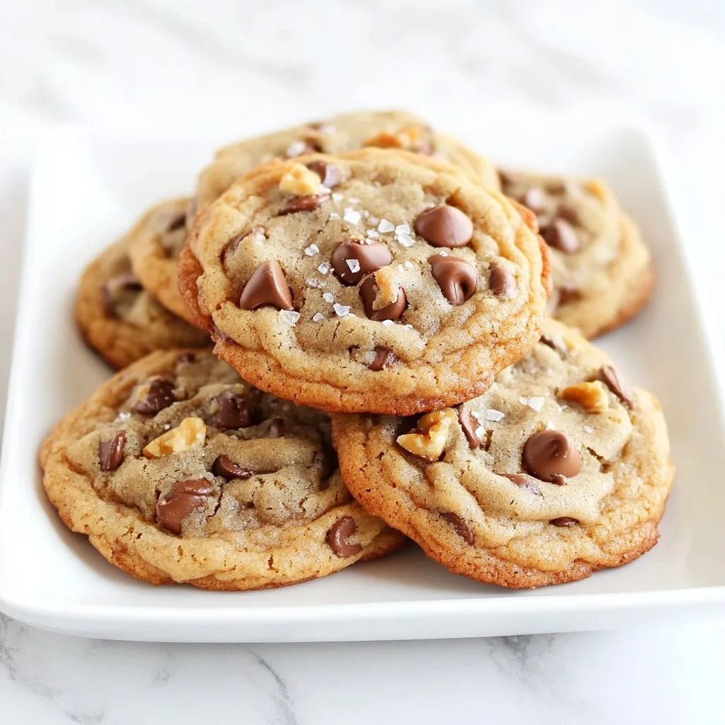 To make bakery-style chocolate chip cookies, you need these main ingredients: - 2 1/4 cups all-purpose flour - 1 teaspoon baking soda - 1 teaspoon salt - 1 cup unsalted butter, softened - 3/4 cup light brown sugar, packed tightly - 3/4 cup granulated sugar - 1 tablespoon pure vanilla extract - 2 large eggs, at room temperature - 2 cups semi-sweet chocolate chips Each of these ingredients plays a key role. The flour gives structure. The butter adds richness. The sugars create sweetness and help with browning. The eggs provide moisture and binding. The chocolate chips bring that classic flavor. You can add some fun extras if you like. Consider these: - 1/2 cup chopped walnuts or pecans (optional) - Flaky sea salt for finishing Nuts add a nice crunch. They also enhance the flavor. Sprinkling flaky sea salt on top gives a sweet and salty mix. It makes each bite even more special. If you need to convert measurements, here are some easy tips: - 1 cup = 240 milliliters - 1 teaspoon = 5 milliliters - 1 tablespoon = 15 milliliters Using these conversions helps when you need to adjust your recipe. This ensures you have just the right amounts for perfect cookies. {{ingredient_image_2}} Start by measuring your ingredients carefully. Use 2 1/4 cups of all-purpose flour, 1 teaspoon of baking soda, and 1 teaspoon of salt. These dry ingredients need to mix well, so whisk them in a bowl and set them aside. Next, grab 1 cup of softened unsalted butter, 3/4 cup of packed light brown sugar, and 3/4 cup of granulated sugar. These will make your cookies sweet and rich. Don't forget 1 tablespoon of pure vanilla extract and 2 large eggs at room temperature. These are key to a smooth batter. If you love nuts, prepare 1/2 cup of chopped walnuts or pecans. Finally, have 2 cups of semi-sweet chocolate chips ready for that gooey goodness. In a large mixing bowl, combine the softened butter, brown sugar, and granulated sugar. Mix these using a hand mixer or a stand mixer for about 2-3 minutes. Your goal is a light and fluffy texture. Then, add the vanilla extract and mix again. Next, add the eggs one by one, mixing well after each addition. This step is important for a uniform batter. Now, slowly add the dry ingredients to the wet mixture. Stir gently until just combined. Overmixing can lead to tough cookies, so be careful here. Lastly, fold in the chocolate chips and nuts, ensuring they are evenly spread throughout the dough. Preheat your oven to 350°F (175°C) and prepare two baking sheets lined with parchment paper. This helps the cookies not stick. Use a cookie scoop or a spoon to drop generous mounds of dough, about 2-3 tablespoons each, on the baking sheets. Leave about 2 inches between each mound to allow spreading. For an extra touch, sprinkle a pinch of flaky sea salt on top of each mound before baking. Bake the cookies for 10-12 minutes until they are golden brown around the edges but still soft in the center. After baking, let them cool on the sheet for about 5 minutes. Then, transfer them to a wire rack to cool completely. Enjoy the aroma as they cool! To get that bakery-style cookie texture, focus on the butter. Use unsalted butter at room temperature. Cream it until light and fluffy. This step lets air in, making your cookies soft. Next, don’t overmix the dough after adding flour. Stir gently until just combined. This keeps the cookies from getting tough. One common mistake is using cold butter. Cold butter makes it hard to cream. Always let it sit out for a bit. Another mistake is baking too long. Watch for golden edges but a soft center. Take them out when they look slightly underbaked. They’ll firm up as they cool. Want a flavor boost? Try adding a touch of almond extract. It pairs well with vanilla. Also, sprinkle flaky sea salt on top before baking. This adds a nice contrast to the sweet chocolate. If you love nuts, fold in walnuts or pecans for crunch. These small changes make a big difference! Pro Tips Chill the Dough: For thicker cookies, refrigerate the dough for at least 30 minutes before baking. This helps prevent spreading and enhances the flavor. Use Quality Chocolate: Opt for high-quality semi-sweet chocolate chips for a richer taste. You can also mix in dark chocolate for a more intense flavor. Don’t Overbake: Keep an eye on the cookies as they bake. They should look slightly underbaked in the center; they'll continue to cook on the baking sheet after removal. Experiment with Mix-ins: Feel free to get creative! Try adding dried fruits, coconut flakes, or different nuts to customize your cookies. {{image_4}} You can make these cookies gluten-free. Use a 1-to-1 gluten-free flour blend. This blend works like regular flour, so it’s easy to swap. Just follow the same steps in the recipe. Your cookies will be just as tasty! If you want to cut back on sugar, try alternative sweeteners. You can use coconut sugar or honey. Use less honey since it's sweeter than regular sugar. Remember, this can change the texture, so keep an eye on the dough. Get creative with mix-ins! Try adding M&Ms for color and crunch. Dried fruit like cranberries or cherries adds a nice chew. You can also mix in peanut butter chips or butterscotch chips. Just remember to keep the total amount around 2 cups. This way, your cookies stay soft and delicious! To keep your cookies fresh, use an airtight container. This method traps moisture and keeps cookies soft. You can layer parchment paper between the cookies. This prevents them from sticking together. Store the container at room temperature, away from heat and sunlight. Freezing cookies is easy and smart. First, let them cool completely. Then, place them in a single layer on a baking sheet. Freeze for about one hour. This step helps keep their shape. After freezing, transfer to a freezer-safe bag or container. They can last up to three months in the freezer. To make cookies soft again, use the oven or microwave. For the oven, preheat to 350°F (175°C). Place cookies on a baking sheet and heat for about 5 minutes. For the microwave, heat one cookie for about 10 seconds. Be careful not to overheat, or they may become tough. Enjoy your warm, chewy treat! These cookies last up to one week at room temperature. Store them in an airtight container. If you want them fresh, put them in the fridge. They can stay good for two weeks in there. You can also freeze them! Just wrap them well and pop them in the freezer. They keep for up to three months this way. Absolutely! You can use dark chocolate or milk chocolate chips. White chocolate is also delicious. You can mix types too. Try a blend for a fun twist on flavor. Just keep the ratio of chocolate the same. This way, the cookies will still taste great. The secret lies in the dough! Cream your butter and sugars well to get fluffiness. Use good quality chocolate; it makes a big difference. Don't overmix the dough after adding the flour. Add a pinch of flaky sea salt for a tasty finish. Letting the dough chill for a bit helps too. Chilled dough enhances the flavor and gives a better texture. In this post, we explored the key ingredients for making bakery-style chocolate chip cookies. I shared step-by-step guides for mixing, baking, and cooling. You learned tips for texture and flavor, plus variations for dietary needs. Finally, we covered the best ways to store and reheat your cookies. With this knowledge, you can bake cookies that impress. Enjoy the process and taste the results!