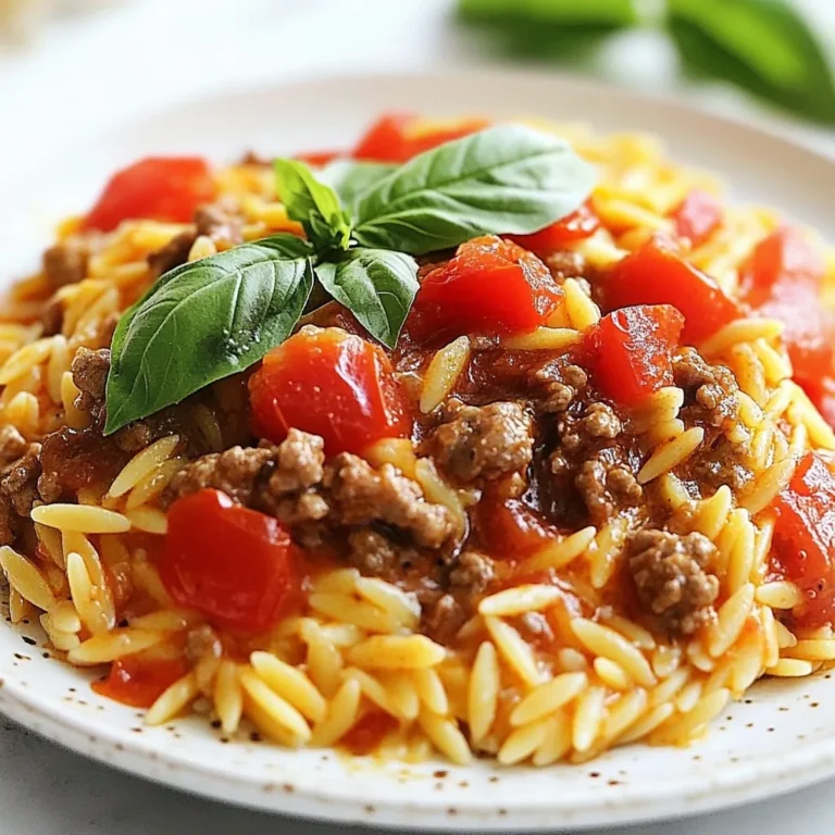 - 1 pound ground beef - 1 cup orzo pasta - 2 cups diced tomatoes - 1 medium onion, finely chopped - 3 cloves garlic, minced - 1 teaspoon dried basil - 1 teaspoon dried oregano - 1 cup heavy cream - 2 tablespoons olive oil - Salt and pepper, to taste - ½ teaspoon red pepper flakes (optional) Gather these ingredients for a rich and tasty Tomato Cream Beef Orzo. Ground beef gives this dish its hearty base. Orzo pasta adds a fun texture. Diced tomatoes bring sweetness and acidity to balance the cream. For flavor, onion and garlic add depth. Dried basil and oregano bring an herbal touch. Heavy cream makes the sauce rich and smooth. Olive oil helps cook the aromatics and beef. Season with salt, pepper, and red pepper flakes for heat. Use fresh tomatoes if you can find ripe ones. They add a bright taste. Each ingredient plays a role in making this dish simple yet satisfying. {{ingredient_image_2}} Start by heating 2 tablespoons of olive oil in a large skillet over medium heat. Once the oil is hot, add 1 medium onion that you have finely chopped. Cook it until it is soft and clear. This takes about 3 to 4 minutes. Next, add 3 cloves of minced garlic. Stir it for about a minute until it smells fragrant. This step builds a tasty base for your dish. Now, it's time to add 1 pound of ground beef to the skillet. Use a wooden spoon to break the beef into smaller pieces as it cooks. Season it with salt, pepper, 1 teaspoon of dried basil, 1 teaspoon of dried oregano, and ½ teaspoon of red pepper flakes if you want some heat. Cook the beef for about 5 to 7 minutes. Make sure it is brown and no longer pink. Once the beef is browned, add 2 cups of diced tomatoes to the skillet. Stir everything together well. Let this mix simmer gently for about 5 minutes. This allows all the flavors to blend nicely. Now, add 1 cup of orzo pasta to the skillet. Pour in 2 cups of water or broth. Stir again to mix. Bring this to a boil, then reduce the heat to low. Cover the skillet and let it cook for about 10 to 12 minutes. Stir occasionally to stop the orzo from sticking. When the orzo is cooked, lower the heat again. Pour in 1 cup of heavy cream and mix well. This will turn the dish creamy and rich. Taste it and add more salt and pepper if you think it needs it. Let the mix simmer for 2 to 3 minutes more. This helps it thicken a bit. Once done, remove it from the heat. Serve it hot and add fresh basil leaves on top for a bright touch. Enjoy your tasty Tomato Cream Beef Orzo! - Best practices for browning beef: Start with a hot skillet and enough oil. This helps the beef brown well. Break it apart as it cooks. This way, it cooks evenly and gets that nice, rich flavor. - Enhancing creamy texture: Pour in the cream after cooking the orzo. Stir it in slowly to mix well. This keeps the sauce smooth and thick. You can also add a splash of pasta water for more creaminess. - Pairing with sides: Serve this dish with garlic bread or a fresh salad. A green salad with vinaigrette adds a nice crunch. You could also try steamed veggies for a healthy balance. - Presentation ideas: Serve in shallow bowls for a nice look. Add fresh basil on top for color. A sprinkle of grated cheese can also make it more appealing. - Alternatives for ground beef: You can use ground turkey or chicken. If you want a vegetarian option, try lentils or mushrooms. Both give a nice texture. - Non-dairy cream options: For a dairy-free version, use coconut cream or cashew cream. These options keep the dish rich and creamy without dairy. Pro Tips Use Fresh Ingredients: Whenever possible, opt for fresh tomatoes and basil to enhance the flavor of your dish significantly. Cook Orzo Al Dente: Keep an eye on the orzo while it cooks. Aim for an al dente texture, as it will continue to absorb liquid even after you remove it from the heat. Customize the Spice Level: Adjust the amount of red pepper flakes to suit your taste. For a milder dish, you can omit them entirely. Garnish Just Before Serving: Add fresh basil leaves as a garnish right before serving to maintain their vibrant color and fresh flavor. {{image_4}} You can make this dish vegetarian by swapping the ground beef for plant-based proteins. Options like lentils or crumbled tempeh work well. Both provide a hearty texture. You can also use meatless crumbles found in many stores. Always season them like you would beef to keep that rich flavor. If you love heat, try a spicy version! Add more red pepper flakes at the start. You can also mix in your favorite hot sauce when you add the cream. This will give your dish a nice kick. Adjust the spice level to suit your taste. Want to keep it simple? Make it a one-pot meal! Use rice or quinoa instead of orzo. Adjust the liquid amount as rice may need more water. This method makes cleanup a breeze. Plus, it still tastes amazing! To store leftovers, let the dish cool first. Place it in an airtight container. This helps keep the orzo moist and fresh. I recommend using glass or BPA-free plastic containers. They stack well and make it easy to see what’s inside. For freezing, let the dish cool completely. Then, transfer it to freezer-safe containers. Leave some space at the top for expansion. You can also use freezer bags, squeezing out the air. When you're ready to eat, thaw it overnight in the fridge. For reheating, warm it on the stove over low heat. Add a splash of water or cream to bring back the creamy texture. In the fridge, Tomato Cream Beef Orzo lasts about 3 to 4 days. If you freeze it, aim to eat it within 2 to 3 months. After this time, it may lose flavor and texture. Always check for signs of spoilage before eating. To make Tomato Cream Beef Orzo, you need these steps and ingredients: - 1 pound ground beef - 1 cup orzo pasta - 2 cups diced tomatoes - 1 cup heavy cream - 1 medium onion, chopped - 3 cloves garlic, minced - 1 teaspoon dried basil - 1 teaspoon dried oregano - ½ teaspoon red pepper flakes (optional) - Salt and pepper, to taste - 2 tablespoons olive oil 1. Start by heating olive oil in a large skillet. 2. Add chopped onion and cook until soft. 3. Add minced garlic and ground beef. Brown the beef and season it. 4. Stir in diced tomatoes and let it simmer. 5. Add orzo pasta with water or broth. Cook until the orzo is tender. 6. Pour in heavy cream and mix well. 7. Let it simmer until slightly thickened. This dish is creamy and full of flavor! Yes, you can use other pasta types. Some great options are: - Penne - Fusilli - Farfalle Each pasta brings a unique texture. Just adjust the cooking time based on the type you choose. To make Tomato Cream Beef Orzo gluten-free, try these options: - Use gluten-free orzo or any gluten-free pasta. - Check your diced tomatoes for gluten-free labels. - Ensure the broth or water you use is also gluten-free. These swaps keep your meal delicious without gluten! This dish pairs well with many sides. Here are some tasty suggestions: - Garlic bread for a crunchy bite. - A fresh green salad with vinaigrette. - Roasted vegetables for added nutrition. These sides make your meal feel complete and satisfying! In this blog post, we explored how to make a tasty Tomato Cream Beef Orzo. We covered key ingredients, like ground beef, orzo pasta, and aromatic spices. I shared step-by-step instructions to help you cook the dish and tips for enhancing flavor. Don't forget serving suggestions and ingredient substitutions for your own twist. This dish is versatile, letting you choose vegetarian or spicy variations. With proper storage, you can enjoy leftovers for days. Dive into this recipe, and enjoy a comforting meal that’s easy to make.