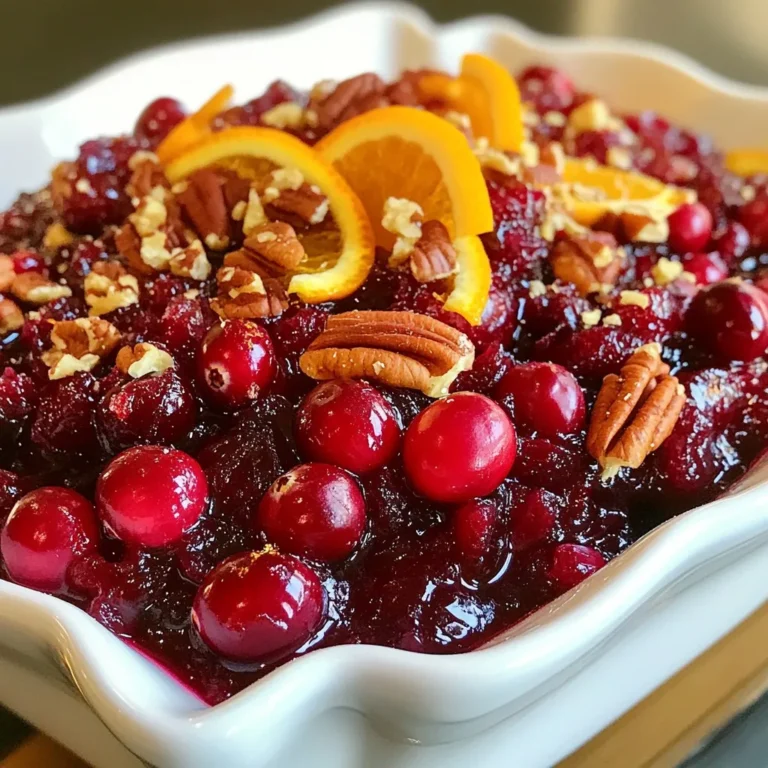 - 12 oz fresh cranberries, rinsed and sorted - 1 cup fresh orange juice (freshly squeezed preferred for brightness) - 1 cup granulated sugar - Zest of 1 medium orange - 1/4 cup pecans, chopped (optional for a delightful crunch) - 1/4 teaspoon ground cinnamon - 1/4 teaspoon fine sea salt - 1 tablespoon honey (optional, for a touch of sweetness) - Chopped pecans for added crunch - Honey for extra sweetness To get the best flavor, always use fresh cranberries. They should be bright and firm. Rinse them well to remove any dirt or debris. Fresh orange juice really makes a difference. Squeeze the oranges yourself for the best taste. Use the zest of the orange too; it adds a lovely aroma. If you want more texture, add chopped pecans. They give a nice crunch. If you like it sweeter, a tablespoon of honey can do the trick. Start with less sugar if you prefer a tart taste. Adjust the sweetness to suit your palate. This way, you make the sauce just right for your holiday feast. {{ingredient_image_2}} Start by rinsing 12 oz of fresh cranberries. Look for ones that are bright and firm. Next, grab one medium orange. You will need to squeeze it for 1 cup of juice. Make sure to zest that orange too; it adds a nice touch! Gather your other ingredients: 1 cup of granulated sugar, 1/4 teaspoon of ground cinnamon, and 1/4 teaspoon of fine sea salt. If you want a crunch, chop 1/4 cup of pecans. You can also add 1 tablespoon of honey for extra sweetness. In a medium saucepan, mix the cranberries, orange juice, sugar, zest, cinnamon, and salt. Place the pan on medium-high heat. Stir the mix until it boils. Keep stirring to help the sugar dissolve. Once it boils, lower the heat to medium-low. Let it simmer for 10 to 15 minutes. Stir now and then. You will know it is done when the cranberries pop and the sauce thickens. If you add pecans, stir them in along with honey in the last few minutes. After cooking, take the pan off the heat. Let the sauce cool to room temperature. As it cools, it will thicken more. Once cooled, transfer the sauce to a pretty dish or jar. For great flavor, chill it in the fridge for at least one hour before serving. When ready, serve it in a sparkling glass bowl, and add a few whole cranberries and an orange slice for a festive look. To make your cranberry sauce shine, focus on the orange juice and zest. Freshly squeezed juice gives a bright taste. The zest adds a punch of flavor. For extra sweetness, mix in honey during cooking. If you like crunch, add chopped pecans. They pair well with the tart cranberries. A pinch of ground cinnamon adds warmth. Keep tasting as you cook to find your perfect balance. One common mistake is overcooking the sauce. Cranberries burst open and thicken quickly. Stir often to prevent burning. Also, don’t skip the salt! It helps balance the sweetness. If you want a smoother sauce, blend it after cooking. However, some enjoy the texture of whole cranberries. Choose what you like best. Lastly, remember to cool the sauce before serving. It thickens as it cools. For a festive touch, serve cranberry sauce in a glass bowl. Garnish it with whole cranberries and an orange slice. This makes it look special on your holiday table. Pair the sauce with turkey or ham. It also goes well with cheese platters. For a fun twist, use it on pancakes or waffles. Your guests will love the bright flavor! Pro Tips Freshness is Key: Use fresh cranberries for the best flavor and texture. They provide a tartness that pairs perfectly with the sweetness of sugar and orange juice. Experiment with Sweetness: Adjust the amount of sugar and honey to your taste. If you prefer a less sweet sauce, start with less sugar and add more honey if needed. Chill for Flavor: Allow the cranberry sauce to chill in the refrigerator for at least an hour before serving. This enhances the flavors and allows the sauce to thicken further. Make Ahead: Prepare the sauce a day in advance. It stores well in the refrigerator and develops deeper flavors overnight, making it perfect for holiday gatherings. {{image_4}} You can switch up the ingredients in this cranberry sauce. Instead of orange juice, use apple juice for a sweeter taste. You could also try lemon juice for a tangy kick. If you want a different texture, add chopped apples or pears. Experiment with dried fruits, like raisins or apricots, for extra flavor. You can also swap granulated sugar for brown sugar to deepen the taste. To create a unique flavor, add spices like ginger or nutmeg. These spices bring warmth and depth to the sauce. You can also mix in a splash of brandy or bourbon for a festive touch. Try adding vanilla extract for a sweet aroma. If you love heat, toss in a pinch of red pepper flakes for a surprising twist. If you need a diabetic-friendly version, reduce the sugar. Use a sugar substitute, like stevia or erythritol, to keep it sweet without the calories. You can also use unsweetened cranberry juice to cut down on sugar. Add extra spices, like cinnamon, to enhance the flavor without adding carbs. Always check with a doctor before making changes to your diet. To keep your fresh Christmas cranberry sauce tasty, use an airtight container. Glass jars work well. Make sure the sauce is cool before sealing. This helps it stay fresh longer. Store it in the fridge for best results. The cold helps keep the flavors bright and the sauce thick. When stored properly, this cranberry sauce lasts about one week in the fridge. After a week, the taste may not be as fresh. Always check for any off smells or changes in color before using. If it looks or smells funny, it's best to toss it. You can freeze cranberry sauce for up to six months. Pour it into a freezer-safe container, leaving some space at the top. The sauce expands when it freezes. Label the container with the date to keep track. To thaw, place it in the fridge overnight. Stir well before serving to bring back its smooth texture. Yes, you can make this cranberry sauce a day or two ahead. It tastes even better after resting. The flavors blend and deepen. Just store it in the fridge in a tight jar. When you are ready to serve, take it out and let it warm a bit. You can change the sweetness by adding or reducing sugar. Start with less sugar to taste. You might want to add honey for a nice twist. If it’s too sweet, add a bit more orange juice or a pinch of salt. Taste as you go to find your perfect balance. You can serve cranberry sauce with turkey or ham. It also pairs well with cheese and crackers. Try it on a warm biscuit or with roasted veggies. This sauce adds a burst of flavor to many dishes, making it a festive delight. In this blog, I shared key details about making cranberry sauce. We covered ingredients, step-by-step cooking, and helpful tips. You learned how to avoid mistakes and serve it well for Christmas. I also explored variations and storage options. Remember, cranberry sauce is flexible and can fit many tastes. Use this guide to impress your guests and enjoy time with loved ones. Happy cooking!