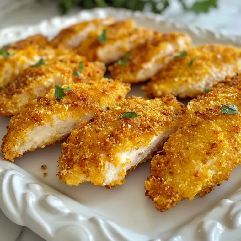 To make tasty air fryer chicken tenders, you need these simple ingredients: - 1 lb boneless, skinless chicken breast, cut into strips - 1 cup buttermilk (or 1 cup milk + 1 tbsp lemon juice) - 1 cup all-purpose flour - 1 tsp garlic powder - 1 tsp onion powder - 1 tsp paprika - 1 tsp salt - 1/2 tsp black pepper - 1/2 tsp cayenne pepper (optional) - 1 cup panko bread crumbs - Cooking spray These ingredients work together to create tasty, crispy tenders. You can change a few ingredients for different flavors: - Chicken: Use chicken thighs for more juiciness. - Buttermilk: If you don’t have buttermilk, you can use milk with lemon juice. - Flour: Swap all-purpose flour for gluten-free flour for a gluten-free option. - Spices: Add herbs like thyme or oregano for extra flavor. These swaps can add a fun twist to your chicken tenders. Experiment with flavors by mixing and matching seasonings: - Herb Blend: Use dried thyme, rosemary, and basil for a fresh taste. - Spicy Kick: Add extra cayenne and some chili powder for heat. - Savory Twist: Mix in some Italian seasoning for a classic taste. These seasoning ideas will help you create chicken tenders that suit your taste. {{ingredient_image_2}} Start by marinating the chicken. Take one pound of boneless, skinless chicken breast and cut it into uniform strips. In a mixing bowl, add the chicken strips and one cup of buttermilk. Make sure each piece is coated well. Cover the bowl with plastic wrap. Place it in the fridge for at least 30 minutes. If you have more time, let it sit overnight. This step makes the chicken tender and juicy. Now, prepare your dredging station. You need three bowls for this. In the first bowl, mix one cup of all-purpose flour with one teaspoon each of garlic powder, onion powder, paprika, salt, and black pepper. If you like heat, add half a teaspoon of cayenne pepper. The second bowl is for the buttermilk. Pour the leftover buttermilk into this bowl. In the third bowl, add one cup of panko bread crumbs. This will give your chicken that extra crunch. Remove the chicken from the buttermilk. Allow any excess liquid to drip off. Take one chicken strip and dredge it in the flour mixture. Ensure it’s evenly coated. Next, dip it back into the buttermilk. Again, let the excess liquid drip off. Now, roll the strip in the panko bread crumbs. Press gently to make sure they stick well. Repeat this process for all chicken strips until they are fully coated. Preheat your air fryer to 400°F (200°C) for about 5 minutes. This helps in cooking the chicken evenly. Lightly spray the air fryer basket with cooking spray. Arrange the coated chicken tenders in a single layer. Avoid overcrowding the basket; you may need to cook in batches. For a crispier finish, spray the tops of the chicken tenders lightly with cooking spray. Air fry the chicken for about 10 to 12 minutes. Flip them halfway through cooking. The tenders should be golden brown and reach an internal temperature of 165°F (74°C). Once done, let them rest for a minute before serving. To get that perfect crispy texture, follow these steps: - Marinate well: Soak chicken in buttermilk. This keeps it juicy and adds flavor. - Use panko: Panko bread crumbs create a crunchier coating than regular bread crumbs. - Spray lightly: A light spray of cooking oil on top of the tenders helps them brown nicely. - Don’t overcrowd: Cook in batches if needed. Air needs space to circulate for even cooking. Here are some common mistakes that can affect your chicken tenders: - Skipping the marinade: Marinating adds flavor and moisture. Don’t skip this step! - Not preheating: Always preheat your air fryer. This ensures even cooking right from the start. - Rushing the process: Don’t cook too fast. Follow the timing for best results. - Ignoring the flip: Flip the tenders halfway through. This helps both sides get crispy and brown. Now that your chicken tenders are crispy, here are some tasty ways to serve them: - Dipping sauces: Serve with honey mustard, barbecue sauce, or ranch for extra flavor. - Sides: Pair with fries, coleslaw, or a fresh salad to balance the meal. - Garnish: Add fresh parsley or lemon wedges to brighten the dish and add color. These tips will help you create the most delicious and crispy air fryer chicken tenders! Enjoy your cooking! Pro Tips Marinate for Maximum Flavor: Allowing the chicken to soak in buttermilk for at least 30 minutes enhances the flavor and tenderness, making each bite juicy and delicious. Even Coating is Key: When dredging the chicken, ensure each piece is evenly coated in flour, buttermilk, and panko. This helps achieve a consistent crunch across all tenders. Don’t Overcrowd the Basket: For the crispiest chicken tenders, arrange them in a single layer in the air fryer. Cooking in batches may take a little longer but ensures even cooking and browning. Rest Before Serving: Let the cooked chicken tenders rest for a minute after air frying. This allows the juices to redistribute, resulting in a more flavorful and moist bite. {{image_4}} To make spicy air fryer chicken tenders, I add cayenne pepper to the flour mix. This gives the tenders a nice kick. You can adjust the amount based on your heat preference. If you like it hotter, try adding a bit of hot sauce to the buttermilk. This adds flavor and heat. For a gluten-free version, replace all-purpose flour with gluten-free flour. You can also use gluten-free panko bread crumbs. This keeps the crunch while making it safe for those with gluten allergies. Just make sure to check all labels to avoid cross-contamination. You can get creative with the coating! Instead of panko, try crushed cornflakes for a different crunch. For a healthier option, use almond flour or coconut flour. You can also experiment with different seasonings like Italian herbs or lemon zest. Each option adds a unique flavor to the tenders. To store leftover chicken tenders, let them cool first. Place them in an airtight container. This keeps them fresh and tasty. If you plan to eat them within a few days, store them in the fridge. They will stay good for about three to four days. To reheat your chicken tenders, use the air fryer for the best results. Preheat the air fryer to 350°F (175°C). Place the tenders in the basket. Heat for about 5 to 7 minutes. This method keeps them crispy. You can also use a microwave, but they may turn soft. If you choose the microwave, heat them for 1 to 2 minutes. If you want to save chicken tenders for later, freezing is a great option. First, let them cool completely. Then, wrap each piece in plastic wrap. Place the wrapped tenders in a freezer-safe bag or container. They can last up to three months in the freezer. When you're ready to eat, thaw them overnight in the fridge. You can reheat them in the air fryer as described above. Yes, you can use other cuts of chicken. Thighs or drumsticks work well too. Just remember to adjust the cooking time. Thicker pieces may need more time to cook through. Always check for a safe internal temperature of 165°F (74°C). The best temperature for chicken tenders is 400°F (200°C). This high heat gives you a crispy outside while keeping the inside juicy. Preheating your air fryer for about 5 minutes helps achieve that perfect texture. Marinate the chicken for at least 30 minutes. For the best taste, marinate overnight. This allows the buttermilk to tenderize the chicken and deepen the flavor. Try to cover the bowl well to prevent any odors from entering. Yes, you can cook frozen chicken tenders in an air fryer. Just increase the cooking time by a few minutes. Cook them at 400°F (200°C) until they reach 165°F (74°C). It’s a quick and easy way to get a tasty meal. This blog post covers everything you need to know about making great air fryer chicken tenders. We explored the key ingredients, helpful tips, and different variations you can try. Remember to marinate your chicken for flavor, and avoid common mistakes for the best result. With proper storage techniques, you can enjoy these tenders even later. Experiment with spices and coatings to find your perfect combination. Now, you're ready to create tasty chicken tenders that impress everyone at your table!