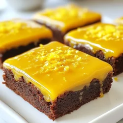 - 1 cup unsalted butter, melted - 2 cups granulated sugar - 4 large eggs - 1 tablespoon lemon zest (freshly grated for maximum flavor) - 1/2 cup fresh lemon juice (about 2-3 lemons) - 2 cups all-purpose flour - 1/2 teaspoon baking powder - 1/4 teaspoon salt - 1 cup powdered sugar (for glaze) - 1 tablespoon lemon juice (for glaze) - Extra lemon zest (for garnish) Choosing fresh lemons: Fresh lemons give the best taste. Look for bright, smooth skin. The heavier they feel, the juicier they are. Benefits of unsalted butter: Unsalted butter allows you to control the salt. It also gives a rich flavor to the lemon brownies. Importance of sifting flour: Sifting flour helps remove lumps. It also adds air, making your brownies lighter and fluffier. This step is key for a good texture. {{ingredient_image_2}} First, preheat your oven to 350&deg;F (175&deg;C). This helps your brownies bake evenly. Next, you need to prepare your baking pan. You can grease a 9x13 inch pan with butter or oil. Alternatively, line it with parchment paper. This makes it easy to remove the brownies later. Now, let&rsquo;s mix the ingredients. In a large bowl, combine the melted butter and granulated sugar. Use a whisk to mix them until smooth. This should take about one minute. Then, add the eggs one at a time. Whisk well after adding each egg. This helps to make the mixture light. Next, stir in the lemon zest and fresh lemon juice. Make sure everything is well mixed. In another bowl, sift together the flour, baking powder, and salt. Then, slowly add this dry mix to the wet ingredients. Stir gently until just combined. Do not overmix. This keeps your brownies soft and tender. Pour the batter into your prepared pan. Use a spatula to spread it evenly. Bake the brownies for 25-30 minutes. To check if they are done, insert a toothpick into the center. It should come out clean or with a few moist crumbs. Once baked, let them cool in the pan for 10 minutes. After that, transfer the brownies to a wire rack to cool completely. This step makes sure they don't become soggy. When making lemon brownies, avoid overmixing the batter. Overmixing makes the brownies tough. Mix just until the ingredients combine smoothly. Also, check your oven temperature. An oven that is too hot can burn the edges. An oven that is too cool can leave the center gooey. Use an oven thermometer for accuracy. To boost the lemon flavor, add extra lemon zest or lemon extract. Fresh zest brings brightness. It will make your brownies taste fresh and zesty. If you want a deeper flavor, try a few drops of lemon extract. These small additions truly pack a punch. Serve your lemon brownies with a dollop of whipped cream. The cream balances the tangy flavor of the brownies. Pair them with a nice cup of tea for a cozy treat. You can also sprinkle some powdered sugar on top for a sweet touch. These ideas will make your brownies shine at any gathering! Pro Tips Use Fresh Ingredients: Always opt for fresh lemons for zest and juice. This ensures that your brownies have the brightest and most vibrant flavor. Don&rsquo;t Overmix: When combining the dry ingredients with the wet, mix just until combined. Overmixing can lead to dense and chewy brownies instead of light and fluffy ones. Cool Completely: Allow the brownies to cool completely before drizzling the glaze. This prevents the glaze from melting into the brownies and ensures a beautiful finish. Enhance Presentation: Add a sprinkle of edible flowers or serve with a dollop of whipped cream to elevate the visual appeal of your Lemon Bliss Brownies. {{image_4}} You can make lemon brownies even more fun! Try adding herbs like lavender. It gives a flowery taste that pairs well with lemon. You can also mix in spices like ginger. Ginger adds warmth and a bit of spice. Both options add a unique twist to the classic lemon flavor. Be sure to start with small amounts. You can always add more to suit your taste. Want to enjoy lemon brownies while sticking to a diet? You can make gluten-free brownies by swapping regular flour for almond or coconut flour. This change keeps the tangy taste while making it gluten-free! If you're vegan, you can replace the eggs. Use flaxseed meal or applesauce as a substitute. Both work well and keep your brownies moist. These options help everyone enjoy this treat. Toppings can change the whole look and taste of your lemon brownies! Instead of just lemon glaze, try a berry glaze. A raspberry or blueberry glaze adds a sweet and tart flavor. Another idea is a cream cheese frosting. It adds a rich, creamy taste and balances the tanginess. You could also add shredded coconut for a tropical twist. Get creative and have fun with your toppings! To keep your lemon brownies fresh, store them in an airtight container. This helps them stay soft and moist. Keep them at room temperature for up to three days. If you want them to last longer, move them to the fridge. Just remember, the fridge can dry them out a bit. You can freeze lemon brownies for up to three months. Wrap each brownie in plastic wrap tightly. Then, place the wrapped brownies in a freezer-safe bag. Label the bag with the date. When you want to enjoy them, let them thaw at room temperature for a few hours. To reheat lemon brownies, use the microwave. Heat them for about 10-15 seconds. This warms them up without making them dry. If you want a crisper texture, warm them in the oven at 350&deg;F for about 5-7 minutes. Enjoy them fresh and tasty! To check if your lemon brownies are done, insert a toothpick into the center. If it comes out clean or with a few moist crumbs, they are ready. This usually takes about 25-30 minutes in the oven at 350&deg;F. Let the brownies cool for ten minutes in the pan before moving them to a wire rack. This cooling time helps set their texture. Yes, you can use bottled lemon juice if you don&rsquo;t have fresh lemons. However, fresh lemon juice adds a brighter flavor. If you want the best taste, I recommend sticking with fresh lemons. This small choice can make a big difference in your brownies. To cut your lemon brownies, first let them cool completely. Use a sharp knife for clean edges. Cutting them into squares or rectangles works best. You can also garnish them with lemon zest or mint for a lovely touch. Arrange them on a platter to impress your guests! This blog post covers the essential steps for making delicious lemon brownies. First, we discussed the key ingredients, emphasizing quality and freshness. You learned how to prepare, mix, and bake correctly for the best texture. We explored common mistakes and flavor enhancements to make your brownies shine. In summary, with these tips and variations, you can customize your lemon brownies. Enjoy sharing them with friends and family, or savor them alone. Your baking skills will surely impress!