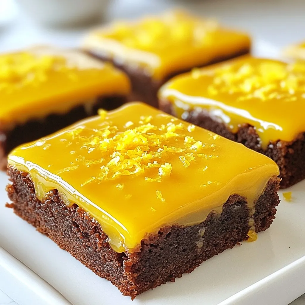 - 1 cup unsalted butter, melted - 2 cups granulated sugar - 4 large eggs - 1 tablespoon lemon zest (freshly grated for maximum flavor) - 1/2 cup fresh lemon juice (about 2-3 lemons) - 2 cups all-purpose flour - 1/2 teaspoon baking powder - 1/4 teaspoon salt - 1 cup powdered sugar (for glaze) - 1 tablespoon lemon juice (for glaze) - Extra lemon zest (for garnish) Choosing fresh lemons: Fresh lemons give the best taste. Look for bright, smooth skin. The heavier they feel, the juicier they are. Benefits of unsalted butter: Unsalted butter allows you to control the salt. It also gives a rich flavor to the lemon brownies. Importance of sifting flour: Sifting flour helps remove lumps. It also adds air, making your brownies lighter and fluffier. This step is key for a good texture. {{ingredient_image_2}} First, preheat your oven to 350°F (175°C). This helps your brownies bake evenly. Next, you need to prepare your baking pan. You can grease a 9x13 inch pan with butter or oil. Alternatively, line it with parchment paper. This makes it easy to remove the brownies later. Now, let’s mix the ingredients. In a large bowl, combine the melted butter and granulated sugar. Use a whisk to mix them until smooth. This should take about one minute. Then, add the eggs one at a time. Whisk well after adding each egg. This helps to make the mixture light. Next, stir in the lemon zest and fresh lemon juice. Make sure everything is well mixed. In another bowl, sift together the flour, baking powder, and salt. Then, slowly add this dry mix to the wet ingredients. Stir gently until just combined. Do not overmix. This keeps your brownies soft and tender. Pour the batter into your prepared pan. Use a spatula to spread it evenly. Bake the brownies for 25-30 minutes. To check if they are done, insert a toothpick into the center. It should come out clean or with a few moist crumbs. Once baked, let them cool in the pan for 10 minutes. After that, transfer the brownies to a wire rack to cool completely. This step makes sure they don't become soggy. When making lemon brownies, avoid overmixing the batter. Overmixing makes the brownies tough. Mix just until the ingredients combine smoothly. Also, check your oven temperature. An oven that is too hot can burn the edges. An oven that is too cool can leave the center gooey. Use an oven thermometer for accuracy. To boost the lemon flavor, add extra lemon zest or lemon extract. Fresh zest brings brightness. It will make your brownies taste fresh and zesty. If you want a deeper flavor, try a few drops of lemon extract. These small additions truly pack a punch. Serve your lemon brownies with a dollop of whipped cream. The cream balances the tangy flavor of the brownies. Pair them with a nice cup of tea for a cozy treat. You can also sprinkle some powdered sugar on top for a sweet touch. These ideas will make your brownies shine at any gathering! Pro Tips Use Fresh Ingredients: Always opt for fresh lemons for zest and juice. This ensures that your brownies have the brightest and most vibrant flavor. Don’t Overmix: When combining the dry ingredients with the wet, mix just until combined. Overmixing can lead to dense and chewy brownies instead of light and fluffy ones. Cool Completely: Allow the brownies to cool completely before drizzling the glaze. This prevents the glaze from melting into the brownies and ensures a beautiful finish. Enhance Presentation: Add a sprinkle of edible flowers or serve with a dollop of whipped cream to elevate the visual appeal of your Lemon Bliss Brownies. {{image_4}} You can make lemon brownies even more fun! Try adding herbs like lavender. It gives a flowery taste that pairs well with lemon. You can also mix in spices like ginger. Ginger adds warmth and a bit of spice. Both options add a unique twist to the classic lemon flavor. Be sure to start with small amounts. You can always add more to suit your taste. Want to enjoy lemon brownies while sticking to a diet? You can make gluten-free brownies by swapping regular flour for almond or coconut flour. This change keeps the tangy taste while making it gluten-free! If you're vegan, you can replace the eggs. Use flaxseed meal or applesauce as a substitute. Both work well and keep your brownies moist. These options help everyone enjoy this treat. Toppings can change the whole look and taste of your lemon brownies! Instead of just lemon glaze, try a berry glaze. A raspberry or blueberry glaze adds a sweet and tart flavor. Another idea is a cream cheese frosting. It adds a rich, creamy taste and balances the tanginess. You could also add shredded coconut for a tropical twist. Get creative and have fun with your toppings! To keep your lemon brownies fresh, store them in an airtight container. This helps them stay soft and moist. Keep them at room temperature for up to three days. If you want them to last longer, move them to the fridge. Just remember, the fridge can dry them out a bit. You can freeze lemon brownies for up to three months. Wrap each brownie in plastic wrap tightly. Then, place the wrapped brownies in a freezer-safe bag. Label the bag with the date. When you want to enjoy them, let them thaw at room temperature for a few hours. To reheat lemon brownies, use the microwave. Heat them for about 10-15 seconds. This warms them up without making them dry. If you want a crisper texture, warm them in the oven at 350°F for about 5-7 minutes. Enjoy them fresh and tasty! To check if your lemon brownies are done, insert a toothpick into the center. If it comes out clean or with a few moist crumbs, they are ready. This usually takes about 25-30 minutes in the oven at 350°F. Let the brownies cool for ten minutes in the pan before moving them to a wire rack. This cooling time helps set their texture. Yes, you can use bottled lemon juice if you don’t have fresh lemons. However, fresh lemon juice adds a brighter flavor. If you want the best taste, I recommend sticking with fresh lemons. This small choice can make a big difference in your brownies. To cut your lemon brownies, first let them cool completely. Use a sharp knife for clean edges. Cutting them into squares or rectangles works best. You can also garnish them with lemon zest or mint for a lovely touch. Arrange them on a platter to impress your guests! This blog post covers the essential steps for making delicious lemon brownies. First, we discussed the key ingredients, emphasizing quality and freshness. You learned how to prepare, mix, and bake correctly for the best texture. We explored common mistakes and flavor enhancements to make your brownies shine. In summary, with these tips and variations, you can customize your lemon brownies. Enjoy sharing them with friends and family, or savor them alone. Your baking skills will surely impress!