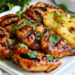 - 4 boneless, skinless chicken breasts - 1 cup pineapple juice - 1/2 cup soy sauce - 1/4 cup brown sugar - 1/4 cup ketchup - 2 tablespoons apple cider vinegar - 2 cloves garlic, finely minced - 1 tablespoon fresh ginger, finely grated - 1 teaspoon freshly ground black pepper - 1 teaspoon sesame oil - 1 tablespoon cornstarch mixed with 2 tablespoons water (to thicken the sauce) - Fresh cilantro, roughly chopped (for garnish) - Grilled pineapple rings (optional, for serving) Gather these simple ingredients. Each one adds a special taste and texture. The chicken breasts are the star here. They soak up all the great flavors from the marinade. Pineapple juice gives a sweet and tangy flavor. Soy sauce adds saltiness and depth. Brown sugar adds sweetness, while ketchup provides a touch of tang. Apple cider vinegar adds brightness. Garlic and ginger bring warmth and spice. Black pepper adds a nice kick. Sesame oil gives a nutty flavor. Cornstarch thickens the BBQ sauce for a perfect glaze. Fresh cilantro adds a pop of color and freshness. Grilled pineapple rings are optional but bring a fun tropical vibe. Keep these ingredients on hand for a tasty meal. You can customize this recipe to suit your taste. Mix and match flavors to create your own unique twist! {{ingredient_image_2}} - First, gather all the marinade ingredients. You need pineapple juice, soy sauce, brown sugar, ketchup, apple cider vinegar, garlic, ginger, black pepper, and sesame oil. - In a medium bowl, mix these ingredients. Whisk them until the brown sugar dissolves. This mix will give your chicken great flavor. - Next, take your chicken breasts. Place them in a large resealable bag or a shallow dish. Pour the marinade over the chicken. Make sure every piece is coated well. - Seal the bag tightly or cover your dish with plastic wrap. Refrigerate for at least 2 hours. For the best taste, marinate overnight. - Before you grill, preheat your grill to a medium-high heat. - Oil the grill surface to stop the chicken from sticking. - Take the chicken out of the marinade. Let any extra liquid drip off. Keep the marinade for later. - Place the chicken on the grill. Cook each side for about 6-7 minutes. Use a meat thermometer to check that the internal temperature is at least 165°F (75°C). - While the chicken grills, take the reserved marinade. Pour it into a saucepan. - Bring the marinade to a boil over medium heat. Stir it often. - Once it boils, turn the heat down to low. Let it simmer for about 5 minutes. - Mix cornstarch with water in a small bowl. Gradually stir this into the sauce. Cook for another 2-3 minutes until the sauce thickens. - When the chicken is done, brush it with the thickened BBQ sauce. Let it rest for a few minutes before slicing. To grill chicken perfectly, cook it at medium-high heat. Aim for about 6-7 minutes on each side. Use a meat thermometer to check for doneness. The chicken should reach an internal temperature of 165°F (75°C). This ensures it is safe to eat and juicy. Letting the chicken rest helps keep it moist. You can add more flavor to your Hawaiian BBQ chicken. Consider using spices like paprika or cayenne for heat. Fresh herbs like thyme or basil can also elevate the taste. If you have leftover marinade, store it in the fridge for up to a week. You can use it as a dipping sauce or brush it on veggies. For a stunning presentation, slice the chicken into strips. Arrange them on a platter with fresh cilantro on top. You might also grill pineapple rings for a sweet touch. Serve the chicken with coconut rice and a fresh salad. This adds color and balances the dish’s flavors. Pro Tips Marinating Time Matters: For maximum flavor, marinate the chicken overnight. This allows the ingredients to penetrate deeply, creating a richer taste. Perfect Grill Marks: To achieve beautiful grill marks, avoid moving the chicken too much while cooking. Let it sit undisturbed for a few minutes on each side. Check Internal Temperature: Always use a meat thermometer to ensure the chicken reaches an internal temperature of 165°F (75°C) for safe consumption. Thickening Sauce Tip: If the sauce is too thin, allow it to simmer a bit longer before adding the cornstarch mixture until you achieve your desired consistency. {{image_4}} You can switch up the chicken cuts in this recipe. I often use chicken thighs or drumsticks. They stay juicy and tender when grilled. The dark meat adds a rich flavor that works well with the BBQ sauce. If you want more flavor, try bone-in chicken. The bones add a nice taste and help keep the meat moist. Feel free to get creative with the marinade. Instead of soy sauce, you can use tamari or coconut aminos. Both options are great for a gluten-free choice. You can also add tropical fruits, like mango or papaya, to the marinade. They add sweetness and a new flavor. Spices, like paprika or cayenne, can give a kick to the dish. If you want a healthier option, you can make the sauce gluten-free. Just use tamari or coconut aminos. For low-sugar alternatives, try using a sugar substitute like stevia. You can also cut down on brown sugar in the recipe. This way, you can enjoy the Hawaiian BBQ chicken without too much sugar. To keep your Hawaiian BBQ chicken fresh, store leftovers in an airtight container. Make sure the chicken has cooled to room temperature before sealing. I suggest you eat it within three to four days. This way, you enjoy the best flavor and quality. If you want to keep the sauce, store it in a separate container. This helps maintain the taste and texture of both the chicken and the sauce. If you want to save your leftovers for later, freezing is a great option. Wrap the chicken tightly in plastic wrap or foil. Place it in a freezer bag and remove as much air as possible. For the sauce, pour it into a freezer-safe container. Leave some space at the top for expansion. You can freeze both for up to three months. When you're ready to eat, just thaw them in the fridge overnight. To reheat your chicken, the best method is to use an oven. Preheat your oven to 350°F (175°C). Place the chicken in a baking dish and cover it with foil. This keeps it moist as it heats. Warm it for about 15 to 20 minutes, or until it reaches 165°F (75°C). If you're reheating the sauce, warm it on the stove over low heat. Stir it often to prevent burning. This way, your meal stays juicy and delicious! You can serve Hawaiian BBQ chicken with many tasty sides. Here are some great ideas: - Coconut rice: This sweet rice pairs well with the chicken and adds a tropical taste. - Fresh garden salad: A crisp salad adds freshness and balances the rich flavors. - Grilled corn on the cob: Sweet corn is a fun side to enjoy with BBQ. - Hawaiian coleslaw: A tangy slaw gives a nice crunch and complements the chicken. - Tropical fruit skewers: Pineapple, mango, and kiwi add a refreshing touch. For drinks, try serving with: - A cold coconut drink: It enhances the tropical vibe. - Iced tea with lemon: A sweet tea cools down the meal. - Light beer or a fruity cocktail: These pair well and make it festive. Yes, you can bake Hawaiian BBQ chicken in the oven. Here’s how: 1. Preheat your oven to 375°F (190°C). 2. Place the marinated chicken breasts on a baking sheet lined with parchment paper. 3. Bake for 25-30 minutes, or until the chicken reaches an internal temperature of 165°F (75°C). 4. Baste the chicken with the reserved marinade halfway through cooking for extra flavor. Baking is a great option when grilling isn’t possible. Marinating chicken is key for great flavor. Here’s what you need to know: - Minimum time: Marinate for at least 2 hours. This gives some flavor but not the best. - Optimal time: For the best taste, marinate for 4 hours or overnight. This allows the flavors to soak in deeply. Longer marination times make the chicken juicier and more flavorful. This recipe shows how to make Hawaiian BBQ chicken with ease. You learned about key ingredients, marinating techniques, and grilling methods. Tips helped enhance flavor, while variations catered to different tastes. Proper storage tips ensured your meal lasts longer. Hawaiian BBQ chicken is fun to make and share. Enjoy crafting your dish exactly how you like it. Don't hesitate to explore new flavors and ideas along the way. Your kitchen adventure awaits!