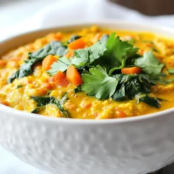 - 1 cup red lentils, thoroughly rinsed and drained - 1 medium onion, finely chopped - 2 cloves garlic, minced - 1-inch piece fresh ginger, peeled and minced - 1 can (14 oz) coconut milk, full-fat or light - 1 can (14 oz) diced tomatoes, either plain or seasoned - 2 tablespoons curry powder, adjust for spice preference The base of our curry is simple yet full of flavor. Red lentils cook quickly and become creamy, making them ideal for this dish. The onion, garlic, and ginger bring depth. Coconut milk adds creaminess, while diced tomatoes keep it fresh. - 1 teaspoon ground cumin for depth - 1 teaspoon turmeric, for color and nutrition - 1 cup vegetable broth, low-sodium recommended - 2 tablespoons olive oil or any vegetable oil - Salt and pepper to taste, freshly cracked if possible Spices are key here. Ground cumin adds a warm flavor, while turmeric gives a bright color and health benefits. Using vegetable broth enhances the taste without overpowering it. Freshly cracked salt and pepper will elevate the dish. - 1 medium carrot, diced into small cubes - 1 cup fresh spinach, roughly chopped - Fresh cilantro, chopped, for garnish Fresh ingredients add a nice crunch and color. Diced carrots provide texture, and spinach adds nutrients. Cilantro on top gives a fresh finish. These additions make the curry vibrant and appealing. {{ingredient_image_2}} To start, I heat olive oil in a large pot over medium heat. Once hot, I add the finely chopped onion. I saut&eacute; it for about 5 minutes, stirring often, until it turns translucent and fragrant. Then, I add the minced garlic and ginger. I let them cook for about 1-2 minutes. The smell fills my kitchen and makes me hungry! Next, I add the diced carrot to the mixture. I stir and saut&eacute; for an additional 3-4 minutes. The carrot should start to soften up nicely. Now it's time to spice things up! I sprinkle curry powder, ground cumin, and turmeric over the saut&eacute;ed veggies. I mix everything together for about 1 minute. This step helps bring out the full flavors of the spices. The blend of smells is wonderful! Next, I add the rinsed red lentils into the pot. Then, I pour in the diced tomatoes and coconut milk. I mix everything thoroughly until all the ingredients are well combined. After that, I pour in the vegetable broth. I bring the whole mixture to a gentle boil. Then, I reduce the heat to low. I let the curry simmer uncovered for 20-25 minutes. I stir occasionally and check the lentils for tenderness. They should be soft but not mushy. Once the lentils are tender, I gently fold in the chopped spinach. I let it cook for another 5 minutes. The spinach wilts down and adds a nice pop of color. Finally, I taste the curry and season it with salt and pepper. I adjust the seasoning to my liking. Once done, I remove the pot from heat. Now, I am ready to serve this delicious dish! To make this curry shine, adjust the spice levels to your taste. If you like it hot, add more curry powder or a pinch of cayenne. For a milder dish, stick to the original amount. Always use freshly cracked pepper for the best flavor. It adds a bright kick that enhances the spices. While your curry simmers, stir it occasionally. This prevents the lentils from sticking to the pot. Check the lentils for tenderness as they cook. You want them soft but not mushy. If they are too firm, let them simmer a bit longer. Serve your curry in deep bowls. Pair it with warm naan or fluffy steamed rice for a complete meal. Garnish the dish with fresh cilantro for a pop of color. A slice of lime on the side adds a zesty twist. This makes your dish not just tasty, but beautiful too! Pro Tips Soak Lentils for Extra Creaminess: Soaking the red lentils for 30 minutes before cooking can result in a creamier texture for your curry. Customize Your Spice Level: Adjust the amount of curry powder to suit your taste; start with less if you prefer a milder curry and add more gradually. Add More Veggies: Feel free to throw in other vegetables like bell peppers or peas for added nutrition and flavor. Rest for Flavor: Letting the curry sit for a few minutes off the heat before serving allows the flavors to meld beautifully. {{image_4}} You can make this dish your own by adding extra veggies. Try including bell peppers or zucchini for more color and texture. These add-ins boost nutrients and taste. You can also swap spinach for kale or Swiss chard if you prefer. Both greens add a nice touch and keep things fresh. Don't be afraid to play with spices. Try different curry powders to find your favorite mix. If you like heat, add chili flakes or fresh peppers. You can also experiment with herbs like cilantro or mint for added flavor. Each spice change can give your curry a whole new vibe. Want extra protein? Chickpeas or tofu work well in this curry. They add heartiness and make it more filling. You can also use different lentil types, like green or brown lentils. Each variety offers a unique texture and flavor, so feel free to mix it up! Store your delicious red lentil curry in an airtight container. This way, it stays fresh longer. It tastes best when eaten within 3-4 days. Always let it cool before sealing it up. This helps keep the flavors intact. You can freeze the curry for later. Start by letting it cool completely. Then, pour it into a freezer-safe container. Make sure to leave some space for expansion. When you're ready to eat, thaw it overnight in the fridge. Reheat it on the stove over low heat until hot. Stir often to keep it smooth. You can get creative with leftover curry! Try serving it over baked potatoes or pasta. It also goes well with rice or quinoa. For a fresh twist, add it to tacos or wraps. Don't forget to garnish with some cilantro for extra flavor! Yes, you can make this curry gluten-free. The main ingredients are naturally gluten-free. Just ensure that your vegetable broth and any added spices do not contain gluten. Most curry powders are safe, but always check the labels. Red lentil curry lasts about 3 to 4 days in the fridge. Store it in an airtight container to keep it fresh. The flavors often deepen as it sits, making leftovers even better. Yes, you can substitute coconut milk. Try using any dairy-free cream like cashew cream or almond milk. You can also use soy milk, but it may change the flavor. If you want a thicker texture, blend soaked cashews with water. Serve this curry with warm naan or steamed rice. You can also pair it with quinoa for a healthy twist. Adding a side salad or roasted veggies can brighten the meal. A slice of lime adds a nice zing too! This blog post explored how to make a tasty red lentil curry. You learned about key ingredients like lentils, coconut milk, and spices. I shared step-by-step instructions, helpful cooking tips, and creative variations to try. Don&rsquo;t forget to store leftovers properly so you can enjoy them later. With a bit of practice, you can make this dish your own. Perfecting it will delight both you and your guests. Enjoy your cooking adventure!
