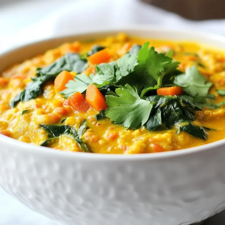 - 1 cup red lentils, thoroughly rinsed and drained - 1 medium onion, finely chopped - 2 cloves garlic, minced - 1-inch piece fresh ginger, peeled and minced - 1 can (14 oz) coconut milk, full-fat or light - 1 can (14 oz) diced tomatoes, either plain or seasoned - 2 tablespoons curry powder, adjust for spice preference The base of our curry is simple yet full of flavor. Red lentils cook quickly and become creamy, making them ideal for this dish. The onion, garlic, and ginger bring depth. Coconut milk adds creaminess, while diced tomatoes keep it fresh. - 1 teaspoon ground cumin for depth - 1 teaspoon turmeric, for color and nutrition - 1 cup vegetable broth, low-sodium recommended - 2 tablespoons olive oil or any vegetable oil - Salt and pepper to taste, freshly cracked if possible Spices are key here. Ground cumin adds a warm flavor, while turmeric gives a bright color and health benefits. Using vegetable broth enhances the taste without overpowering it. Freshly cracked salt and pepper will elevate the dish. - 1 medium carrot, diced into small cubes - 1 cup fresh spinach, roughly chopped - Fresh cilantro, chopped, for garnish Fresh ingredients add a nice crunch and color. Diced carrots provide texture, and spinach adds nutrients. Cilantro on top gives a fresh finish. These additions make the curry vibrant and appealing. {{ingredient_image_2}} To start, I heat olive oil in a large pot over medium heat. Once hot, I add the finely chopped onion. I sauté it for about 5 minutes, stirring often, until it turns translucent and fragrant. Then, I add the minced garlic and ginger. I let them cook for about 1-2 minutes. The smell fills my kitchen and makes me hungry! Next, I add the diced carrot to the mixture. I stir and sauté for an additional 3-4 minutes. The carrot should start to soften up nicely. Now it's time to spice things up! I sprinkle curry powder, ground cumin, and turmeric over the sautéed veggies. I mix everything together for about 1 minute. This step helps bring out the full flavors of the spices. The blend of smells is wonderful! Next, I add the rinsed red lentils into the pot. Then, I pour in the diced tomatoes and coconut milk. I mix everything thoroughly until all the ingredients are well combined. After that, I pour in the vegetable broth. I bring the whole mixture to a gentle boil. Then, I reduce the heat to low. I let the curry simmer uncovered for 20-25 minutes. I stir occasionally and check the lentils for tenderness. They should be soft but not mushy. Once the lentils are tender, I gently fold in the chopped spinach. I let it cook for another 5 minutes. The spinach wilts down and adds a nice pop of color. Finally, I taste the curry and season it with salt and pepper. I adjust the seasoning to my liking. Once done, I remove the pot from heat. Now, I am ready to serve this delicious dish! To make this curry shine, adjust the spice levels to your taste. If you like it hot, add more curry powder or a pinch of cayenne. For a milder dish, stick to the original amount. Always use freshly cracked pepper for the best flavor. It adds a bright kick that enhances the spices. While your curry simmers, stir it occasionally. This prevents the lentils from sticking to the pot. Check the lentils for tenderness as they cook. You want them soft but not mushy. If they are too firm, let them simmer a bit longer. Serve your curry in deep bowls. Pair it with warm naan or fluffy steamed rice for a complete meal. Garnish the dish with fresh cilantro for a pop of color. A slice of lime on the side adds a zesty twist. This makes your dish not just tasty, but beautiful too! Pro Tips Soak Lentils for Extra Creaminess: Soaking the red lentils for 30 minutes before cooking can result in a creamier texture for your curry. Customize Your Spice Level: Adjust the amount of curry powder to suit your taste; start with less if you prefer a milder curry and add more gradually. Add More Veggies: Feel free to throw in other vegetables like bell peppers or peas for added nutrition and flavor. Rest for Flavor: Letting the curry sit for a few minutes off the heat before serving allows the flavors to meld beautifully. {{image_4}} You can make this dish your own by adding extra veggies. Try including bell peppers or zucchini for more color and texture. These add-ins boost nutrients and taste. You can also swap spinach for kale or Swiss chard if you prefer. Both greens add a nice touch and keep things fresh. Don't be afraid to play with spices. Try different curry powders to find your favorite mix. If you like heat, add chili flakes or fresh peppers. You can also experiment with herbs like cilantro or mint for added flavor. Each spice change can give your curry a whole new vibe. Want extra protein? Chickpeas or tofu work well in this curry. They add heartiness and make it more filling. You can also use different lentil types, like green or brown lentils. Each variety offers a unique texture and flavor, so feel free to mix it up! Store your delicious red lentil curry in an airtight container. This way, it stays fresh longer. It tastes best when eaten within 3-4 days. Always let it cool before sealing it up. This helps keep the flavors intact. You can freeze the curry for later. Start by letting it cool completely. Then, pour it into a freezer-safe container. Make sure to leave some space for expansion. When you're ready to eat, thaw it overnight in the fridge. Reheat it on the stove over low heat until hot. Stir often to keep it smooth. You can get creative with leftover curry! Try serving it over baked potatoes or pasta. It also goes well with rice or quinoa. For a fresh twist, add it to tacos or wraps. Don't forget to garnish with some cilantro for extra flavor! Yes, you can make this curry gluten-free. The main ingredients are naturally gluten-free. Just ensure that your vegetable broth and any added spices do not contain gluten. Most curry powders are safe, but always check the labels. Red lentil curry lasts about 3 to 4 days in the fridge. Store it in an airtight container to keep it fresh. The flavors often deepen as it sits, making leftovers even better. Yes, you can substitute coconut milk. Try using any dairy-free cream like cashew cream or almond milk. You can also use soy milk, but it may change the flavor. If you want a thicker texture, blend soaked cashews with water. Serve this curry with warm naan or steamed rice. You can also pair it with quinoa for a healthy twist. Adding a side salad or roasted veggies can brighten the meal. A slice of lime adds a nice zing too! This blog post explored how to make a tasty red lentil curry. You learned about key ingredients like lentils, coconut milk, and spices. I shared step-by-step instructions, helpful cooking tips, and creative variations to try. Don’t forget to store leftovers properly so you can enjoy them later. With a bit of practice, you can make this dish your own. Perfecting it will delight both you and your guests. Enjoy your cooking adventure!