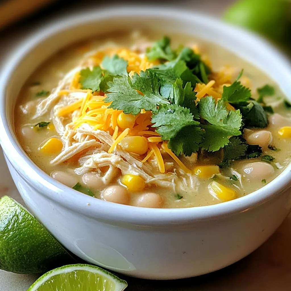To make the award-winning white chicken chili, you need fresh and quality ingredients. Here’s a list of what you'll need: - 1 pound boneless, skinless chicken breasts, cooked and shredded - 1 tablespoon olive oil - 1 medium onion, diced - 3 cloves garlic, minced - 2 cans (15 oz each) white beans (cannellini or great northern), drained and rinsed - 2 cups low-sodium chicken broth - 1 can (4 oz) diced green chilies, undrained - 1 teaspoon ground cumin - 1 teaspoon chili powder - ½ teaspoon smoked paprika - Salt and pepper, to taste - 1 cup corn (fresh or frozen) - ½ cup heavy cream - 1 cup shredded Monterey Jack cheese - Fresh cilantro, chopped, for garnish - Lime wedges, for serving Each ingredient plays a key role in building flavor. The chicken provides protein and heartiness. The white beans add creaminess and a good texture. Spices like cumin and chili powder bring warmth and depth. The heavy cream and cheese make it rich and comforting. Don't forget the lime and cilantro, which add a fresh touch. Choose the best quality chicken and beans you can find. This will elevate your dish. Remember, the more fresh your ingredients, the better your chili will taste. Enjoy the process of gathering these ingredients, as they will make your kitchen smell amazing! {{ingredient_image_2}} Preparing the chicken Start with one pound of boneless, skinless chicken breasts. Cook the chicken until it’s fully done. I like to bake or boil it. Once cooked, shred the chicken into bite-sized pieces. This adds great texture to your chili. Preparing the vegetables Next, dice one medium onion and mince three cloves of garlic. These will give your chili a strong base of flavor. Having them ready makes cooking much easier. Cooking and simmering the chili In a large pot, heat one tablespoon of olive oil over medium heat. When the oil is hot, add the diced onion. Sauté for about five minutes until the onion becomes soft and translucent. Then, add the minced garlic and cook for another two minutes. This creates a fragrant aroma that will excite your taste buds! Sautéing onions and garlic Once your onion is soft, it’s time to add the garlic. Stir the garlic until it smells nice, about one to two minutes. This is where your chili starts to come alive with flavor. Combining ingredients in the pot Now, mix in the shredded chicken, two cans of drained white beans, two cups of low-sodium chicken broth, and one can of diced green chilies with their liquid. Make sure everything mixes well in the pot. Then, add one teaspoon of ground cumin, one teaspoon of chili powder, and half a teaspoon of smoked paprika. Salt and pepper will enhance the taste too. Stir again to blend all the flavors together. Adjusting seasoning and consistency Bring your chili to a gentle simmer. After it simmers for about ten minutes, fold in one cup of corn. This adds sweetness and texture. After that, lower the heat. Stir in half a cup of heavy cream and one cup of shredded Monterey Jack cheese. This step makes your chili creamy and rich. Taste it and adjust the seasoning if needed. If you want it thinner, add more chicken broth until it’s just right. Serve your award-winning white chicken chili hot, topped with fresh cilantro and a lime wedge on the side. Enjoy every delicious bite! - Importance of fresh ingredients: Always use fresh vegetables and herbs. Freshness boosts flavor. I recommend using ripe tomatoes and vibrant cilantro. They add a bright taste. - Suggested spice adjustments for flavor: Spice is key to a great chili. Start with the recipe's spices. If you like heat, add more chili powder. For a smoky touch, increase the smoked paprika. Taste as you go to find your perfect balance. - Cooking time for optimal flavors: Low and slow is your friend. Cook the chili for at least 30 minutes. This helps the flavors mix well. Letting it simmer longer enhances the taste. - Serving suggestions: Serve your chili in cozy, warmed bowls. This adds comfort to every bite. You can even pair it with crusty bread for a filling meal. - Garnishing ideas: Top with extra Monterey Jack cheese and fresh cilantro. A squeeze of lime adds brightness. You can also add avocado slices for creaminess. These toppings make your chili look inviting and tasty. Pro Tips Use Rotisserie Chicken: For a quicker version, use store-bought rotisserie chicken. Just shred it and add it directly to the pot to save time! Adjust the Spice Level: If you prefer a spicier chili, add diced jalapeños or a pinch of cayenne pepper to amp up the heat. Thicken it Up: For a thicker chili, purée one can of white beans before adding them to the pot. This will enhance the creaminess without adding more cream. Garnish Creatively: Don't hesitate to get creative with garnishes! Avocado slices, tortilla strips, or a dollop of sour cream can elevate the dish beautifully. {{image_4}} You can switch up the beans or proteins in this chili. Try black beans for a twist. If you want a meatless option, use chickpeas instead of chicken. They add great texture and flavor. For a dairy-free version, swap the heavy cream with coconut milk. It brings a nice creaminess. You can also use nutritional yeast instead of cheese for a cheesy flavor without dairy. Get creative with your chili by adding extra vegetables. Chopped bell peppers or zucchini can boost nutrition and flavor. You might also try adding jalapeños for heat. Change up the spices too. A dash of cayenne pepper can add a kick. You can also sprinkle in some oregano or thyme for a fresh taste. For toppings, consider avocado slices or diced tomatoes. They add freshness and color. Crushed tortilla chips can add a nice crunch on top too. To keep your white chicken chili fresh, store it in airtight containers. Here’s how: - Refrigerating leftovers: Let the chili cool first. Then, transfer it to a container. It lasts about 3 to 4 days in the fridge. - Freezing options and guidelines: For longer storage, freeze the chili. Use freezer-safe bags or containers. It can stay good for up to 3 months. Remember to leave space for expansion when freezing. Reheating chili can be simple and keeps the taste great. Here’s how: - Best ways to reheat chili without losing flavor: Use a pot on the stove for even heating. Stir frequently to avoid sticking. You can also use the microwave. Heat in short bursts, stirring in between. - Adjusting consistency when reheating: If the chili thickens too much, add a splash of chicken broth. Stir well to mix it in. This helps return the creamy texture you love. What makes this white chicken chili award-winning? This chili is award-winning due to its rich flavors and creamy texture. The blend of spices like cumin, chili powder, and smoked paprika gives it depth. The addition of heavy cream and Monterey Jack cheese makes it extra creamy. This balance of flavors and textures truly stands out. Can I make this chili in a slow cooker or Instant Pot? Yes, you can use both. For a slow cooker, add all ingredients except cream and cheese. Cook on low for 6-8 hours or high for 3-4 hours. In an Instant Pot, use the sauté function for the onions and garlic first, then add the rest. Cook on high pressure for 15 minutes and then release the pressure. How can I adjust the recipe for different serving sizes? To change serving sizes, simply multiply or divide each ingredient. For example, if you want to serve 12 people, double the recipe. If you need fewer servings, cut the ingredient amounts in half. Just make sure to keep the seasoning balanced as you adjust. What side dishes pair well with white chicken chili? Great sides include cornbread, tortilla chips, or a fresh garden salad. These options add texture and contrast to the creamy chili. You might also serve it with rice or quinoa for a hearty meal. How to make the chili spicier or milder? To spice it up, add more chili powder or diced jalapeños. You could also include hot sauce or cayenne pepper. For a milder version, reduce the chili powder and use fewer green chilies. Taste as you go to find your perfect balance. What’s the best way to serve this chili for a gathering? Serve it in warmed bowls for a cozy feel. Provide extra toppings like shredded cheese, chopped cilantro, and lime wedges. This allows guests to personalize their bowls. You could also have a large pot in the center for a buffet-style setup. In this article, we covered how to make a flavorful white chicken chili. We explored the key ingredients and shared step-by-step cooking instructions. I offered tips for perfecting your chili and ideas for variations to suit your taste. Remember, fresh ingredients and careful cooking bring out the best flavors. Whether you enjoy it as is or with fun twists, this chili can please everyone. With these tips, you can create a dish that stands out. Enjoy cooking and sharing your delicious chili!