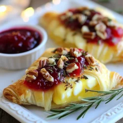 - 1 sheet of puff pastry, thawed - 8 oz Brie cheese, cut into wedges - 1 cup cranberry sauce (store-bought or homemade) - 1/4 cup pecans, finely chopped - 1 tablespoon fresh rosemary, finely chopped - 1 egg, beaten (for egg wash) - Salt and pepper to taste - Optional: Honey for drizzling prior to serving I love crafting this dish because it combines rich and tart flavors. The puff pastry is flaky, while the Brie is creamy. You can use store-bought cranberry sauce, but homemade adds a special touch. You will need a few simple ingredients to make this delightful holiday appetizer. Start with a single sheet of thawed puff pastry. It puffs up beautifully in the oven. Next, grab eight ounces of Brie cheese. Cut it into wedges; this makes it easy to fit into the pastry. For sweetness, you will need one cup of cranberry sauce. You can go with the jarred version or make your own! Next, add a crunch with a quarter cup of finely chopped pecans. They mix well with the cheese and sauce. For a fresh scent, include one tablespoon of finely chopped rosemary. It adds a nice herbal flavor. You will also need one beaten egg. This acts as an egg wash to give the pastry a golden finish. Don&rsquo;t forget to season with salt and pepper to taste. Finally, if you want to add a drizzle of sweetness, have some honey on hand. It&rsquo;s optional but makes it even better! Each ingredient works together to create a tasty experience that everyone will love. {{ingredient_image_2}} Set your oven to 400&deg;F (200&deg;C). This high heat helps the pastry rise and become golden. Prepare a baking sheet by lining it with parchment paper. This step keeps the pastry from sticking. On a clean, floured surface, roll out your thawed puff pastry. Make it flat and smooth. This also helps to enlarge the pastry, making it easier to wrap around the filling. Place the Brie cheese in the center of the pastry. Spread cranberry sauce over the cheese. Then, sprinkle chopped pecans and fresh rosemary on top. Season with salt and pepper for extra flavor. Carefully fold the edges of the pastry over the filling. Pinch the edges securely to seal them. Make sure no filling is visible, as this helps prevent leaks during baking. Brush the surface of the pastry with the beaten egg. This gives it a shiny, golden look when baked. Cut a few small slits on top to let steam escape. Now, place it in the oven and bake for 20-25 minutes. Look for a puffy, golden brown pastry. To get the best puff pastry, roll it out evenly. This helps it rise nicely. Use a lightly floured surface to prevent sticking. Keep the dough about a quarter-inch thick. If the pastry is too thin, it might tear. To avoid sogginess, seal the edges well. Pinch and pleat the pastry tightly. Make sure no filling leaks out during baking. This keeps everything inside the pastry warm and gooey. If you don&rsquo;t have Brie, you can use other cheeses. Cream cheese or camembert also work well. They give a rich flavor and creamy texture. Feel free to mix in different nuts or herbs. Walnuts or almonds can add a nice crunch. You can also try thyme or sage for a unique taste. Pair your Cranberry Brie Puff Pastry with drinks. Sparkling wine or cider makes a great match. They add a festive touch to your gathering. For a fun presentation, slice the pastry into wedges. Arrange them on a platter. Add fresh rosemary sprigs for color. Serve with a small bowl of extra cranberry sauce for dipping. This adds a nice touch and keeps things fun! Pro Tips Keep Puff Pastry Cold: Ensure your puff pastry remains chilled before baking. If it becomes too warm, it may not puff up properly, resulting in a dense texture. Customize the Filling: Feel free to experiment with different fillings! Swap out cranberry sauce for fig jam or add sliced apples for a fruity twist. Use Fresh Herbs: Fresh herbs like thyme or sage can elevate the flavor profile of your dish. Try different combinations to find your favorite. Serve with Accompaniments: Offer different sides like toasted baguette slices or crackers for guests to dip into the melted Brie, enhancing the overall experience. {{image_4}} You can make this dish even sweeter. Adding fruit preserves enhances the flavor. Try apricot or raspberry preserves for a nice twist. Caramelized onions also add a sweet touch. They bring depth and richness, balancing the tart cranberry sauce perfectly. Experiment with different sweet sauces too. A drizzle of balsamic glaze adds a nice tang. Honey pairs well with the cheese and can be drizzled on top before serving. These sweet variations can impress your guests. Savory twists make this dish special. Incorporate spinach or artichoke hearts for a flavorful mix. These greens add nutrition and a touch of earthiness. You can also use different cheese types for a richer flavor. Creamy goat cheese or sharp cheddar can change the taste completely. Just be sure to choose flavors that pair well with cranberries. Adjust your ingredients based on holiday themes. Use pumpkin spice or nutmeg for a fall flair. For winter holidays, consider adding nuts like walnuts or almonds. They add crunch and complement the creamy Brie. Garnishing is important too. Fresh herbs like thyme or parsley can brighten the dish. You can also sprinkle pomegranate seeds on top for color and a burst of flavor. These seasonal adjustments can make your cranberry Brie puff pastry stand out. To keep your leftover Cranberry Brie Puff Pastry fresh, store it in the fridge. Place it in an airtight container or wrap it tightly in plastic wrap. This helps avoid drying out. When you want to enjoy it again, reheat it in the oven. Set your oven to 350&deg;F (175&deg;C) and bake for about 10 minutes. This keeps the pastry crisp and warm. You can freeze the pastry before or after baking. If freezing before baking, wrap it tightly in plastic wrap and then foil to prevent freezer burn. It can last up to two months. If you bake it first, let it cool completely. Then, place it in an airtight container. It will stay good frozen for about one month. Once prepared, your Cranberry Brie Puff Pastry will last in the fridge for about 3 days. Always check for signs of spoilage. Look out for any off smells or mold. If it feels hard or dry, it&rsquo;s best to toss it. Enjoy your delicious creation while it's fresh! To make homemade cranberry sauce, you need just a few simple ingredients: - 12 oz fresh or frozen cranberries - 1 cup sugar - 1 cup water - Optional: a pinch of salt and orange zest 1. In a pot, combine the cranberries, sugar, and water. 2. Bring the mixture to a boil over medium heat. 3. Once boiling, reduce the heat and let it simmer. 4. Cook for about 10-15 minutes, until the cranberries burst and the sauce thickens. 5. Stir in salt and orange zest if desired. 6. Let it cool before using it with your puff pastry. Yes! You can use other cheeses if you want a new flavor. Here are some great options: - Camembert for a softer texture. - Goat cheese for a tangy taste. - Cheddar for a sharper flavor. Just remember to adjust the amount based on the cheese's size. You can serve various sides and drinks with this dish: - Crackers or sliced baguette for a crunchy pairing. - A light salad with greens and vinaigrette. - Sparkling cider or white wine for a festive drink. - Extra cranberry sauce for dipping adds extra flavor. After baking, the pastry stays warm for about 20-30 minutes. To keep it warm longer: - Place it on a warm plate. - Cover it loosely with foil to retain heat. - Serve it within this time for the best taste and texture. This guide shows you how to make a delicious Cranberry Brie Puff Pastry. You learned about the key ingredients, easy steps, and helpful tips. Variations let you switch things up to match any occasion. Remember to store your leftovers properly for the best taste later. Now you can impress guests with this tasty treat. Enjoy making it, and don&rsquo;t hesitate to experiment!