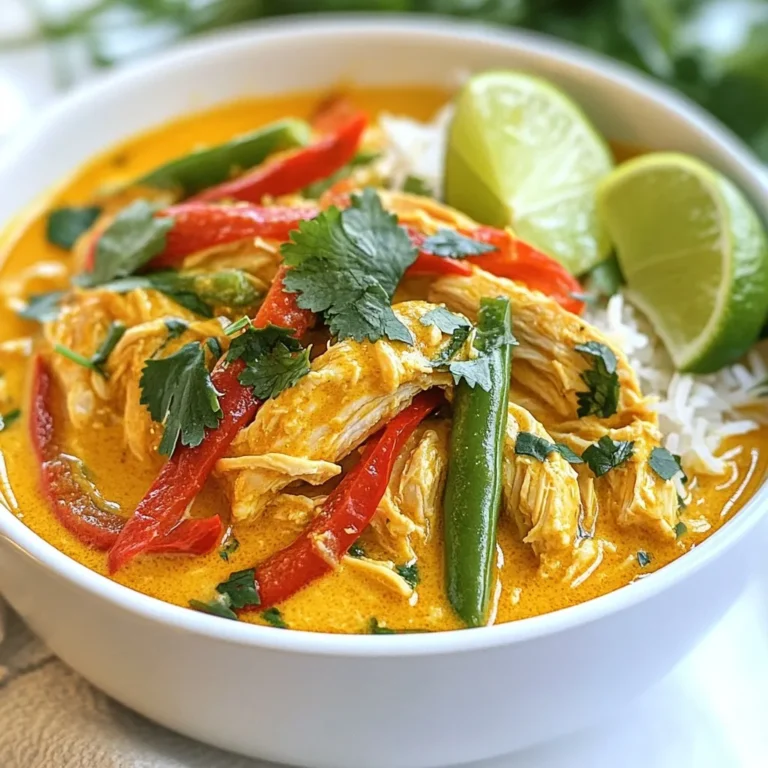 - 1.5 lbs boneless, skinless chicken thighs - 1 can (14 oz) coconut milk - 1 cup chicken broth - 2 tablespoons red curry paste - 1 tablespoon fresh ginger, grated - 2 cloves garlic, minced - 1 red bell pepper, sliced into strips - 1 cup green beans, trimmed and cut into bite-sized pieces - 1 medium onion, thinly sliced - 2 tablespoons soy sauce (or tamari for a gluten-free option) - 1 teaspoon ground turmeric - Salt and black pepper, to taste - Fresh cilantro, for garnish - Lime wedges, for serving The main ingredients in this recipe create a rich and creamy dish. I love using chicken thighs because they stay juicy and tender while cooking. Coconut milk brings a lovely sweetness and creaminess, which blends perfectly with the spices. The red curry paste adds a kick of heat and depth of flavor. Fresh ginger and garlic give the dish a bright, aromatic base. The red bell pepper and green beans add color and crunch. Onion adds sweetness and depth, making the curry even more satisfying. Don't forget the soy sauce for that savory touch and turmeric for its warm color. These ingredients work together to make a simple yet delicious meal. You can easily find them at your local store. Enjoy the process of cooking and savor the great flavors that develop in your crockpot! {{ingredient_image_2}} - Pat the chicken thighs dry with a paper towel. - Season them well with salt and black pepper. - Lay the seasoned chicken flat at the bottom of the crockpot. - In a medium bowl, mix the coconut milk and chicken broth. - Add red curry paste, grated ginger, minced garlic, and soy sauce. - Sprinkle in ground turmeric for a warm color. - Whisk the mix until it is smooth and well combined. - Pour the coconut curry sauce over the chicken in the crockpot. - Layer sliced red bell pepper, green beans, and onion on top. - Gently stir everything to coat the veggies in the sauce. - Set the crockpot to low for 6-8 hours or high for 3-4 hours. - Check the chicken for doneness; it should be tender and fully cooked. - After cooking, use two forks to shred the chicken in the sauce. - Stir the chicken well to soak in the tasty sauce. - Serve over rice or quinoa, and add fresh cilantro and lime juice on top. - You can use tamari instead of soy sauce for a gluten-free option. This keeps the dish tasty and safe for those with gluten issues. - For vegetables, you can swap the green beans for snap peas or broccoli. Both add crunch and color. Red bell peppers can be replaced with yellow or orange ones for a sweet twist. - To keep the chicken tender, do not overcook it. Use the low setting for best results. This helps the chicken soak in the flavors. - If you like it spicier, add more red curry paste. Taste it before serving to adjust spice levels. You can also add fresh chili for extra heat. Pro Tips Use Fresh Ingredients: Fresh vegetables and herbs will enhance the flavor of your curry, making it more aromatic and vibrant. Adjust Spice Levels: If you prefer a milder curry, start with less red curry paste and add more to taste after cooking. Let it Rest: Allowing the curry to rest for a few minutes after cooking helps the flavors to meld together beautifully. Perfect Pairing: Serve the curry over jasmine rice or quinoa for a hearty meal, and don't forget the lime for a zesty finish! {{image_4}} You can switch up the protein in this dish. Chicken thighs work great, but you can also use chicken breast. If you choose chicken breast, cut it into smaller pieces. This helps it cook evenly. For a vegetarian option, try using tofu. Press and cube the tofu. Sauté it first for a crisp texture. If you want to use beef, choose a tender cut like sirloin. Cut it into small pieces, and sear them in a pan first. Then, add them to the crockpot. When using shrimp, add them during the last 30 minutes of cooking. This keeps them tender and juicy. Want to take your curry to the next level? Add lime zest for a fresh kick. It brightens the dish and enhances the coconut flavor. Fresh herbs like cilantro or basil can add more layers. Just sprinkle them in at the end for a burst of freshness. You can also experiment with different curry pastes. Each type brings its own unique taste. For example, green curry paste is spicier, while yellow curry paste is milder. Try mixing them for a custom flavor. Adjust the amount based on your spice tolerance. Don't be afraid to get creative! To store your leftover coconut curry chicken, wait for it to cool. Place it in an airtight container. This keeps it fresh for up to 3 days. I recommend using glass or BPA-free plastic containers. They seal well and make reheating easy. You can freeze coconut curry chicken for longer storage. Use a freezer-safe container or a heavy-duty freezer bag. Remove as much air as possible to prevent freezer burn. It keeps well for up to 3 months. When it's time to enjoy your dish, thaw it in the fridge overnight. For a quick option, you can use the microwave on the defrost setting. Reheat it on the stove over low heat. Stir often until it's hot all the way through. Enjoy your meal just as you made it! You can keep the leftovers for up to four days. Store them in an airtight container in the fridge. Make sure they cool down before sealing. If you want to keep them longer, you can freeze the curry. It stays good for about three months in the freezer. Just remember to thaw it overnight in the fridge before reheating. Yes, you can prepare this meal in advance. Season the chicken thighs and mix the sauce the night before. Store them in separate containers in the fridge. When you’re ready to cook, just add everything to the crockpot. This saves time on busy days. Reheat any leftovers on the stove or in the microwave. Make sure it's heated all the way through. This dish pairs well with rice or quinoa for a filling meal. You can also serve it with naan for a fun twist. Try adding a fresh salad for a crunchy side. If you love spice, serve it with some chili flakes or hot sauce. In this post, we explored making a delicious Coconut Curry Chicken in a crockpot. We covered key ingredients like chicken thighs, coconut milk, and fresh veggies. You learned how to season the chicken, mix the curry sauce, and combine all ingredients. I shared cooking tips, dish variations, and storage advice. Enjoy this tasty dish and feel free to customize it. Experiment with flavors and ingredients to make it your own. Your dinner can be easy and flavorful with just a few steps!