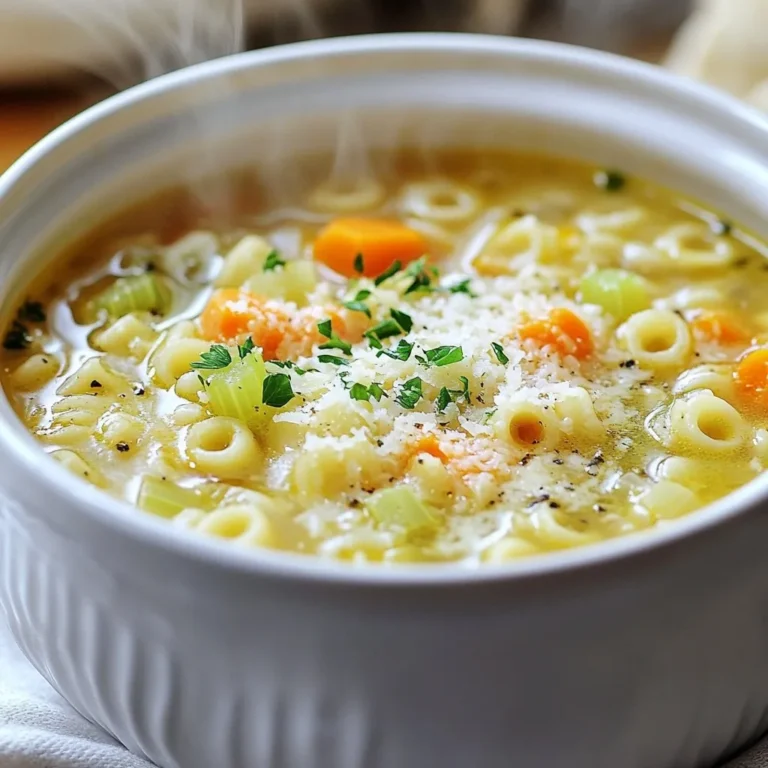- Pastina and Broth Options - 1 cup pastina (tiny pasta) - 4 cups chicken broth (or vegetable broth for a vegetarian option) - Fresh Vegetables and Aromatics - 1 medium carrot, diced - 1 celery stalk, diced - 1 small onion, finely chopped - 2 cloves garlic, minced - Seasoning and Garnishing Ingredients - 1 tablespoon extra virgin olive oil - 1 teaspoon dried thyme - Salt and freshly ground black pepper to taste - Fresh parsley, finely chopped (for garnish) - Grated Parmesan cheese (optional, for garnish) Gather these simple ingredients to create your classic pastina soup. Each one plays a key role in making this dish comforting and flavorful. Pastina is the tiny pasta that gives the soup its heart. The broth is your base, bringing warmth and depth. Fresh veggies add color and crunch, while herbs and spices enhance the taste. Lastly, the garnishes make it look inviting and add extra flavor. {{ingredient_image_2}} To start, I heat a large pot over medium heat. I pour in a tablespoon of extra virgin olive oil. Once the oil is hot, I add the finely chopped onion, diced carrot, and diced celery. I sauté this mix for about five minutes. The goal is to soften the veggies and make the onion clear. Stir it often to avoid burning. Next, I add two cloves of minced garlic and one teaspoon of dried thyme. This is where the magic begins! I stir well and let it cook for one to two minutes. This step is key, as it helps release the flavors without burning the garlic. Now, I pour in four cups of chicken broth, or vegetable broth for a vegetarian option. I bring the mix to a gentle boil. This step creates a warm base for the soup. Once it simmers, it’s ready for the pastina. When the broth boils, I reduce the heat to low. I carefully add one cup of pastina and stir gently. I cook it for about six to eight minutes. I stir occasionally to keep it from sticking. This helps ensure the pastina is perfectly al dente. After cooking, I taste the soup. I add salt and freshly ground black pepper to my liking. For a bright touch, I might add a splash of lemon juice. This step balances the flavors and adds a fresh zing. I ladle the soup into bowls, making sure each has a good amount of pastina. I like to garnish with fresh parsley and some grated Parmesan cheese. Serving it hot makes every spoonful comforting and delightful! To boost the taste of your Classic Pastina Soup, try some fun additions. Here are a few ideas: - Lemon Juice: A splash brightens the soup. - Spinach or Kale: Toss in some greens for color and nutrition. - Chicken: Add shredded rotisserie chicken for a protein boost. - Herbs: Fresh basil or dill can add freshness. These options let you customize the soup to your taste. You can mix and match to find your favorite combo! One big mistake in making pastina soup is overcooking the pasta. This leads to mushy soup. Here are some tips to keep your soup just right: - Timing: Add pastina only when the broth boils. - Stir: Stir occasionally to prevent sticking. - Check: Taste the pasta a minute before the time ends. It should be al dente, not soft. By paying close attention, you’ll keep that perfect texture. Enjoy your Classic Pastina Soup with tasty sides and drinks. Here are some great pairings: - Garlic Bread: Crunchy and buttery, it goes well with the soup. - Salad: A fresh green salad adds a nice contrast. - Herbal Tea: Chamomile or mint tea can soothe your palate. - White Wine: A light, crisp wine pairs nicely with this dish. These pairings make your meal even more enjoyable. Try them out for a cozy dinner! Pro Tips Use Homemade Broth: For the best flavor, use homemade chicken or vegetable broth. It enhances the soup's richness and depth. Don’t Overcook the Pastina: Pastina cooks quickly, so keep an eye on it to avoid mushy pasta. Aim for al dente for the perfect bite. Add Greens: For extra nutrition, consider adding a handful of spinach or kale during the last few minutes of cooking. Customize Your Seasoning: Feel free to experiment with different herbs like rosemary or basil for a unique flavor profile. {{image_4}} You can easily make this soup vegetarian. Just swap chicken broth for vegetable broth. The taste stays rich and warm. You still get that cozy vibe. The fresh veggies add great flavor. This is perfect for those who want a meat-free meal. Want to add protein? Chicken is a great choice. Shredded rotisserie chicken works well. You can also use beans for a vegetarian twist. White beans or chickpeas add a nice texture. They also boost the nutrition of the soup. Feel free to customize your soup. Add different veggies like spinach or peas. You can also use herbs like basil or oregano. A squeeze of lemon brightens the flavors, too. Adjust the salt and pepper to fit your taste. Each bowl can be unique! To keep your leftover soup fresh, use airtight containers. Glass or plastic containers work well. Allow the soup to cool before sealing it. This helps keep the flavor locked in. Store the soup in the fridge for up to three days. If you want to keep it longer, consider freezing it. When reheating, do it slowly on the stove. Pour the soup into a pot over low heat. Stir often to keep it from sticking. If the soup seems thick, add a splash of broth or water. This keeps the flavor strong and the texture smooth. Freezing soup is easy. Use freezer-safe containers or bags. Leave some space at the top for expansion. Label each container with the date. Thaw the soup overnight in the fridge before reheating. Do not refreeze once it's thawed. Enjoy your comforting bowl of pastina whenever you need a warm pick-me-up! Pastina is a tiny pasta shape. It looks like little stars or grains. You can find it in many Italian dishes. It cooks quickly and is great for soups. I love using pastina in comfort food recipes, especially in broth-based dishes. Yes, you can make this soup gluten-free. Look for gluten-free pastina or tiny rice shapes. Quinoa pasta is another good choice. These options will give you the same comforting feel without gluten. Classic Pastina Soup lasts about three to four days in the fridge. Store it in an airtight container. Always check for signs of spoilage before eating. If it smells off or looks strange, toss it out. You can use vegetable broth for a tasty veggie option. Homemade broth adds great flavors too. If you want a rich taste, try mushroom broth. Each of these options will keep your soup savory and warm. In this blog post, we explored how to make a hearty pastina soup. We covered key ingredients and each step to cook it perfectly. I shared tips to enhance flavor and common mistakes to avoid. You learned how to store and reheat leftovers, ensuring great taste over time. Remember, customizing your ingredients can lead to a unique bowl every time. Enjoy your cooking journey with pastina soup, and make it your own!