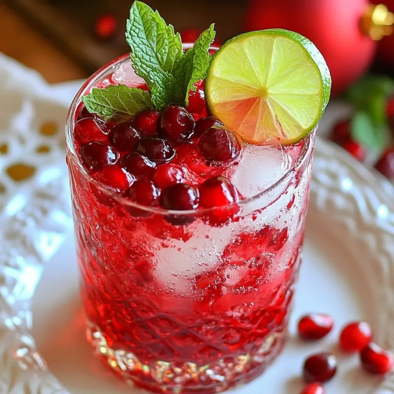 - 1 cup cranberry juice - 1 cup sparkling water - 1 tablespoon freshly squeezed lime juice - Honey or maple syrup - Fresh mint leaves - Pomegranate seeds - Lime slices - Additional mint leaves The main ingredients make this drink special. Cranberry juice gives it a lovely red color and sweet-tart taste. Sparkling water adds bubbles and fun. Fresh lime juice brightens the drink with a zesty kick. You can sweeten your mocktail with honey or maple syrup. Use it if you like a sweeter drink. Fresh mint leaves add a cool flavor that feels festive. Pomegranate seeds give a pop of color and flavor, too. For garnishing, think about adding lime slices. They look nice and add extra lime taste. You can also use more mint leaves for a fresh touch. These small details make your Christmas Mistletoe Mocktail look and taste great. Enjoy making it! {{ingredient_image_2}} - Start with a large pitcher. - Pour in 1 cup of cranberry juice. - Add 1 cup of sparkling water next. - Squeeze in 1 tablespoon of fresh lime juice. - If you want it sweeter, add 1 tablespoon of honey or maple syrup. - Stir gently to mix all the ingredients well. - Now, it's time to taste the mix. - If you want a sweeter drink, add more honey or syrup. - Stir again until the sweetness feels just right. - Grab your glasses and fill each one with ice cubes. - Slowly pour the mocktail mix over the ice. - Make sure each glass gets an even amount. - For a festive look, add fresh mint leaves on top. - Sprinkle a few pomegranate seeds for color. - Finish with a slice of lime on the rim of each glass. To boost the taste of your Christmas Mistletoe Mocktail, you can try different sweeteners. Honey or maple syrup works well, but you can also use agave syrup or stevia. Each sweetener offers its own unique flavor, so feel free to experiment. You can also swap out the cranberry juice for other juices. Orange juice adds a nice citrus note, while apple juice gives a sweeter taste. Mixing juices can create fun flavor combinations. Garnishes make your mocktail look festive and fun. Fresh mint leaves add a pop of green. Pomegranate seeds provide bright red spots. You can also use cranberries or edible flowers for added flair. When serving at parties, consider using clear glasses. This way, your guests can see the vibrant colors. You can also create a mocktail bar. Set out different juices, sweeteners, and garnishes for guests to customize their drinks. You can make this mocktail ahead of time. Just mix the juices and sweetener without adding the sparkling water. Store it in the fridge until you’re ready to serve. This keeps the drink fresh and bubbly. Serving temperature is key. Serve the mocktail chilled over ice for a refreshing drink. If you prefer it less fizzy, pour it over less ice. This way, it stays cold without losing too much carbonation. Pro Tips Chill Your Ingredients: For an extra refreshing mocktail, chill your cranberry juice and sparkling water in advance. This keeps your drink cool and crisp without needing too much ice. Experiment with Sweeteners: Try using different sweeteners like agave syrup or stevia in place of honey or maple syrup to suit your dietary preferences. Add a Flavor Twist: Enhance your mocktail by adding other fruits like sliced oranges or berries for an additional layer of flavor. Make It Ahead: Prepare the mocktail mixture ahead of time and store it in the refrigerator. Just add ice and garnish before serving to save time during your holiday gatherings. {{image_4}} You can change the taste of your Christmas Mistletoe Mocktail. Adding a citrus twist is one way. Use orange or lemon juice along with your cranberry juice. This makes the drink bright and refreshing. You can also add zesty lemon slices for extra flavor. Berry-infused options are another fun twist. Try adding fresh or frozen berries, like blueberries or raspberries. Simply muddle them in the glass before pouring in your mocktail mix. This adds a sweet and tangy taste that pairs well with the cranberry juice. This mocktail can be a base for cocktails too. Add a splash of vodka or gin for a festive drink. Mix in your favorite spirit for a fun adult version. You can also use it in a festive punch. Combine it with other juices and soda for a big batch drink. This is perfect for holiday parties. Seasonal fruits can make great garnishes. Try using slices of oranges, or even fresh cranberries. This adds color and flavor. You can also swap herbs. Instead of mint leaves, use fresh rosemary or thyme. This gives your drink a unique twist and adds a lovely aroma. To store leftover mocktail, pour it into a clean container. Glass or plastic bottles work well. Seal the container tightly to keep it fresh. Avoid using metal containers, as they can affect the taste. For the best taste, drink the mocktail within two days. After that, it may lose its fizz and flavor. Signs your mocktail has spoiled include a sour smell or odd taste. If it looks cloudy, it’s best to toss it. You can use leftover cranberry juice in smoothies or salad dressings. Pomegranate seeds make a great topping for yogurt or oatmeal. They add a burst of flavor and color to many dishes. Get creative and enjoy your leftovers! What is a mocktail? A mocktail is a non-alcoholic drink that mimics a cocktail. It uses fresh juices, sodas, and herbs. Mocktails offer fun flavors and can be festive too. They are perfect for parties or family gatherings. How to make this drink sweeter? To sweeten this drink, add honey or maple syrup. You can mix it in the pitcher with the other ingredients. If it’s still not sweet enough, stir in more sweetener after tasting. Always taste as you go! Can I make it ahead of time? Yes, you can prepare the base of the mocktail ahead of time. Mix the cranberry juice, sparkling water, and lime juice in a pitcher. Keep it in the fridge. Just add ice and garnish when you are ready to serve. Is this mocktail suitable for kids? Absolutely! This mocktail is great for kids. It has no alcohol and uses healthy ingredients. They will love the flavors and the festive look. It’s a fun drink for everyone! Can I use diet soda instead of sparkling water? Yes, you can use diet soda. It will change the flavor a bit but will still taste good. Just remember to choose a flavor that matches the cranberry juice. What can I substitute for cranberry juice? If you don’t have cranberry juice, try pomegranate juice. It has a similar tartness and bright color. You could also use cherry juice for a sweeter taste. This post covered how to make a refreshing mocktail. We discussed key ingredients like cranberry juice and fresh lime juice. I shared simple steps to mix and serve. You also learned tips for flavor and presentation. In creating this drink, remember to adjust flavors to your taste. Explore variations for fun twists. With these ideas, you can enjoy a tasty mocktail any time. Now, get creative and share this drink with friends!