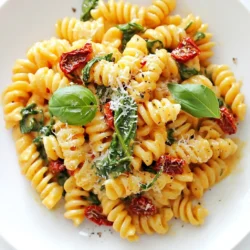 - 8 oz pasta (your choice, such as rotini or fettuccine) - 1 cup sun-dried tomatoes packed in olive oil, drained - 1/2 cup heavy cream - 1/2 cup freshly grated Parmesan cheese - 2 garlic cloves, minced - 1 teaspoon red pepper flakes - 2 cups fresh baby spinach - 2 tablespoons olive oil - Salt to taste - Freshly ground pepper to taste - Fresh basil leaves for garnish (optional) You can choose any pasta. I like rotini or fettuccine. For sun-dried tomatoes, use those packed in oil for more flavor. If you want a lighter dish, substitute heavy cream with half-and-half. Instead of Parmesan, try Pecorino Romano for a different taste. You can add more or less red pepper flakes based on your spice level. Pasta is the base of this dish. It gives you a filling and hearty bite. Sun-dried tomatoes add a rich, tangy flavor. They are chewy and sweet, making them a great addition. The heavy cream creates a smooth sauce that coats the pasta well. Garlic adds depth. Fresh spinach gives color and nutrition. Olive oil brings everything together with a rich taste. Each ingredient plays a role in making this dish quick and delicious. {{ingredient_image_2}} To start, bring a large pot of salted water to a boil. I like to use a big pot so the pasta cooks evenly. Add 8 ounces of your favorite pasta, like rotini or fettuccine. Follow the package instructions for cooking time until the pasta is al dente. Al dente means it is firm to the bite, which is perfect for this dish. Before you drain the pasta, save one cup of the cooking water. This water helps to make the sauce creamy later. Once done, drain the pasta and set it aside. Next, we will make a simple cream sauce. In the same pot where you cooked the pasta, pour in 2 tablespoons of olive oil. Add 2 minced garlic cloves to the pot and heat it over medium flame. Saut&eacute; the garlic for about one minute. You want it to smell good but not turn brown. Then, add 1 cup of sun-dried tomatoes and 1 teaspoon of red pepper flakes. Stir this mixture for about 2 minutes. This helps the flavors blend together. Now, pour in 1/2 cup of heavy cream and gently bring it to a simmer. Let it cook for 2-3 minutes while stirring. The sauce will begin to thicken slightly. Now it&rsquo;s time to bring everything together. Lower the heat and add the drained pasta to the pot. Sprinkle in 1/2 cup of freshly grated Parmesan cheese. Toss everything together gently, adding the reserved pasta water a little at a time. This helps you get the sauce just right. You want it creamy but not too thick. Next, fold in 2 cups of fresh baby spinach. Stir gently until the spinach wilts. Finally, taste your dish and season it with salt and freshly ground pepper as needed. Serve it hot, and feel free to garnish with fresh basil leaves if you like. To cook pasta just right, start with a large pot. Fill it with water and add salt. The salt helps flavor the pasta. Bring the water to a boil. Add the pasta and stir a bit. Follow the package instructions for cooking time. Al dente means it should have a slight bite. Before draining, save one cup of the pasta water. This water helps the sauce cling later. To make a smooth cream sauce, pour in the heavy cream after saut&eacute;ing garlic and sun-dried tomatoes. Heat it gently and let it simmer. Stir often to avoid burning. If the sauce is too thick, add some reserved pasta water. This water will help loosen the sauce without losing flavor. Aim for a creamy, not runny, sauce that coats the pasta. Start with fresh ingredients for the best taste. Use minced garlic and sun-dried tomatoes. Red pepper flakes add a nice kick. Taste your dish as you cook. Add salt and pepper to enhance the flavors. You can also finish with fresh basil leaves for a burst of freshness. Adjust the seasoning until it feels just right for you. Pro Tips Use Quality Sun-Dried Tomatoes: Opt for sun-dried tomatoes packed in olive oil for richer flavor and better texture. Control the Creaminess: Adjust the amount of heavy cream based on your preference for a thicker or thinner sauce. Season Gradually: Taste and season your dish with salt and pepper throughout the cooking process for a well-balanced flavor. Fresh Spinach Addition: Adding spinach at the end helps retain its vibrant color and nutrients, making your dish more visually appealing. {{image_4}} To boost your meal, add proteins like chicken or shrimp. Cook the chicken in the pot before adding garlic. For shrimp, toss them in after the sun-dried tomatoes. Cook until they turn pink. This adds flavor and makes it filling. You can also use leftover chicken or shrimp for quick prep. If you want a vegetarian twist, add mushrooms or zucchini. Slice the mushrooms and saut&eacute; them with garlic. For zucchini, cut it into small pieces and add it when you mix in the spinach. These veggies add texture and nutrients, making your dish colorful and tasty. To make this dish gluten-free, swap regular pasta for gluten-free pasta. Many brands offer great options that taste wonderful. Just be careful with cooking times, as gluten-free pasta can cook faster. Follow the package instructions for best results. Enjoy your meal without worries! To keep your sun-dried tomato pasta fresh, first let it cool. Place the pasta in an airtight container. This helps prevent it from drying out. You can store it in the fridge for up to three days. Make sure to label the container with the date. This way, you&rsquo;ll know when to use it. When it&rsquo;s time to enjoy your leftovers, there are a few easy ways to reheat them. - Stovetop: Heat a pan over medium heat. Add a splash of water or extra cream. Stir often to avoid sticking. - Microwave: Place the pasta in a microwave-safe bowl. Add a little water to keep it moist. Cover and heat for 1-2 minutes, stirring halfway through. Both methods work well, but the stovetop keeps the sauce creamy. If you want to save your sun-dried tomato pasta for later, freezing is a great option. Start by letting the pasta cool completely. Then, pack it into freezer-safe bags or containers. Remove as much air as possible to prevent freezer burn. You can freeze it for up to three months. When you&rsquo;re ready to eat, thaw it overnight in the fridge before reheating. This keeps the flavors intact and makes mealtime easy! Yes, you can use canned sun-dried tomatoes. They are often packed in oil, which adds great flavor. Just drain them before using. Canned tomatoes also save time since you don&rsquo;t need to chop them. They work well in this dish. You can use any pasta you like. Rotini and fettuccine are great options. Rotini holds the sauce well due to its twists. Fettuccine offers a nice, flat surface that pairs well with creamy sauces. Choose what you enjoy most! To spice up your dish, add more red pepper flakes. Start with an extra half teaspoon and taste as you go. You can also add a dash of hot sauce for more heat. Remember, it&rsquo;s all about your spice level! This blog post explored easy steps to create a tasty pasta dish. We covered essential ingredients, how to cook pasta, and make a creamy sauce. I shared tips for cooking and seasoning, plus variations for different diets. Lastly, we discussed smart ways to store leftovers and answered common questions. Remember, cooking pasta can be fun and delicious. Each step helps you create a great meal. Enjoy experimenting with flavors and ingredients. Cooking is all about learning and finding what you love!