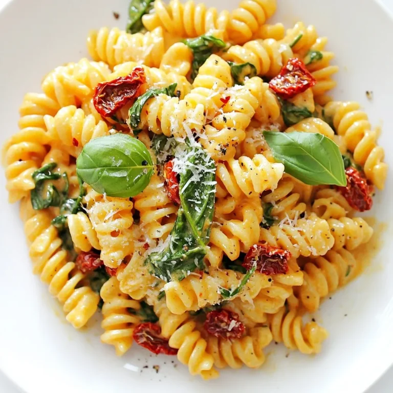 - 8 oz pasta (your choice, such as rotini or fettuccine) - 1 cup sun-dried tomatoes packed in olive oil, drained - 1/2 cup heavy cream - 1/2 cup freshly grated Parmesan cheese - 2 garlic cloves, minced - 1 teaspoon red pepper flakes - 2 cups fresh baby spinach - 2 tablespoons olive oil - Salt to taste - Freshly ground pepper to taste - Fresh basil leaves for garnish (optional) You can choose any pasta. I like rotini or fettuccine. For sun-dried tomatoes, use those packed in oil for more flavor. If you want a lighter dish, substitute heavy cream with half-and-half. Instead of Parmesan, try Pecorino Romano for a different taste. You can add more or less red pepper flakes based on your spice level. Pasta is the base of this dish. It gives you a filling and hearty bite. Sun-dried tomatoes add a rich, tangy flavor. They are chewy and sweet, making them a great addition. The heavy cream creates a smooth sauce that coats the pasta well. Garlic adds depth. Fresh spinach gives color and nutrition. Olive oil brings everything together with a rich taste. Each ingredient plays a role in making this dish quick and delicious. {{ingredient_image_2}} To start, bring a large pot of salted water to a boil. I like to use a big pot so the pasta cooks evenly. Add 8 ounces of your favorite pasta, like rotini or fettuccine. Follow the package instructions for cooking time until the pasta is al dente. Al dente means it is firm to the bite, which is perfect for this dish. Before you drain the pasta, save one cup of the cooking water. This water helps to make the sauce creamy later. Once done, drain the pasta and set it aside. Next, we will make a simple cream sauce. In the same pot where you cooked the pasta, pour in 2 tablespoons of olive oil. Add 2 minced garlic cloves to the pot and heat it over medium flame. Sauté the garlic for about one minute. You want it to smell good but not turn brown. Then, add 1 cup of sun-dried tomatoes and 1 teaspoon of red pepper flakes. Stir this mixture for about 2 minutes. This helps the flavors blend together. Now, pour in 1/2 cup of heavy cream and gently bring it to a simmer. Let it cook for 2-3 minutes while stirring. The sauce will begin to thicken slightly. Now it’s time to bring everything together. Lower the heat and add the drained pasta to the pot. Sprinkle in 1/2 cup of freshly grated Parmesan cheese. Toss everything together gently, adding the reserved pasta water a little at a time. This helps you get the sauce just right. You want it creamy but not too thick. Next, fold in 2 cups of fresh baby spinach. Stir gently until the spinach wilts. Finally, taste your dish and season it with salt and freshly ground pepper as needed. Serve it hot, and feel free to garnish with fresh basil leaves if you like. To cook pasta just right, start with a large pot. Fill it with water and add salt. The salt helps flavor the pasta. Bring the water to a boil. Add the pasta and stir a bit. Follow the package instructions for cooking time. Al dente means it should have a slight bite. Before draining, save one cup of the pasta water. This water helps the sauce cling later. To make a smooth cream sauce, pour in the heavy cream after sautéing garlic and sun-dried tomatoes. Heat it gently and let it simmer. Stir often to avoid burning. If the sauce is too thick, add some reserved pasta water. This water will help loosen the sauce without losing flavor. Aim for a creamy, not runny, sauce that coats the pasta. Start with fresh ingredients for the best taste. Use minced garlic and sun-dried tomatoes. Red pepper flakes add a nice kick. Taste your dish as you cook. Add salt and pepper to enhance the flavors. You can also finish with fresh basil leaves for a burst of freshness. Adjust the seasoning until it feels just right for you. Pro Tips Use Quality Sun-Dried Tomatoes: Opt for sun-dried tomatoes packed in olive oil for richer flavor and better texture. Control the Creaminess: Adjust the amount of heavy cream based on your preference for a thicker or thinner sauce. Season Gradually: Taste and season your dish with salt and pepper throughout the cooking process for a well-balanced flavor. Fresh Spinach Addition: Adding spinach at the end helps retain its vibrant color and nutrients, making your dish more visually appealing. {{image_4}} To boost your meal, add proteins like chicken or shrimp. Cook the chicken in the pot before adding garlic. For shrimp, toss them in after the sun-dried tomatoes. Cook until they turn pink. This adds flavor and makes it filling. You can also use leftover chicken or shrimp for quick prep. If you want a vegetarian twist, add mushrooms or zucchini. Slice the mushrooms and sauté them with garlic. For zucchini, cut it into small pieces and add it when you mix in the spinach. These veggies add texture and nutrients, making your dish colorful and tasty. To make this dish gluten-free, swap regular pasta for gluten-free pasta. Many brands offer great options that taste wonderful. Just be careful with cooking times, as gluten-free pasta can cook faster. Follow the package instructions for best results. Enjoy your meal without worries! To keep your sun-dried tomato pasta fresh, first let it cool. Place the pasta in an airtight container. This helps prevent it from drying out. You can store it in the fridge for up to three days. Make sure to label the container with the date. This way, you’ll know when to use it. When it’s time to enjoy your leftovers, there are a few easy ways to reheat them. - Stovetop: Heat a pan over medium heat. Add a splash of water or extra cream. Stir often to avoid sticking. - Microwave: Place the pasta in a microwave-safe bowl. Add a little water to keep it moist. Cover and heat for 1-2 minutes, stirring halfway through. Both methods work well, but the stovetop keeps the sauce creamy. If you want to save your sun-dried tomato pasta for later, freezing is a great option. Start by letting the pasta cool completely. Then, pack it into freezer-safe bags or containers. Remove as much air as possible to prevent freezer burn. You can freeze it for up to three months. When you’re ready to eat, thaw it overnight in the fridge before reheating. This keeps the flavors intact and makes mealtime easy! Yes, you can use canned sun-dried tomatoes. They are often packed in oil, which adds great flavor. Just drain them before using. Canned tomatoes also save time since you don’t need to chop them. They work well in this dish. You can use any pasta you like. Rotini and fettuccine are great options. Rotini holds the sauce well due to its twists. Fettuccine offers a nice, flat surface that pairs well with creamy sauces. Choose what you enjoy most! To spice up your dish, add more red pepper flakes. Start with an extra half teaspoon and taste as you go. You can also add a dash of hot sauce for more heat. Remember, it’s all about your spice level! This blog post explored easy steps to create a tasty pasta dish. We covered essential ingredients, how to cook pasta, and make a creamy sauce. I shared tips for cooking and seasoning, plus variations for different diets. Lastly, we discussed smart ways to store leftovers and answered common questions. Remember, cooking pasta can be fun and delicious. Each step helps you create a great meal. Enjoy experimenting with flavors and ingredients. Cooking is all about learning and finding what you love!