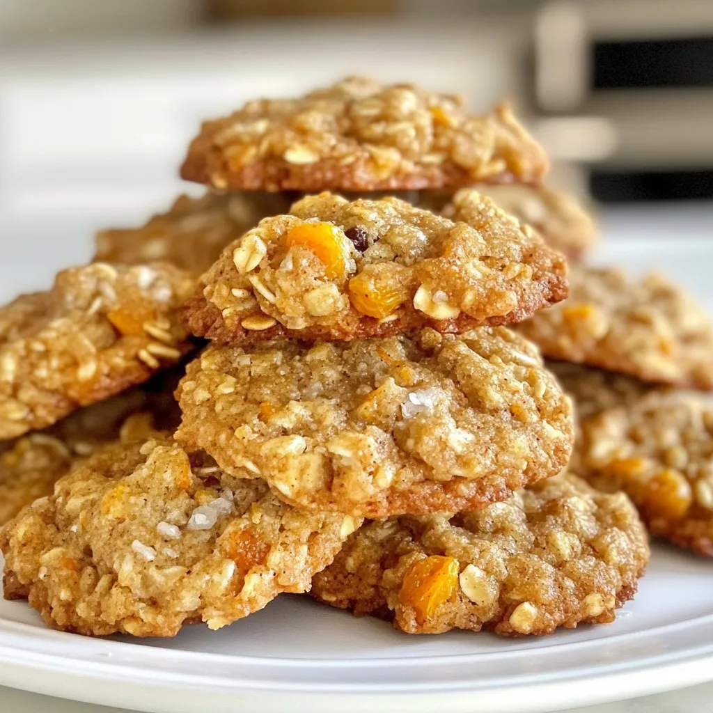 To make delicious carrot cake oatmeal cookies, gather these simple ingredients: - 1 cup rolled oats - 1 cup whole wheat flour - 1 teaspoon baking soda - 1 teaspoon ground cinnamon - 1/2 teaspoon ground nutmeg - 1/4 teaspoon salt - 1/2 cup brown sugar, packed - 1/4 cup granulated sugar - 1/2 cup unsweetened applesauce - 1/3 cup vegetable oil - 1 teaspoon vanilla extract - 1 cup grated carrots (about 2 medium carrots) - 1/2 cup raisins - 1/2 cup chopped walnuts (optional) - 1/4 cup shredded coconut (optional) Choosing the right ingredients makes a big difference. Here are some tips: - Rolled oats: Look for whole rolled oats. They should be thick and hearty. - Flour: Whole wheat flour adds fiber and flavor. Check the expiration date for freshness. - Spices: Use fresh spices for the best taste. Old spices lose their flavor quickly. - Sugars: Use packed brown sugar. It adds moisture and a hint of caramel flavor. - Carrots: Pick fresh carrots. They should be firm and bright in color. - Raisins: Choose plump raisins. They should not be hard or dry. You can swap some ingredients for different tastes or needs: - Flour: Use all-purpose flour instead of whole wheat if preferred. - Oil: Swap vegetable oil with melted coconut oil for a unique flavor. - Sweeteners: Replace brown sugar with maple syrup or honey. Adjust other liquids as needed. - Applesauce: Use mashed banana for a different twist. It adds a nice flavor. - Nuts: Omit walnuts if you want a nut-free version. - Coconut: Leave out shredded coconut if you don’t like it. {{ingredient_image_2}} Start by preheating your oven to 350°F (175°C). While it heats, line a baking sheet with parchment paper. This keeps the cookies from sticking. In a medium bowl, mix the rolled oats, whole wheat flour, baking soda, cinnamon, nutmeg, and salt. Stir these together until they are well blended. This step is key for a nice cookie texture. In a larger bowl, add the brown sugar and granulated sugar. Whisk until there are no lumps. Then add the applesauce, vegetable oil, and vanilla extract. Mix until it's smooth and creamy. Pour the dry ingredients into the wet ingredients. Stir gently until just combined. It’s okay if there are a few lumps. Overmixing can make the cookies tough. Now, fold in the grated carrots, raisins, walnuts, and coconut if you choose to use them. Gently mix until they are evenly spread through the dough. Use a tablespoon to scoop the dough onto the baking sheet. Space the dough balls about 2 inches apart. Bake for 12-15 minutes. Watch for light golden edges and set centers. After baking, cool the cookies on the sheet for 5 minutes. Then, move them to a wire rack to cool completely. Enjoy your delicious cookies! To keep your cookies moist, use unsweetened applesauce. It adds flavor and moisture. Mix it well into the wet ingredients. Avoid overbaking; check for a light golden edge. This ensures a soft center. If you want extra moisture, consider adding a little more applesauce. For the best texture, mix dry and wet ingredients gently. Overmixing will make cookies tough. Leave some lumps in the batter; they create a nice chewy bite. Use whole wheat flour for a heartier cookie. This flour adds fiber and a nutty taste. Make your cookies look great for serving. Use a colorful plate to display them. Dust with powdered sugar for a sweet touch. Arrange cookies in a stack or a circle. Consider adding edible flowers or fresh mint for color. This adds a nice pop and makes them more inviting. Pro Tips Use Fresh Carrots: For the best flavor and moisture, use freshly grated carrots instead of pre-packaged shredded carrots. Chill the Dough: If the dough feels too sticky, chill it in the refrigerator for 15-20 minutes before baking for easier handling. Experiment with Add-Ins: Feel free to customize your cookies by adding other mix-ins like chopped dried fruits, seeds, or different nuts for a unique twist. Storage Tips: Store the cookies in an airtight container at room temperature for up to a week, or freeze them for longer-lasting freshness. {{image_4}} To make these cookies nut-free, just skip the walnuts. You still get great flavor and texture. If you miss the crunch, try adding more oats or a bit of sunflower seeds. Both options keep the cookies tasty and fun. To make these cookies gluten-free, swap whole wheat flour with a gluten-free blend. Look for a mix that includes xantham gum for better texture. You can also use almond flour for a nutty twist. Just keep an eye on the baking time, as gluten-free cookies may bake faster. You can get creative with mix-ins! Try adding chocolate chips for a sweet surprise. Dried cranberries or apricots add a fruity touch. For a spiced kick, toss in some chopped ginger or a dash of cloves. You can even use pumpkin puree instead of applesauce for a fall flavor. The choices are endless, so feel free to experiment! To keep your carrot cake oatmeal cookies fresh, store them in an airtight container. This prevents air from making them dry. You can stack the cookies with parchment paper between layers. This way, they won’t stick together. Place the container in a cool, dry place, away from sunlight. If you want to save some cookies for later, freezing is a great option. First, let the cookies cool completely. Then, place them in a single layer on a baking sheet. Freeze them for about an hour. Once they are hard, transfer the cookies to a freezer-safe bag. Remove as much air as possible before sealing. They will stay fresh for up to three months. These cookies taste best within a week. After that, they may lose some moisture. If stored properly, they can last for up to two weeks at room temperature. To check for freshness, look for any signs of dryness or changes in texture. If they feel too hard, heat them in the microwave for a few seconds. This can help revive their softness. Yes, you can use quick oats. Quick oats will make the cookies softer. They blend into the batter more easily. If you want a chewier texture, stick with rolled oats. They hold their shape better during baking. To make these cookies vegan, replace the applesauce with mashed banana. You can also swap the vegetable oil with coconut oil. Use a vegan sugar to keep it plant-based. Lastly, check that your oats are certified vegan. You can use mashed banana or pureed pumpkin. Both options add moisture and sweetness. If you need a lower-sugar option, try unsweetened yogurt. This will also help bind your cookies well. To stop cookies from spreading too much, chill the dough before baking. This helps firm up the fat. Make sure your oven is preheated to the right temperature. Use parchment paper on your baking sheet to give the cookies a good base. Carrot cake oatmeal cookies combine good taste with simple steps. We covered key ingredients, tips for selecting quality items, and how to substitute them. Next, I shared step-by-step methods for mixing and baking. You also learned tips for moist and well-textured cookies, as well as fun variations. Lastly, I explained the best ways to store and freeze your cookies. By following this guide, you can enjoy delicious cookies anytime. Happy baking!