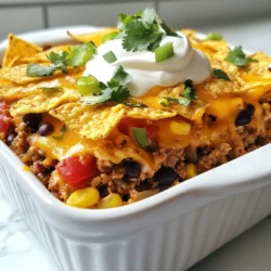 To make this taco casserole, gather these main ingredients: - 1 lb ground beef or turkey - 1 can (15 oz) black beans, drained and rinsed - 1 can (15 oz) corn, drained - 1 can (10 oz) diced tomatoes with green chilies - 1 packet taco seasoning - 1 cup salsa - 2 cups tortilla chips, lightly crushed - 2 cups shredded cheddar cheese - 1 cup sour cream - 2 green onions, chopped - Fresh cilantro, for garnish (optional) Each ingredient brings a burst of flavor. The ground meat serves as the base. The black beans add protein and texture. Corn gives a sweet crunch, while diced tomatoes bring a zesty kick. Taco seasoning ties it all together with classic spices. Salsa adds moisture and more flavor, making every bite delicious. You can make your taco casserole even tastier with these optional toppings: - Sliced avocado - Jalape&ntilde;o slices - Extra shredded cheese - Chopped fresh cilantro - Lime wedges These toppings add freshness and extra flavor. Sliced avocado gives a creamy texture. Jalape&ntilde;os add heat, while lime juice brightens the dish. Feel free to mix and match based on what you love. Pair your taco casserole with these side dishes for a great meal: - Simple green salad - Mexican rice - Refried beans - Cornbread These sides complement the casserole perfectly. A salad adds freshness. Mexican rice offers a hearty addition. Refried beans enhance the flavor, while cornbread provides a comforting touch. Enjoy your meal together for a fun family night! {{ingredient_image_2}} First, gather all the ingredients. You will need: - 1 lb ground beef or turkey - 1 can (15 oz) black beans, drained and rinsed - 1 can (15 oz) corn, drained - 1 can (10 oz) diced tomatoes with green chilies - 1 packet taco seasoning - 1 cup salsa - 2 cups tortilla chips, lightly crushed - 2 cups shredded cheddar cheese - 1 cup sour cream - 2 green onions, chopped - Fresh cilantro, for garnish (optional) Next, preheat your oven to 350&deg;F (175&deg;C). This heat gets the casserole nice and bubbly. In a large skillet over medium heat, add the ground beef or turkey. Use a spatula to break it apart. Cook until it turns brown and is no longer pink. This should take about 5 to 7 minutes. Once cooked, drain the excess fat carefully. Now, add the black beans, corn, diced tomatoes with green chilies, taco seasoning, and salsa to the skillet. Stir all the ingredients well. Let this mixture simmer for about 5 minutes. This helps all the flavors blend together. Grease a 9x13 inch baking dish with cooking spray or olive oil. Start by layering half of the crushed tortilla chips at the bottom. Next, spread half of the meat mixture evenly over the chips. Then, sprinkle half of the shredded cheddar cheese on top. Repeat this process. Add the remaining crushed tortilla chips, followed by the second half of the meat mixture, and finish with the rest of the cheese. Cover the dish tightly with aluminum foil. Place it in the oven and bake for 25 minutes. After 25 minutes, carefully remove the foil. Bake for another 10 to 15 minutes. This will make the cheese melt and turn a nice golden brown. Let the casserole cool for about 5 minutes before serving. Spoon portions onto plates and add sour cream on top. Garnish each plate with chopped green onions and fresh cilantro if you like. Enjoy your delicious taco casserole! When picking meat for your taco casserole, I recommend using ground beef or turkey. Both provide great flavor and texture. If you want a leaner option, go for ground turkey. It tastes good and cuts down on fat. Look for meat that is bright red and firm. This means it&rsquo;s fresh and high quality. To make this dish kid-friendly, you can adjust the spice levels. Use mild taco seasoning instead of spicy. You can also skip the green chilies in the diced tomatoes. Kids often love cheese, so add extra cheddar on top. Another trick is to let them help with the layers. They&rsquo;ll love creating their own plate! If you have dietary needs, there are easy swaps you can make. For a vegetarian option, replace the meat with lentils or extra beans. You can use dairy-free cheese if you're lactose intolerant. To make it gluten-free, choose corn tortilla chips instead of regular ones. These swaps keep the meal tasty and fun for everyone. Pro Tips Layer for Flavor: Ensure each layer of the casserole is evenly spread to maximize flavor distribution throughout the dish. Cheese Choices: For a twist on flavor, try mixing different types of cheese, such as pepper jack or Monterey Jack, with the cheddar. Make Ahead: Assemble the casserole a day in advance and refrigerate it. Bake it straight from the fridge, adding a few extra minutes to the baking time. Garnish Galore: Get creative with garnishes! Add sliced jalape&ntilde;os, diced avocado, or a sprinkle of lime juice for an extra zing. {{image_4}} To make a tasty vegetarian taco casserole, swap the meat for more beans. Use 2 cans of black beans or pinto beans instead of the ground beef or turkey. You can also add veggies like bell peppers and zucchini to boost flavor and nutrition. Just saut&eacute; them with the beans for a few minutes. This option keeps all the great taco taste without meat. Cheese is key in this casserole. While cheddar is a classic choice, feel free to mix it up! You can use Monterey Jack for a creamier texture or pepper jack if you want some spice. A blend of both gives a nice depth of flavor. Consider crumbling queso fresco on top before serving for a fresh twist. If you love heat, there are many ways to spice up your taco casserole. Add chopped jalape&ntilde;os to the meat mixture for a kick. You can also sprinkle some red pepper flakes over the layers. For a smoky flavor, try adding chipotle peppers in adobo sauce. These small changes can take your dish from mild to wild! Once you finish your taco casserole, let it cool down. Place the leftovers in an airtight container. This keeps the flavors fresh. Store it in the fridge for up to three days. Label the container with the date to remember. You can also cover it tightly with plastic wrap. To reheat your casserole, use an oven or a microwave. If using the oven, preheat it to 350&deg;F (175&deg;C). Place the casserole in a baking dish and cover it with foil. Bake for about 15-20 minutes until hot. If using a microwave, cut a portion and heat for 1-2 minutes. Stir halfway through for even heating. If you want to save your casserole for later, freezing is great. Cut it into portions and wrap each piece in plastic wrap. Then, place the wrapped portions in a freezer bag. Make sure to remove as much air as you can. You can freeze it for up to three months. When you&rsquo;re ready to eat, thaw it in the fridge overnight before reheating. Yes, you can prepare this casserole ahead of time. Just follow the steps up to baking. Cover the dish and store it in the fridge for up to 24 hours. When you&rsquo;re ready to bake, just add an extra 10 to 15 minutes to the baking time. This method keeps the flavors fresh and tasty. If you need a substitute for sour cream, try plain Greek yogurt. It has a similar taste and texture. You can also use cottage cheese or even avocado for a creamy touch. Each option adds a unique flavor, so choose what fits your dish best. To make this taco casserole gluten-free, swap regular tortilla chips for gluten-free ones. Always check the labels to ensure they meet gluten-free standards. You can also use gluten-free taco seasoning. This will keep the dish safe for those with gluten sensitivities while still tasting great. Taco casserole is a tasty treat you can make easily. We discussed the key ingredients, from the main items to great toppings. The step-by-step guide showed how to prep and layer your dish. Tips on picking the right meat and making it kid-friendly were shared. We also explored variations, like vegetarian options and spicy tweaks. Lastly, I covered how to store leftovers and answered common questions. This dish is fun to make and share. Enjoy creating your own taco casserole masterpiece!