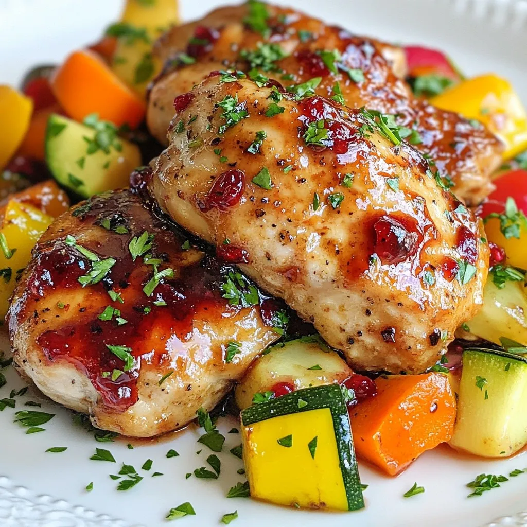 To make Cranberry Glazed Chicken with Veggies, you will need the following ingredients: - Chicken Breasts - 4 boneless, skinless chicken breasts - Cranberry Glaze Ingredients - 1 cup fresh or frozen cranberries - 1/2 cup freshly squeezed orange juice - 1/4 cup pure honey - 2 tablespoons soy sauce (or tamari for gluten-free) - 1 tablespoon extra virgin olive oil - 1 teaspoon minced garlic - 1 teaspoon fresh rosemary, finely chopped (or 1/2 teaspoon dried rosemary) - 1 teaspoon sea salt - 1/2 teaspoon freshly cracked black pepper - Mixed Vegetables - 2 cups mixed vegetables (like bell peppers, zucchini, and carrots) - Fresh parsley, finely chopped for garnish Gather these ingredients to create a dish that balances savory and sweet flavors. The chicken will soak up the cranberry glaze, while the veggies add color and crunch. This recipe is not just tasty, it is also a healthy option for dinner. Enjoy the process of cooking and the delightful meal that follows! {{ingredient_image_2}} To make the glaze, start by gathering your ingredients. In a medium saucepan, mix together: - 1 cup fresh or frozen cranberries - 1/2 cup freshly squeezed orange juice - 1/4 cup pure honey - 2 tablespoons soy sauce - 1 teaspoon minced garlic - 1 teaspoon fresh rosemary Place the saucepan on medium heat. Bring the mix to a gentle simmer. You should see the cranberries burst after about 10 minutes. Stir occasionally. Once it thickens slightly, remove it from the heat. Set the glaze aside for later. Next, we will prepare the chicken. Season both sides of 4 boneless, skinless chicken breasts with: - 1 teaspoon sea salt - 1/2 teaspoon freshly cracked black pepper In a large skillet, heat 1 tablespoon of extra virgin olive oil over medium-high heat. When the oil shimmers, add the seasoned chicken. Sear the chicken for about 5-7 minutes on each side. Look for a nice golden-brown crust. Make sure the chicken reaches an internal temperature of 165°F (74°C). Once the chicken is cooked, it’s time to add the veggies. Lower the heat to medium and add 2 cups of mixed vegetables around the chicken. You can use bell peppers, zucchini, and carrots. Pour half of the cranberry glaze over the chicken and veggies. Stir gently to coat all the vegetables. Cook for about 5-7 minutes. The veggies should be tender but still have a little crunch. In the last couple of minutes, pour the rest of the glaze over the chicken. This will give it a lovely sweet-tart flavor. When everything looks perfect, transfer the chicken and veggies to a serving platter. Drizzle any leftover glaze on top and garnish with chopped parsley. Enjoy! When picking chicken breasts, look for ones that are pink and firm. Avoid any that seem slimy or have a strong smell. Fresh chicken should not have any dark spots. Check the package date to ensure you have the freshest option. If you can, choose organic or free-range chicken for better flavor and quality. To achieve a thicker glaze, cook the cranberries longer to let them burst and break down. Add a splash of orange juice only after the cranberries have cooked down. You can also use a cornstarch slurry. Mix one tablespoon of cornstarch with two tablespoons of water, then stir it into the glaze. This will help it thicken nicely. Cook the chicken until it reaches an internal temperature of 165°F (74°C). This ensures it is safe to eat. Sear the chicken for about 5-7 minutes on each side for a perfect golden crust. When adding the veggies, let them cook for another 5-7 minutes until they are tender but still crisp. Always use a meat thermometer for the best results. Pro Tips Use Fresh Cranberries: If possible, opt for fresh cranberries as they provide a brighter flavor and texture compared to frozen varieties. Marinate for Extra Flavor: For enhanced flavor, marinate the chicken in half of the cranberry glaze for 30 minutes before cooking. Experiment with Veggies: Feel free to mix in your favorite seasonal vegetables for variety. Broccoli or snap peas can add great color and crunch. Check Doneness: Always use a meat thermometer to ensure the chicken reaches an internal temperature of 165°F (74°C) for safe consumption. {{image_4}} You can easily make this dish gluten-free. Just swap soy sauce for tamari. Tamari is a great choice because it has a similar flavor. It works perfectly with the cranberry glaze. Always check the label to ensure it is gluten-free. Feel free to mix in your favorite veggies. Bell peppers, zucchini, and carrots work well. You could also try broccoli or snap peas for a nice crunch. Just remember to cut them into even sizes. This helps them cook at the same rate. You want all vegetables to be tender but still crisp. If you want to cut sugar, use maple syrup or agave. Both of these options provide a sweet touch. They blend well with the orange juice and cranberries. You can adjust the amount based on your taste. Start with the same amount of honey and taste as you go. To keep your leftover cranberry glazed chicken with veggies fresh, place it in an airtight container. Make sure to cool it down first. Store it in the fridge for up to three days. This method helps retain flavor and prevents spoilage. If you want to keep it longer, consider freezing it. When you are ready to enjoy leftovers, reheat them carefully. You can use a microwave or a skillet. If using a microwave, place your chicken and veggies on a microwave-safe plate. Heat on medium power for 1-2 minutes. If using a skillet, add a splash of water or broth to keep it moist. Heat over low to medium heat for about 5 minutes. Check the temperature; it should reach at least 165°F (74°C). For long-term storage, freezing is a great option. Before freezing, make sure your chicken and veggies are completely cooled. Place them in freezer-safe bags or containers. Remove as much air as possible to prevent freezer burn. Label the bags with the date. You can freeze for up to three months. When ready to eat, thaw in the fridge overnight before reheating. This keeps the dish safe and tasty! Yes, you can use frozen cranberries. They work well and save time. Just add them to the pot without thawing. The cooking time will remain the same. The glaze will still turn out delicious and tangy. Frozen cranberries are a great choice when fresh ones are out of season. If you want a honey substitute, you can use maple syrup or agave nectar. Both options give a sweet flavor similar to honey. Adjust the amount based on your taste. You might need slightly less maple syrup since it is sweeter than honey. This swap keeps your dish tasty and satisfying. This recipe is naturally dairy-free, so you don’t need to change much. Just ensure any sides or dressings are also dairy-free. Focus on using olive oil for cooking. This keeps the flavors bright and fresh. Pair it with a dairy-free side like quinoa or a green salad for a complete meal. This blog covered all the steps to create a tasty chicken dish with cranberry glaze. We talked about the best ingredients and how to cook everything just right. I shared tips on choosing chicken and making the glaze thicker. You also learned about variations and how to store leftovers. In the end, cooking can be simple and fun. You can enjoy this meal any time by using the tips provided. Try it out and enjoy!
