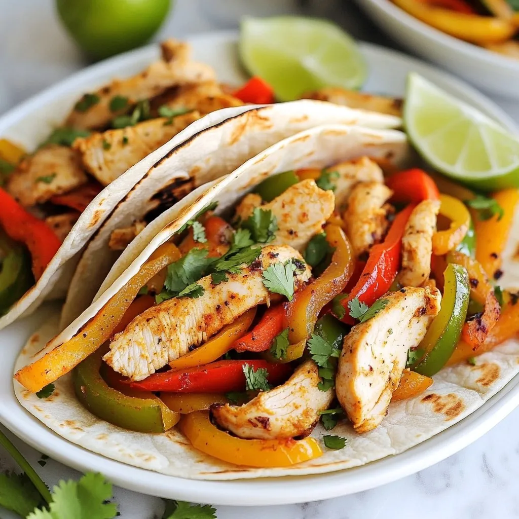 - 1 lb boneless, skinless chicken breast - 4 small flour tortillas (whole wheat option) - 1 bell pepper (variety options) - 1 medium onion - 1 tablespoon olive oil - Spices: chili powder, ground cumin, garlic powder, salt, and pepper - Fresh cilantro - Lime wedges The ingredients for Minute Chicken Fajitas are simple and quick. First, you'll need one pound of boneless, skinless chicken breast. This is the star of the dish. Slice it thinly for fast cooking. You also need small flour tortillas. Whole wheat is a great choice for added health. Next, grab a bell pepper. You can choose red, green, or yellow. Each adds a pop of color and flavor. A medium onion is also key for taste. Slice it like the chicken and pepper. For cooking, you'll need olive oil and a few spices. Use one tablespoon of olive oil. The spices are chili powder, ground cumin, garlic powder, salt, and pepper. These give the fajitas their great taste. Lastly, you'll want to add fresh cilantro for garnish. Lime wedges on the side add a zesty kick. This mix of ingredients creates a delicious meal in no time. Enjoy the vibrant colors and flavors in your fajitas! {{ingredient_image_2}} Heat 1 tablespoon of olive oil in a large skillet. Make sure the skillet is at medium-high heat. This helps the chicken cook fast. Add 1 pound of thinly sliced chicken breast to the skillet. Sprinkle with 1 teaspoon each of chili powder, ground cumin, garlic powder, salt, and freshly ground black pepper. Stir the chicken well. Cook for about 3 to 4 minutes. Check the chicken to ensure it is no longer pink. Next, add 1 sliced bell pepper and 1 sliced medium onion to the skillet. Sauté these with the chicken for 2 to 3 minutes. This makes the veggies tender but still crunchy. Remove the skillet from heat. Use a separate dry skillet to warm the tortillas. Heat each tortilla for about 30 seconds on each side. This makes them soft and easy to fold. On each warm tortilla, place a generous portion of the chicken and vegetable mix. Be careful not to overfill. This keeps your fajitas from tearing. Add a sprinkle of chopped cilantro on top. Squeeze some fresh lime juice over the filling for extra flavor. Serve the fajitas right away with lime wedges on the side for a zesty kick. To get juicy chicken, avoid overcooking it. When cooking, keep an eye on the color. The chicken should be white and firm, not dry. The best doneness temperature is 165°F (75°C). Use a meat thermometer to check. This step ensures you enjoy tender, flavorful chicken. You can add extra spices or marinades for more flavor. Consider using smoked paprika or cayenne for a kick. Fresh ingredients make a big difference too. Choose vibrant bell peppers and crisp onions. Fresh cilantro brightens each bite. Always pick ingredients at their peak for the best taste. Warming tortillas right can elevate your fajitas. Heat a dry skillet over medium heat. Warm each tortilla for about 30 seconds on each side. This step keeps them soft and pliable. If you want a healthier option, use whole wheat tortillas instead of flour. They add a nutty flavor and more fiber. Pro Tips Marinate for Extra Flavor: Allow the chicken to marinate in the spices and olive oil for at least 30 minutes before cooking. This will enhance the flavor and tenderness of the chicken. Use Fresh Ingredients: Whenever possible, use fresh bell peppers and onions for a crunchier texture and better flavor. Fresh herbs like cilantro can also elevate the dish. Customize Your Veggies: Feel free to add other vegetables such as zucchini, mushrooms, or corn for more variety and nutrition in your fajitas. Keep Tortillas Warm: Wrap your tortillas in a clean kitchen towel after warming them to keep them soft and pliable until serving. {{image_4}} You can make veggie-only fajitas by skipping the chicken. This option is great for vegetarians. Use a mix of peppers, onions, and your favorite vegetables. Try zucchini, mushrooms, or corn for fun flavors. Sauté them with the same spices for rich taste. These fajitas will be colorful and tasty, too. Beef or shrimp can replace chicken in this recipe. For beef, use thin strips of flank steak. Cook it for about 4-5 minutes until browned. For shrimp, add them when the veggies are halfway done. Cook until they turn pink, about 2-3 minutes. Adjust cooking time based on the protein you choose. Want your fajitas spicier? Add sliced jalapeños or a splash of hot sauce. Mix them in with the veggies for even heat. If you prefer milder fajitas, leave out the spicy ingredients. Consider using sweet bell peppers for a gentle taste. Don't forget, you can always serve hot sauce on the side! To keep your chicken fajitas fresh, store leftovers right. Use airtight containers to seal in flavor. Refrigerate them within two hours of cooking. This keeps the chicken safe and tasty. Try to eat them within three days for the best flavor. When it’s time to enjoy your leftovers, you have two options: microwave or stovetop. The microwave is quick. Just heat on medium power for 1-2 minutes. Stir halfway to heat evenly. The stovetop takes a bit longer but gives better texture. Heat in a skillet on medium for 5-7 minutes. Stir often until warm. If you want to save fajitas for later, freezing is a great choice. First, let them cool completely. Then, place them in freezer-safe bags. Squeeze out as much air as possible. They will last for about three months in the freezer. When you're ready to eat, thaw them overnight in the fridge. For reheating, use the stovetop for the best taste. Just remember, do not refreeze thawed fajitas. Enjoy your meal! Chicken fajitas last about three to four days in the fridge when stored properly. Keep them in an airtight container to maintain freshness. If you see any signs of spoilage, like a strange smell or color, it’s best to toss them out. Yes, you can make chicken fajitas ahead of time! Cook the chicken and veggies, then cool them down before storing in the fridge. You can prepare them a day before serving. Just reheat when you’re ready to eat. Warm the tortillas separately right before serving for the best taste. You can add many tasty toppings to your fajitas! Here are some ideas: - Shredded cheese (cheddar or Mexican blend) - Sour cream or Greek yogurt - Guacamole - Salsa or pico de gallo - Jalapeños for a kick - Diced tomatoes or avocados Feel free to mix and match to find your favorite combo! To add some heat to your fajitas, try these tips: - Use fresh jalapeños or serrano peppers when cooking. - Add more chili powder or a dash of cayenne pepper. - Drizzle hot sauce on top just before eating. - Use spicy salsa or guacamole as toppings. Adjust the spice level based on your taste buds! This blog post covered all you need for tasty chicken fajitas. We discussed the key ingredients, cooking steps, and helpful tips. You can create flavorful meals with simple items. Remember to adjust spices and toppings to match your taste. If you have leftovers, follow the storage tips to enjoy more later. Cooking fajitas is easy, fun, and rewarding. By following these steps, your fajitas will impress friends and family. Enjoy your cooking adventure!