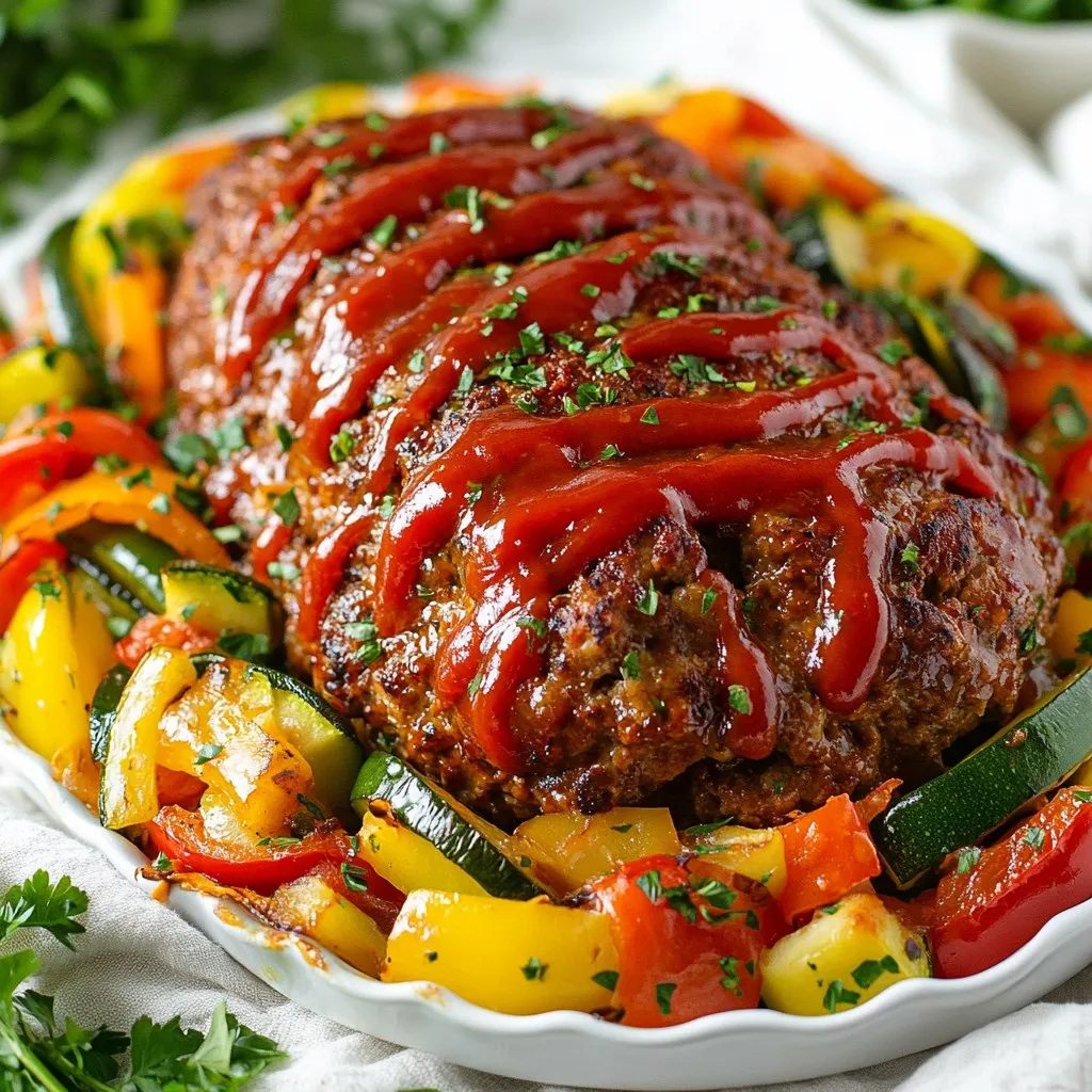 - 1 lb ground beef - 1 lb ground turkey - 1 cup seasoned breadcrumbs - 1/2 cup freshly grated Parmesan cheese - 1/2 cup finely grated carrot - 1/2 cup onion, finely chopped - 2 cloves garlic, minced - 2 large eggs, beaten - 1/4 cup ketchup (plus extra for topping) - 2 tablespoons Worcestershire sauce - 1 teaspoon Italian seasoning - Salt and black pepper to taste - 3 cups mixed vegetables (like diced bell peppers, zucchini, and green beans) - 2 tablespoons olive oil - Fresh parsley, chopped, for garnish The main ingredients make this meatloaf hearty. Ground beef and ground turkey bring a nice mix of flavor. The seasoned breadcrumbs help bind everything together. For extra flavor, I add Parmesan cheese, carrot, onion, and garlic. These ingredients make the meatloaf moist and tasty. The eggs act as a binder, ensuring the meatloaf holds its shape. Seasonings are key for depth. Ketchup and Worcestershire sauce give it sweetness and tang. Italian seasoning adds warmth. Salt and black pepper bring out all the flavors. I love to add mixed vegetables around the meatloaf. They roast nicely and absorb the meatloaf’s juices. A drizzle of olive oil helps them cook perfectly. Finally, I sprinkle chopped parsley on top for a fresh look. With these ingredients, your meatloaf will be simple and tasty. Enjoy experimenting with this great recipe! {{ingredient_image_2}} Preheating the oven Start by preheating your oven to 375°F (190°C). This ensures even cooking. Lining or greasing the sheet pan Next, grab your sheet pan. You can line it with parchment paper for easy cleanup. If you prefer, lightly grease the pan with oil. This helps the meatloaf not stick. Combining meats In a large mixing bowl, add 1 lb of ground beef and 1 lb of ground turkey. Mix them well until they blend nicely. Adding seasonings and binders Now it's time to add flavor. To the meat, mix in 1 cup of seasoned breadcrumbs and 1/2 cup of freshly grated Parmesan cheese. Then, add 1/2 cup of finely grated carrot, 1/2 cup of finely chopped onion, and 2 cloves of minced garlic. Next, pour in 2 large beaten eggs, 1/4 cup of ketchup, and 2 tablespoons of Worcestershire sauce. Finally, sprinkle in 1 teaspoon of Italian seasoning, salt, and black pepper to taste. Incorporating vegetables Gently mix all these ingredients with your hands or a spatula. Be careful not to overwork the meat; this keeps it tender. Forming the meatloaf on the sheet pan Take the meat mixture and shape it into a loaf. Place this loaf in the center of your prepared sheet pan. Preparing vegetables for roasting Now, scatter 3 cups of mixed vegetables around the meatloaf. You can use diced bell peppers, zucchini, and green beans. Drizzle them with olive oil and season with salt and pepper. Toss them gently to coat. Baking time and temperature For extra flavor, spread a layer of ketchup on top of the meatloaf. Bake the pan in the preheated oven for 45-50 minutes. Use a meat thermometer to check; the internal temperature should reach 160°F (70°C). Checking internal temperature Once baked, carefully remove the pan from the oven. Make sure to check the meatloaf's internal temperature with a thermometer. Resting and slicing meatloaf Let the meatloaf rest for 10 minutes. This step helps keep it juicy. After resting, slice it into thick pieces. Garnishing for presentation Finally, garnish your meatloaf with freshly chopped parsley. It adds a nice touch of color and flavor. Enjoy your meal! To keep your meatloaf light, mix the ingredients gently. Use your hands or a spatula. This way, you avoid compacting the meat. Overworking blends the proteins too much and makes it heavy. Season your veggies well. Salt, pepper, and a drizzle of olive oil work wonders. You can also add garlic powder or Italian herbs for more taste. Roast the veggies alongside the meatloaf. They soak up the flavors and turn tender. Pair your meatloaf with classic sides. Mashed potatoes or a fresh salad make great choices. For dinner parties, slice the meatloaf into thick pieces. Arrange it on a nice platter with the roasted vegetables. Garnish with parsley for a fresh touch. Pro Tips Use a Meat Thermometer: Ensure your meatloaf is perfectly cooked by checking that it reaches an internal temperature of 160°F (70°C). This guarantees safety and optimal texture. Customizable Veggies: Feel free to swap out the mixed vegetables for your favorites or whatever you have on hand. Broccoli, carrots, or even sweet potatoes can add variety and nutrition. Moisture Matters: For an even juicier meatloaf, consider adding a splash of milk or beef broth to the meat mixture. This will enhance flavor and moisture. Resting Is Key: Allowing the meatloaf to rest for 10 minutes after baking helps retain its juices, making it easier to slice and ensuring a moist final dish. {{image_4}} You can switch up the meats in your meatloaf. Instead of just using ground beef or turkey, try mixing in ground pork or chicken. This can add a new layer of flavor. Another fun option is to add some Italian sausage. The sausage gives a nice, spicy kick that really brightens up the dish. For those who need a gluten-free meal, use gluten-free breadcrumbs or oats. You can also use mashed potatoes or cooked quinoa as a binder. If you want to keep it low-carb, try using shredded zucchini or cauliflower rice instead of breadcrumbs. These veggies keep it healthy and add moisture. Topping your meatloaf with different sauces can change the game. Try barbecue sauce for a sweet flavor or teriyaki for a twist. You can also experiment with spice blends. Adding smoked paprika or cumin can bring out unique tastes. Don't be afraid to get creative with your flavors! To store leftover meatloaf, let it cool first. Then, wrap it tightly in plastic wrap or foil. Place it in an airtight container. This keeps the meatloaf fresh. You can also slice it before storing. This helps it cool faster and makes it easy to reheat. When you reheat meatloaf, do it gently. Preheat your oven to 350°F (175°C). Place slices on a baking sheet. Cover them with foil to keep moisture in. Heat for about 15-20 minutes. You can also use a microwave. Heat it on medium power for about 1-2 minutes. Freezing meatloaf is a great way to save it for later. Wrap the cooled meatloaf tightly in plastic wrap. Then, place it in a freezer-safe bag. Squeeze out as much air as possible. You can freeze it for up to three months. To thaw meatloaf, move it from the freezer to the fridge. Let it thaw overnight. If you're in a hurry, you can use the microwave on the defrost setting. After thawing, reheat it as mentioned above. In the fridge, meatloaf lasts about 3-4 days. Always check for signs of spoilage. If it smells sour or has a strange color, it's best to throw it away. Look for changes in texture. If it feels slimy, it's no longer good to eat. Trust your senses; if in doubt, toss it out. Keeping meatloaf stored properly helps you enjoy it longer! Cook meatloaf for 45-50 minutes at 375°F (190°C). The time may change based on size. A larger loaf takes longer. Always check the internal temp for safety. Yes, you can prepare meatloaf the night before. Mix all your ingredients and shape the loaf. Cover it well and store in the fridge. This saves time on busy days. Meatloaf should reach 160°F (70°C) inside. Use a meat thermometer to check. This temp ensures the meat is safe to eat and fully cooked. You can use a loaf pan or a baking dish. A loaf pan makes a tall loaf, while a baking dish spreads it out. Each affects cooking time and texture. This blog post shared the essentials for making a delicious sheet pan meatloaf. We covered key ingredients like ground beef, turkey, and tasty add-ons like garlic and parmesan. You learned step-by-step instructions, tips to avoid a dense texture, and ways to serve your dish beautifully. Variations let you explore different meats and dietary options, while storage tips ensure freshness. In the end, meatloaf is versatile and satisfying. Enjoy making it your own!