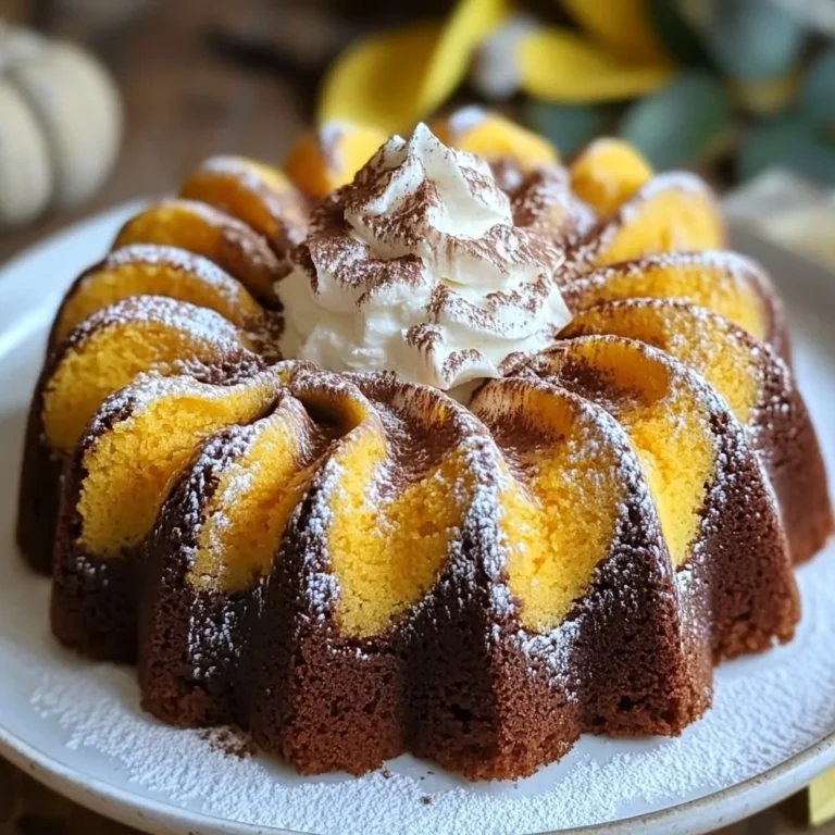 To make this vegan pumpkin marble cake, gather these ingredients: - 1 cup canned pumpkin puree - 1 cup almond milk (or any preferred plant-based milk) - 1/2 cup coconut oil, melted - 1 cup brown sugar, packed - 1 teaspoon vanilla extract - 2 cups all-purpose flour - 1 teaspoon baking soda - 1 teaspoon baking powder - 1/2 teaspoon salt - 1 teaspoon ground cinnamon - 1/2 teaspoon ground nutmeg - 1/4 teaspoon ground ginger - 1/2 cup unsweetened cocoa powder - 1 tablespoon maple syrup (for drizzling on top) You can easily swap some ingredients based on what you have: - Pumpkin puree: Use sweet potato or butternut squash puree for a different taste. - Almond milk: Any plant-based milk like soy, oat, or coconut milk works well. - Coconut oil: You can replace it with vegetable oil or melted vegan butter. - Brown sugar: Use coconut sugar or maple sugar for a unique flavor. - All-purpose flour: For a gluten-free option, try almond flour or a gluten-free blend. Selecting the right ingredients makes your cake shine: - Pumpkin puree: Look for 100% pumpkin, not pumpkin pie filling. - Cocoa powder: Choose unsweetened, high-quality cocoa for rich chocolate flavor. - Spices: Freshly ground spices give a stronger taste than pre-ground ones. - Sugar: Use organic sugars if possible, as they are often less processed. By using these tips, you can ensure your vegan pumpkin marble cake is delicious and delightful! {{ingredient_image_2}} First, preheat your oven to 350°F (175°C). Grease a 9x5 inch loaf pan. You can use cooking spray or oil. Alternatively, line the pan with parchment paper for easy removal. Next, gather your ingredients. You need canned pumpkin puree, almond milk, melted coconut oil, brown sugar, and vanilla extract. These will be your wet ingredients. In a large bowl, combine the pumpkin puree, almond milk, melted coconut oil, brown sugar, and vanilla extract. Whisk these until they are smooth and well mixed. In another bowl, whisk together the dry ingredients: flour, baking soda, baking powder, salt, cinnamon, nutmeg, and ginger. Mix them until they are evenly combined. Now, slowly add the dry ingredients to the wet mixture. Fold gently with a spatula or spoon. Do not overmix; it’s okay to have a few lumps. Next, divide the batter into two bowls. In one bowl, stir in cocoa powder to make a chocolate batter. You now have two types of batter: pumpkin and chocolate. To create the marbled look, spoon dollops of pumpkin and chocolate batter into the prepared loaf pan. Use a knife or skewer to swirl the batters together. Be gentle; you want to see the marbling, not mix them completely. Finally, drizzle maple syrup on top for extra sweetness. Place your loaf pan in the preheated oven. Bake for 50-60 minutes. To check if it’s done, insert a toothpick in the center. It should come out clean or with a few moist crumbs. Once baked, let the cake cool in the pan for about 10 minutes. Then, carefully move it to a wire rack to cool completely before slicing. Enjoy your beautiful vegan pumpkin marble cake! To get those perfect marble swirls, you need to layer the batters carefully. Start by spooning a dollop of pumpkin batter into your loaf pan. Then, add a dollop of chocolate batter right next to it. Keep alternating between the two. When the pan is full, take a knife or skewer and gently swirl through the batters. This creates the marbled look. Just be careful not to mix them completely. A little separation makes for a beautiful cake! One big mistake is overmixing the batter. This can make your cake dense. Just mix until you see no dry flour. Also, don't skip the cooling step. Letting the cake cool in the pan for about 10 minutes is key. It helps it set and keeps it from breaking apart. Lastly, make sure to check for doneness with a toothpick. If it comes out clean or with a few crumbs, your cake is ready! To boost flavor, consider adding a pinch of salt to the cocoa powder. This can really enhance the chocolate flavor. You can also add a bit more spice if you love warmth. Try an extra dash of cinnamon or nutmeg. For texture, using room temperature almond milk helps. It creates a smoother batter. Lastly, don’t forget the drizzle of maple syrup on top! It adds a nice shine and sweetness to the cake. Pro Tips Use Fresh Pumpkin: For a more vibrant flavor, consider using fresh pumpkin instead of canned puree. Roast and puree your own pumpkin for the best results. Check Your Oven Temperature: Ovens can vary, so it's a good idea to use an oven thermometer to ensure your cake bakes at the correct temperature for even results. Don't Overmix: Mixing the batter too much can lead to a dense cake. Stir just until the dry ingredients are incorporated to maintain a light texture. Experiment with Spices: Feel free to adjust the spices to your liking. Adding a pinch of cloves or allspice can enhance the autumnal flavor profile of this cake. {{image_4}} You can change the flavor of your vegan pumpkin marble cake. Try adding chopped nuts or dried fruit for texture. Walnuts or pecans work well. You can also add different spices. For instance, try allspice or cardamom for extra warmth. If you want a richer taste, mix in some chocolate chips or white chocolate chips. These add-ins can make your cake more unique and fun. If you need a gluten-free cake, you can swap the all-purpose flour. Use a gluten-free flour blend instead. Make sure it contains xanthan gum for structure. You can also use almond flour or coconut flour, but note that these may change the cake's texture. Start with a mix of gluten-free flour and almond flour for the best results. Adjust the liquid if needed since these flours absorb more moisture. You can control how sweet your cake is. If you like a less sweet cake, reduce the brown sugar by 1/4 cup. You can also use maple syrup instead of brown sugar for a more natural sweetness. If you prefer a sweeter cake, add a bit more sugar or use agave syrup. Taste the batter before baking to get it just right. Remember, the sweetness can change slightly after baking, so adjust to your liking. Store your vegan pumpkin marble cake well to keep it fresh. Place the cake in an airtight container. You can also wrap it in plastic wrap. Keep it at room temperature for up to three days. If you want to store it longer, put it in the fridge. In the fridge, it can last up to a week. Just remember to let it cool completely before wrapping. Freezing is a great way to save leftover cake. First, let the cake cool fully. Then, slice it into portions. Wrap each slice in plastic wrap tightly. After that, place the wrapped slices in a freezer-safe bag. Label the bag with the date. You can freeze the cake for up to three months. When ready to enjoy, just thaw a slice in the fridge overnight. To reheat the cake, use the oven for the best results. Preheat your oven to 350°F (175°C). Place the slice on a baking sheet. Cover it loosely with foil to keep it moist. Heat for about 10-15 minutes, or until warm. You can also use a microwave if you prefer. Heat a slice for 15-20 seconds, but check it often. Enjoy your warm slice with a cup of tea! Yes, you can use any plant-based milk. Almond, soy, or oat milk works well. Each milk will bring its own flavor. Almond milk gives a nutty taste, while oat milk adds creaminess. Choose what you enjoy most. Just keep the amount the same as in the recipe. You can replace coconut oil with vegetable oil or melted vegan butter. Both options will keep your cake moist. If you want a lighter flavor, go for vegetable oil. If you prefer more richness, use vegan butter. Just make sure it is melted for a smooth batter. The cake lasts about 3 to 4 days at room temperature. Keep it in an airtight container. If you want it to last longer, you can freeze it. Wrap slices in plastic wrap. Then place them in a freezer bag. The cake can stay fresh for up to 3 months in the freezer. We explored the key ingredients needed for a great marble cake and how to choose the best ones. I shared step-by-step instructions to make mixing easy. Tips for perfect swirls and common mistakes to avoid were included. We also discussed variations, storage, and answered common questions. Marble cake is fun to make and eat. With these tips, you can create tasty treats for everyone to enjoy. Happy baking!