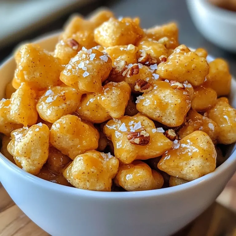 - 2 cups oyster crackers - 1 cup packed brown sugar - ½ cup unsalted butter - ¼ cup light corn syrup - 1 teaspoon pure vanilla extract - ½ teaspoon flaky sea salt (plus more for garnish) - ¼ teaspoon baking soda - Optional: 1 cup finely chopped pecans or walnuts Salted caramel oyster cracker bites use simple ingredients you can find easily. The oyster crackers add a nice crunch. Brown sugar gives sweetness and color. Unsalted butter makes the caramel rich and creamy. Light corn syrup keeps the caramel smooth and prevents it from hardening too fast. Pure vanilla extract adds a warm flavor. Flaky sea salt balances the sweetness perfectly. Baking soda helps the caramel bubble and thicken. If you like nuts, chopped pecans or walnuts can add extra taste and texture. Gather these items before you start. The process is quick and fun! You’ll enjoy making these bites as much as eating them. {{ingredient_image_2}} 1. Preheat your oven to 350°F (175°C). This helps the bites bake evenly. 2. Line a large baking sheet with parchment paper. This keeps the bites from sticking. 1. In a medium saucepan, combine: - 1 cup packed brown sugar - ½ cup unsalted butter, cut into pieces - ¼ cup light corn syrup - 1 teaspoon pure vanilla extract Place the saucepan over medium heat. Stir often until it boils. 2. Once boiling, let the mixture cook for about 5 minutes. It will get thicker and smoother. 3. Remove the saucepan from heat. Quickly add ¼ teaspoon baking soda. Stir well, but be careful! The mixture will bubble. 4. In a large bowl, put 2 cups oyster crackers. Pour the warm caramel over them. Use a spatula to fold and coat each cracker gently. 5. If you want, add 1 cup finely chopped pecans or walnuts for extra crunch and flavor. 1. Spread the coated oyster crackers onto the prepared baking sheet. Make sure they are in a single layer. 2. Bake in the preheated oven for 8-10 minutes. Stir the mixture halfway through to get even caramelization. The crackers should turn golden. 3. When done, take the sheet out of the oven and sprinkle ½ teaspoon flaky sea salt on top. This gives the sweet and salty taste. 4. Let the bites cool completely on the baking sheet. Once cool, break them into tasty clusters. Enjoy your salted caramel oyster cracker bites! To get the perfect caramel, heat your mixture slowly. Start on medium heat and stir often. When it boils, let it bubble for about five minutes. This helps thicken the caramel just right. After five minutes, remove it from heat. Adding baking soda is key. It makes the caramel light and bubbly. Just be careful as it foams up. Stir it in quickly for the best result. Stirring during baking is very important. Halfway through, give the mixture a good stir. This helps the caramel coat the crackers evenly. It also ensures they bake well and don’t burn. For a great presentation, use a fun bowl or jar. Clear glass works well to show off the bites. You can drizzle more warm caramel on top for extra flair. Pair these bites with coffee or tea. They also go well with sweet drinks like lemonade. If you want a savory option, try serving with cheese or nuts. This mix of flavors makes for a great snack spread. You can add nuts for extra crunch. Chopped pecans or walnuts work nicely. Just mix them in with the crackers before baking. If you want to switch things up, try using different salts. Flavored sea salts can add a unique twist. You can also adjust the recipe for dietary needs. Use dairy-free butter or sugar substitutes if needed. This way, everyone can enjoy these tasty bites! Pro Tips Use Fresh Ingredients: Always ensure your butter and vanilla extract are fresh for the best flavor in your caramel sauce. Watch the Caramel Closely: Caramel can go from perfect to burnt quickly. Keep an eye on it while it boils, and stir frequently. Experiment with Nuts: Try using different types of nuts like almonds or pecans to add unique flavors and textures to your bites. Storage Tips: Store your salted caramel oyster cracker bites in an airtight container to keep them crunchy and fresh for longer. {{image_4}} You can change up the taste of your salted caramel oyster cracker bites easily. One fun way is by adding a chocolate drizzle on top. Melt some chocolate and pour it over your bites after they cool. This will give them a deeper, richer flavor. Another idea is to incorporate spices. A pinch of cinnamon can add warmth. If you like a kick, try a dash of cayenne pepper. Both will surprise your taste buds! You can also play with toppings for extra crunch and flavor. Try using different types of nuts or seeds. Chopped almonds or sunflower seeds can be great choices. They add a fun texture and taste. Experimenting with flavored sea salts can elevate these bites too. Look for options like garlic or smoked salt. These will bring a new twist to the sweet and salty mix. Enjoy trying out these variations! To keep your salted caramel oyster cracker bites fresh, store them in an airtight container. This will help them stay crunchy. You can use glass jars or plastic containers with tight lids. Just make sure they are completely cool before sealing. If you add nuts, the bites might not last as long. Check for any signs of moisture before storage. At room temperature, these bites can last about a week. Keep them in a cool, dry place. If you want to save them longer, you can freeze them. Place the bites in a freezer-safe bag, removing as much air as you can. They will stay good for up to three months. When you're ready to enjoy them, just let them thaw at room temperature. Can I make these Salted Caramel Oyster Cracker Bites ahead of time? Yes, you can make these bites ahead of time. Just store them in an airtight container. They stay fresh for up to a week. If you want to keep them longer, consider freezing them. What can I use if I don’t have corn syrup? If you don’t have corn syrup, you can use honey or maple syrup. Both will work well in the recipe. They add a nice flavor twist, too! Why is my caramel too hard or too soft? Caramel can turn hard if cooked too long. Keep an eye on it while it boils. If it’s too soft, it might need more cooking time. Aim for a smooth, thick texture. How do I prevent the crackers from sticking together? To prevent sticking, make sure to coat the crackers well with caramel. Spread them out evenly on the baking sheet. Stir them halfway through baking for even coverage. You learned how to make Salted Caramel Oyster Cracker Bites. We covered the ingredients, cooking steps, and tips for success. You now know how to store and enjoy these bites. Don’t forget to try different toppings or flavors. Experimenting adds fun! With this recipe, you can impress family and friends at any gathering. Enjoy your tasty treats and happy cooking!