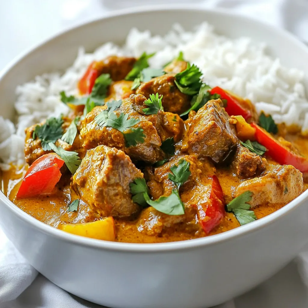 - 1.5 lbs lamb shoulder, cut into 1-inch cubes - 2 tablespoons vegetable oil - 2 large onions, finely chopped - 4 cloves garlic, minced - 1 inch fresh ginger, grated - 2 green chilies, slit lengthwise - 2 ripe tomatoes, chopped - 1 teaspoon turmeric powder - 2 teaspoons garam masala - 2 teaspoons coriander powder - 1 teaspoon cumin powder - 1 can (400 ml) coconut milk - Salt, to taste - Fresh cilantro, chopped for garnish Gathering these ingredients is key to a great lamb curry. The lamb shoulder is the star here. It is tender and rich in flavor. The onions, garlic, and ginger build the base for the curry. They give it a sweet and spicy aroma. Green chilies add heat, while tomatoes bring acidity and sweetness. The spices, like turmeric, garam masala, coriander, and cumin, add depth. Coconut milk adds creaminess and balances the heat. Use fresh cilantro for garnish. It offers a bright note to the dish. Each ingredient plays an important role. Together, they create a dish that is hearty and satisfying. {{ingredient_image_2}} 1. Heat 2 tablespoons of vegetable oil in a large pot over medium heat. 2. Add 2 large, finely chopped onions. Stir them often until they turn golden brown, about 10 minutes. 3. Now, add 4 minced garlic cloves, 1 inch of grated fresh ginger, and 2 slit green chilies. Sauté for 2 more minutes. This step builds a strong flavor base. 1. Next, add 1.5 pounds of lamb shoulder, cut into 1-inch cubes. Spread them in a single layer in the pot. 2. Brown the lamb cubes on all sides for 5 to 7 minutes. This adds rich color and flavor. 3. Then, stir in 2 chopped ripe tomatoes. Cook them until they soften, about 3 to 4 minutes. 1. Sprinkle 1 teaspoon of turmeric powder, 2 teaspoons of garam masala, 2 teaspoons of coriander powder, and 1 teaspoon of cumin powder over the lamb. 2. Mix well to coat the meat evenly with the spices. 3. Slowly pour in 1 can of coconut milk and stir everything together. Add salt to taste to enhance the flavor. 1. Bring the curry to a gentle simmer. Cover the pot and lower the heat. 2. Let it cook undisturbed for about 1.5 hours. This makes the lamb tender. 3. Stir occasionally to prevent sticking. If it sticks, add a little water. Enjoy the rich and flavorful delight of your lamb curry! To make your lamb curry truly special, fresh spices are key. They give your dish a rich taste. Use whole spices when possible. Toast them lightly before grinding them for even better flavor. Cooking time is also crucial. Simmer the curry gently for about 1.5 hours. This slow cooking makes the lamb tender and allows the spices to blend beautifully. For a great meal, serve your curry in a nice bowl. Pair it with fluffy basmati rice or warm naan bread. These sides soak up the delicious sauce. To make it look even better, garnish with fresh cilantro and lime wedges. The green cilantro adds color and freshness, while lime gives a zesty kick. One mistake is overcrowding the pot when browning the lamb. This can lead to uneven cooking. Always brown the lamb in batches if needed. Another common error is not simmering long enough. If you rush this step, the lamb may remain tough. Take your time for the best results! Pro Tips Marinate for Depth: For an even richer flavor, consider marinating the lamb in yogurt and spices for a few hours or overnight before cooking. Layering Flavors: Add whole spices like cardamom pods or cinnamon sticks during cooking for added complexity; just remember to remove them before serving. Balance the Heat: If you prefer a milder curry, remove the seeds from the green chilies or reduce the amount used. Perfect Pairings: This curry pairs beautifully with cooling sides like cucumber raita or a simple salad to balance the spices. {{image_4}} You can use different cuts of lamb for your curry. Lamb shank is one option. It gives a rich flavor and tenderness. The leg of lamb is another great choice. It offers a nice balance of meat and fat. Both cuts add depth to the dish. They also need the same cooking time, ensuring you get tender meat. To enhance your lamb curry, use region-specific ingredients. For example, consider adding yogurt for creaminess. Yogurt also adds a tangy taste that balances the spices. You can also sprinkle in some cashews. They add a delightful crunch and richness. Each region has its own special spices. Try using local spices to make your dish unique. If you're looking for a plant-based option, try mushrooms or jackfruit instead of lamb. Mushrooms give a nice meaty texture. They soak up the spices well and add umami flavor. Jackfruit is another fantastic substitute. It mimics the texture of pulled meat. Use the same spices and cooking method for both. You’ll end up with a tasty vegan curry that everyone can enjoy. To store leftover lamb curry, let it cool first. Transfer it to an airtight container. Place it in the refrigerator. It will stay fresh for up to three days. When sealing, make sure no air is trapped inside. This keeps flavors strong and prevents spoilage. Freezing lamb curry is easy. Use a freezer-safe container or a heavy-duty freezer bag. Make sure to remove as much air as possible. Label the container with the date. It can last for about three months in the freezer. Thaw it overnight in the fridge before reheating. To reheat lamb curry, use a stovetop. Place it in a pan over low heat. Stir it often to avoid burning. You can also add a splash of water or coconut milk. This keeps the curry moist and tasty. Microwaving is another option. Heat it in short bursts, stirring in between. You can pair lamb curry with several tasty sides. Here are some great options: - Basmati rice - Naan bread - Raita (yogurt sauce) - Sautéed greens - Pickled vegetables These sides balance the rich flavors of the curry. They also soak up all that delicious sauce. Yes, you can use different meats! Try these tasty options: - Beef, cut into cubes - Chicken, cut into pieces - Goat, cut into chunks Each meat has its own flavor and texture. Just adjust cooking times, as chicken cooks faster than lamb. To reduce the spice in lamb curry, try these tips: - Use fewer green chilies. - Add more coconut milk for creaminess. - Include a bit of sugar to balance the heat. - Serve with yogurt or raita to cool it down. These changes help make the dish enjoyable for everyone! This blog post detailed how to make a flavorful lamb curry. We covered essential ingredients, cooking steps, and helpful tips for perfection. I shared variations and storage advice to suit your needs. Remember, using fresh spices and cooking slowly makes a big difference. Don’t hesitate to try different meats or vegan options. Pay attention to the details to avoid common mistakes. Enjoy your cooking journey and create a dish that warms the heart. Your lamb curry can impress anyone at the table!