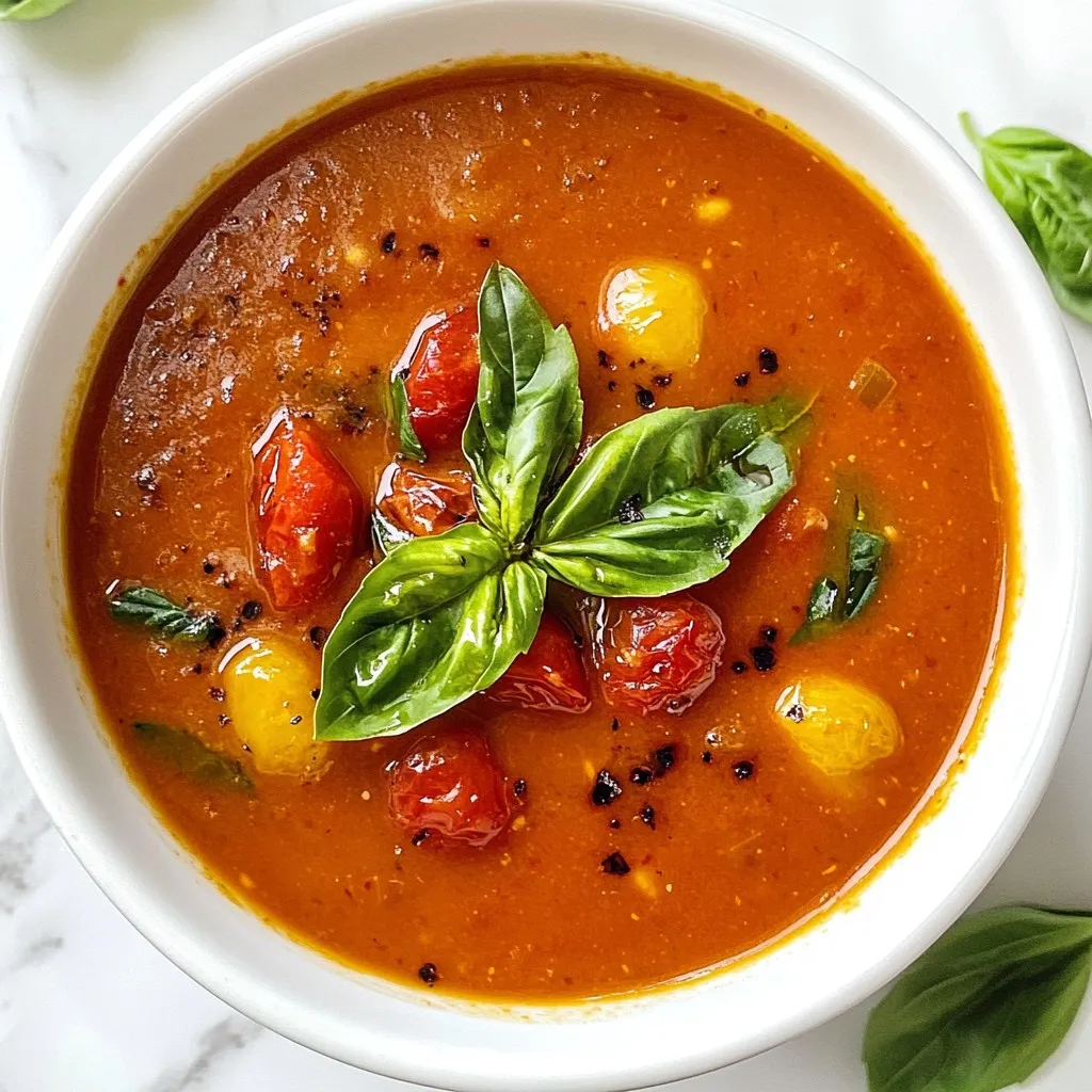 Here’s what you need to make roasted garlic tomato soup: - 6 large ripe tomatoes - 1 whole head of garlic - 1 medium onion, finely chopped - 2 cups vegetable broth - 2 teaspoons olive oil - 1 teaspoon dried basil - 1 teaspoon dried oregano - Salt and freshly ground black pepper - 1 tablespoon balsamic vinegar - Fresh basil leaves, for garnish - Crusty bread, for serving (optional) Each ingredient plays a key role. The tomatoes give the soup its base and sweetness. Roasting the garlic brings out its rich flavor and makes it sweet. A chopped onion adds depth and warmth to the soup. Vegetable broth adds more flavor without being too heavy. Olive oil helps everything blend together smoothly. Dried basil and oregano give that classic Italian taste. Salt and pepper enhance all the flavors. Balsamic vinegar adds a touch of tang. Fresh basil leaves on top make it look beautiful. Pairing with crusty bread makes it a filling meal. {{ingredient_image_2}} Set your oven to 400°F (200°C). This helps the tomatoes and garlic roast well. On a large baking sheet, arrange the halved tomatoes cut-side up. Drizzle them with 1 teaspoon of olive oil. Sprinkle salt, black pepper, dried basil, and oregano on top. This mix brings out the best flavors. For the garlic, slice off the top of the whole head. Drizzle a little olive oil over the exposed cloves. Wrap the garlic snugly in aluminum foil. Place it on the same baking sheet with the tomatoes. Roast both the tomatoes and garlic in the oven for 30-35 minutes. They should become soft and slightly caramelized. This step adds a rich flavor to your soup. After roasting, take the baking sheet out of the oven. Let it cool for a few minutes. Squeeze the roasted garlic cloves into a blender or pot. Add the roasted tomatoes, their juices, the chopped onion, vegetable broth, and balsamic vinegar. Blend until smooth. If you want some texture, pulse a few times. Transfer the blended mixture to a pot and heat it over medium heat. Allow it to simmer for about 10 minutes. This helps meld the flavors. Taste the soup and adjust the seasoning. You can add more salt and pepper if needed. To get the best roasted flavor, roast your tomatoes and garlic well. Use ripe tomatoes for deeper taste. Add a sprinkle of sugar to balance acidity if needed. You can also try spices like smoked paprika or red pepper flakes for a kick. These will add warmth and depth to your soup. You can choose between smooth and chunky soup. If you like smooth soup, blend it until silky. For a chunkier texture, pulse a few times with your blender. You can also use an immersion blender for control. Just blend less for more texture. Garnish your soup with fresh basil leaves. This adds color and a hint of freshness. A drizzle of high-quality olive oil gives a nice finish. You can also sprinkle some croutons for crunch. Serve with crusty bread for a filling meal. Pro Tips Choose Ripe Tomatoes: For the best flavor, select large, ripe tomatoes that are in season. They will provide the natural sweetness and rich flavor essential for a delicious soup. Roast Garlic for Depth: Roasting the garlic transforms its sharpness into a mellow sweetness, adding depth to the soup. Don’t skip this step for a more complex flavor profile. Adjust Consistency: If you prefer a creamier soup, consider adding a splash of heavy cream or coconut milk after blending. This will enhance the richness and smoothness of the soup. Experiment with Herbs: While basil and oregano are classic choices, feel free to experiment with other herbs like thyme or rosemary to personalize the flavor of your soup. {{image_4}} You can change the type of tomatoes in this recipe. Canned tomatoes work well if fresh ones are not available. Use whole canned tomatoes for a rich flavor. Crush them in your hands or with a spoon before adding to the pot. If it’s summer, use fresh heirloom tomatoes. They add a great taste and a lovely color to the soup. Want to make the soup heartier? You can add beans or lentils. Use canned beans for ease. Rinse and drain them before adding to the soup. If you like meat, shredded chicken or sausage can be great choices. Just cook them separately and stir them into the soup before serving. To keep this soup plant-based, use vegetable broth. You can also add coconut milk for creaminess. It adds a sweet flavor that pairs well with the tomatoes. For extra taste, add nutritional yeast or a splash of lemon juice. These help boost the flavor without using animal products. After enjoying your roasted garlic tomato soup, you might have some left. Store it in a sealed container in the fridge. It will stay fresh for about 3 to 4 days. Make sure it cools down before sealing it. If you want to keep it longer, freezing is a great option. Just pour the cooled soup into freezer-safe bags or containers. It can last up to 3 months in the freezer. When you want it later, just thaw it in the fridge overnight. To enjoy your soup again, you can reheat it easily. The best way is on the stovetop. This keeps all the flavors intact. Pour the soup into a pot and heat it over medium heat. Stir it often until it’s hot. If you’re short on time, you can use the microwave. Just pour the soup into a microwave-safe bowl and cover it. Heat it in 1-minute bursts, stirring in between, until hot. Either way, make sure the soup is steaming before serving. Enjoy your delicious soup again! Yes, you can use different onions. Sweet onions add a mild flavor. Yellow onions are strong and classic. Red onions give a nice color and sharper taste. Each type brings a unique twist to your soup. Experiment to find your favorite! Roasted garlic lasts about one week in the fridge. Store it in an airtight container. For longer storage, freeze it in small portions. This way, you can easily use it in future recipes. Roasting enhances its flavor, making it a great addition to many dishes. Pair your soup with crusty bread for a cozy meal. A simple side salad adds freshness. Grilled cheese sandwiches are another classic choice. For a fun twist, try a cheese toast. Each option makes the meal more delightful and filling. Yes, this recipe is gluten-free! Use gluten-free bread if you want a side. For thickening, you can use cornstarch or arrowroot powder. Always check labels to ensure no gluten sneaks in. Enjoy your delicious soup without worry! This blog post guided you through making a delicious roasted garlic tomato soup. You learned the key ingredients, from ripe tomatoes to fragrant garlic. The step-by-step instructions helped simplify the cooking process. We also explored tips to enhance flavors and variations for different diets. Storing leftovers and reheating methods ensure you enjoy this soup later. Remember, cooking is fun and creative. Don’t hesitate to experiment and make this recipe your own!