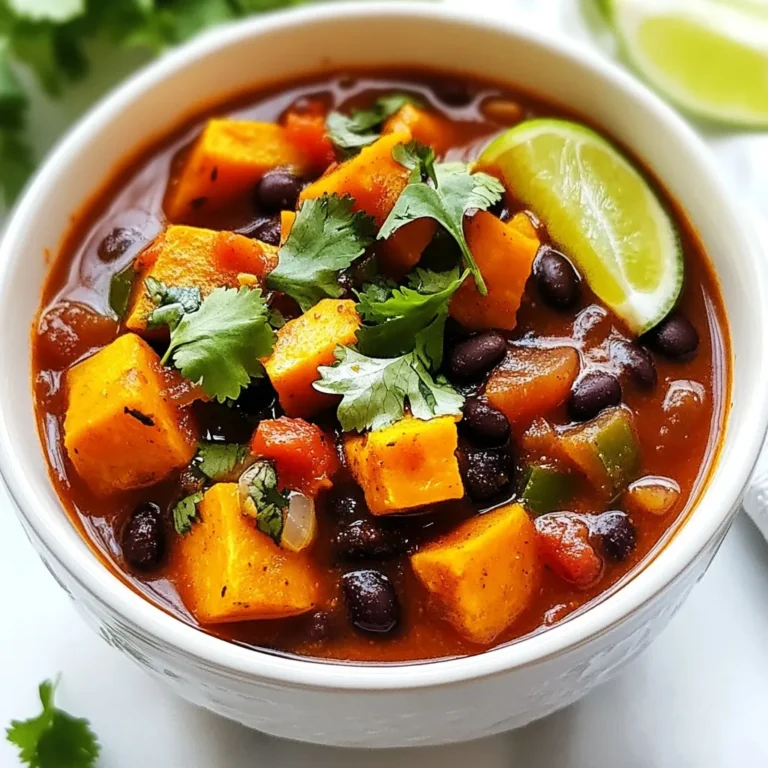 - 2 medium sweet potatoes, peeled and diced into 1-inch cubes - 1 can (15 oz) black beans, thoroughly drained and rinsed - 1 can (14 oz) diced tomatoes, including their juices - 1 bell pepper (red or green), diced into bite-sized pieces - 1 medium onion, chopped finely - 3 cloves garlic, minced or crushed - 1 tablespoon chili powder - 1 teaspoon ground cumin - 1 teaspoon smoked paprika - 1/2 teaspoon cayenne pepper - 4 cups vegetable broth - 2 tablespoons extra virgin olive oil - Fresh cilantro leaves for garnish - Lime wedges for serving The sweet potatoes give this chili a nice, creamy texture. You can use either red or green bell pepper for a pop of color and flavor. Black beans add protein and fiber, making this dish hearty. The diced tomatoes bring moisture and sweetness to balance the spices. Spices are key to flavor. Chili powder adds warmth, while ground cumin gives a rich depth. Smoked paprika adds a subtle smokiness, and cayenne pepper can kick up the heat. Adjust the amount of cayenne to fit your taste. For the base, we use vegetable broth. It keeps the dish rich without meat. Olive oil helps sauté the veggies, adding flavor. Fresh cilantro is a bright finish, and lime wedges provide a zesty touch. This balance of ingredients makes the chili simple yet delicious. {{ingredient_image_2}} To start, gather all your ingredients. You need fresh sweet potatoes, black beans, tomatoes, bell pepper, onion, and garlic. How to prepare the vegetables: 1. Rinse your sweet potatoes under cold water. 2. Use a sharp peeler to remove the skin. 3. Cut the sweet potatoes into 1-inch cubes. This size helps them cook evenly. Tips for peeling and dicing sweet potatoes: - Use a sturdy peeler for best results. - Cut off both ends of the sweet potato first. This gives you a flat surface to hold. - Dicing is easier if you cut the sweet potato into long strips first. Now, let’s cook! Instructions for sautéing vegetables: 1. Heat 2 tablespoons of olive oil in a large pot over medium heat. 2. Add the chopped onion and diced bell pepper. Sauté for about 5-7 minutes. You want the onion to be soft and clear. How to mix in spices and flavors: - Once the onion is soft, add 3 minced garlic cloves. - Then, sprinkle in 1 tablespoon of chili powder, 1 teaspoon of ground cumin, and 1 teaspoon of smoked paprika. - Stir everything for 1-2 minutes. This helps the spices release their yummy smells. Now it’s time to add the rest. Guide to adding broth and beans: 1. Carefully pour in 4 cups of low-sodium vegetable broth. 2. Add one 14 oz can of diced tomatoes, including the juices, and 1 can of black beans that you drained and rinsed. 3. Stir all the ingredients together well. Tips for achieving the right consistency: - Bring the chili to a boil. - Once it’s boiling, lower the heat. Let it simmer for about 30 minutes. - Stir occasionally to prevent sticking. Check if the sweet potatoes are tender. - Season with salt and black pepper to taste. If you love spice, add more cayenne pepper now. How to avoid mushy sweet potatoes To keep sweet potatoes firm, cut them into 1-inch cubes. This size cooks evenly. Add them later in the cooking process. Let them simmer for about 30 minutes or until tender. Stir occasionally to avoid sticking. Tips for controlling spiciness Start with the recommended cayenne pepper. You can always add more later if you want more heat. Taste during cooking to find your perfect spice level. If it gets too spicy, add a splash of extra broth or more beans to balance it out. Best garnishes for the chili Fresh cilantro and lime wedges make great toppings. They add a burst of flavor and color. You can also add diced avocado or a dollop of sour cream for creaminess. Crumbled tortilla chips add a nice crunch too. Suggested side dishes Serve this chili with warm corn tortillas or crusty bread. Both options are perfect for dipping. You could also pair it with a fresh salad for a light touch. How to serve in bowls Use deep bowls to hold the chili. Make sure to pile it high for a hearty look. Top with cilantro and a lime wedge for color. Tips for photographing the dish Natural light works best for photos. Place the bowl near a window for good lighting. Use colorful garnishes to make your dish pop. A simple white background helps the chili stand out. Pro Tips Choose the Right Sweet Potatoes: Look for firm, smooth-skinned sweet potatoes without any blemishes. This ensures the best texture and flavor in your chili. Adjust the Spice Level: Feel free to modify the amount of cayenne pepper and chili powder according to your taste preferences. Start with less if you're unsure, and add more as it simmers. Enhance the Flavor: For a deeper flavor, consider adding a splash of soy sauce or a teaspoon of maple syrup to balance the flavors while cooking. Make it Ahead: This chili tastes even better the next day! Make a batch in advance and store it in the fridge for an easy reheat meal. {{image_4}} For a vegan and gluten-free option, this chili works great as is. The sweet potatoes and black beans provide plenty of protein and fiber. You can swap the black beans for kidney beans or chickpeas if you like. These beans add a nice texture and flavor too. You can boost the flavor by adding other vegetables. Zucchini and corn mix well with the chili. They add sweetness and a fun crunch. You can also try adding more spices. Think about cumin or oregano to add depth. A pinch of cinnamon can add warmth and a unique twist. If you prefer using a slow cooker, you can easily adapt the recipe. Just sauté the onions and peppers first, then add everything to the slow cooker. Cook on low for 6 to 8 hours. If you have an Instant Pot, you can cook it faster. Use the sauté function for the veggies, then add the rest. Cook on high pressure for about 15 minutes. This saves time and keeps the flavors bright. Store your sweet potato black bean chili in the fridge. Use airtight containers to keep it fresh. Let the chili cool to room temperature before sealing. This helps prevent condensation inside the container. To freeze chili, let it cool completely. Pour it into freezer-safe bags or containers. Squeeze out extra air to prevent freezer burn. Label the bags with the date for easy tracking. When you're ready to eat, thaw the chili in the fridge overnight. Reheat it in a pot or microwave. Stir well to heat evenly. Your chili lasts about 4-5 days in the fridge. In the freezer, it can last up to 3 months. Look for signs of spoilage, like off smells or mold. If you see any, discard the chili right away. Enjoy your delicious chili fresh or stored! Can I make this chili spicy? Yes, you can make this chili spicy. Add more cayenne pepper to increase the heat. You can also mix in some chopped fresh jalapeños for an extra kick. Just remember to taste as you go, so you find the right level of spice for you. How can I make it creamier? To make the chili creamier, you can add a splash of coconut milk or a dollop of sour cream. Another option is to blend a portion of the chili until smooth and mix it back in. This will give you a rich texture without losing the chunky goodness. What can I use instead of black beans? If you don't have black beans, you can use kidney beans or pinto beans. Both options work well in chili. They add a nice texture and flavor. You can also use lentils for a different twist. Are there alternatives to sweet potatoes? You can use regular potatoes or butternut squash instead of sweet potatoes. Both will add a different taste but will still work nicely in this dish. Just make sure to adjust the cooking time if you use a different type of potato. How do I know if my chili is done? Your chili is done when the sweet potatoes are tender. You can check by poking them with a fork. If they are soft, your chili is ready. The flavors will also meld together nicely after simmering. Can I prepare this chili ahead of time? Yes, you can prepare this chili ahead of time. It tastes even better the next day after the flavors have blended. Store it in the fridge for up to three days or freeze it for longer storage. Just reheat it on the stove before serving. This blog post covered how to make a delicious chili using sweet potatoes and black beans. You learned about the main ingredients, spices, and cooking steps. I shared tips to ensure your chili turns out great and ways to store leftovers. Feel free to try variations for different diets or flavors. With this guide, you can create a tasty dish that fits your needs. Enjoy cooking and customizing your chili to your taste!