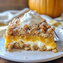 - 2 cups all-purpose flour - 1 cup granulated sugar - 1/2 cup packed brown sugar - 1 teaspoon baking powder - 1 teaspoon baking soda - 1 teaspoon pumpkin pie spice - 1/2 teaspoon salt For our cake, we start with the dry ingredients. The all-purpose flour gives structure. Granulated sugar adds sweetness, while brown sugar brings a rich caramel note. Baking powder and baking soda help the cake rise. Pumpkin pie spice adds warmth and flavor. Salt enhances all these tastes. - 1 cup canned pure pumpkin puree - 1/2 cup vegetable oil - 3 large eggs - 1/2 teaspoon vanilla extract Next, we mix the wet ingredients. Canned pumpkin puree gives moisture and flavor. Vegetable oil makes the cake soft. Eggs help bind everything together, and vanilla extract adds a lovely aroma. - 1/2 cup rolled oats - 1/3 cup all-purpose flour - 1/3 cup packed brown sugar - 1 teaspoon ground cinnamon - 1/4 cup cold unsalted butter, cut into small cubes For the crumble topping, we use rolled oats for texture. The extra flour and brown sugar create a sweet crunch. Ground cinnamon ties in the fall flavors. Cold unsalted butter helps form crumbly bits that bake to perfection. These ingredients combine to create a delicious pumpkin spice crumble cake. Each element plays a key role in the cake's rich taste and texture. {{ingredient_image_2}} 1. First, preheat your oven to 350&deg;F (175&deg;C). This step is crucial for even baking. 2. Next, grease a 9-inch round cake pan with butter or non-stick spray. This keeps the cake from sticking. 3. In a large bowl, mix the dry ingredients. Combine: - 2 cups all-purpose flour - 1 cup granulated sugar - 1/2 cup packed brown sugar - 1 teaspoon baking powder - 1 teaspoon baking soda - 1 teaspoon pumpkin pie spice - 1/2 teaspoon salt Whisk until there are no lumps. 1. In another bowl, blend the wet ingredients. Mix: - 1 cup canned pure pumpkin puree - 1/2 cup vegetable oil - 3 large eggs - 1/2 teaspoon vanilla extract Stir until the mixture is smooth. 2. Gradually pour the wet mixture into the dry ingredients. Gently fold and stir. A few lumps are okay. 1. Carefully pour the batter into the greased pan. Use a spatula to spread it evenly. 2. To prepare the crumble topping, combine in a medium bowl: - 1/2 cup rolled oats - 1/3 cup all-purpose flour - 1/3 cup packed brown sugar - 1 teaspoon ground cinnamon Mix well. 3. Cut in 1/4 cup cold unsalted butter until the mixture looks like coarse crumbs. 4. Evenly sprinkle the crumble topping over the cake batter in the pan. 5. Place the cake in the oven. Bake for 35-40 minutes. Check with a toothpick. It should come out clean. 6. Allow the cake to cool in the pan for about 10 minutes. Then, transfer it to a wire rack. Let it cool completely before serving. To make this cake amazing, don&rsquo;t overmix the batter. When you mix too much, the cake can turn out tough. You should mix until the dry and wet ingredients just come together. A few lumps are okay! This helps the cake rise well. To ensure it rises, make sure your baking powder and baking soda are fresh. Check the dates on the packages. You also want to avoid opening the oven door too early. This lets out heat and can cause the cake to fall. If you want to boost the flavor, try adding more spices. You can add a pinch of nutmeg or ginger for extra warmth. These spices pair well with pumpkin. You might also try adding some chopped walnuts or pecans for a nice crunch. Another fun idea is to mix in some chocolate chips. This will give the cake a sweet surprise in every bite. For a lovely presentation, dust the cooled cake with powdered sugar. This adds a nice touch. You can also serve it with a dollop of whipped cream. A sprinkle of cinnamon on top makes it even better! If you want to impress your friends, place the cake on a pretty plate. This makes it look special for any gathering. Enjoy this cake with a warm drink, like apple cider or hot chocolate! Pro Tips Use Fresh Pumpkin Spice: For the best flavor, consider making your own pumpkin pie spice blend using fresh ground spices like cinnamon, nutmeg, and ginger. Don't Overmix: When combining the wet and dry ingredients, mix just until combined. A few lumps are okay; overmixing can result in a dense cake. Check for Doneness: To ensure your cake is perfectly baked, insert a toothpick into the center; it should come out clean or with a few moist crumbs. Cool Before Serving: Allow the cake to cool completely on a wire rack before serving for better texture and ease of slicing. {{image_4}} You can easily make this cake gluten-free. Just swap regular flour for a gluten-free blend. Look for a mix that works for baking. It will give you the right texture. If you want to cut down on sugar, you can use alternative sweeteners. Try honey or maple syrup. Use them in place of granulated sugar. Adjust the amount because they are sweeter. To add more texture, consider adding nuts or dried fruits. Chopped walnuts or pecans work well. Dried cranberries or raisins also add sweetness and chew. Mix them into the batter before baking. You can change up the spices too. If you want a twist, try cinnamon or nutmeg instead of pumpkin pie spice. Each spice brings its own flavor, making it unique. You can easily make this cake vegan. Use flax eggs instead of regular eggs. Mix one tablespoon of ground flaxseed with three tablespoons of water. Let it sit for five minutes until it thickens. For a dairy-free option, swap out the butter. Use coconut oil or a plant-based butter. These swaps keep the cake moist and flavorful without any dairy. To store your leftover pumpkin spice crumble cake, first, let it cool completely. Wrap the cake tightly in plastic wrap or foil. You can also place it in an airtight container. This keeps the cake moist and fresh. Store it in the fridge if you plan to eat it in a few days. If you want to keep the cake longer, freezing is a great option. Slice the cake into individual pieces. Wrap each slice in plastic wrap, then place them in a freezer bag. Remove as much air as you can from the bag. For reheating, let the slices thaw in the fridge overnight. You can warm them in the microwave for a few seconds or pop them in the oven at a low temperature. When stored properly, your pumpkin spice crumble cake stays fresh for about 5 days in the fridge. In the freezer, it can last up to 3 months. Just remember to check for any signs of freezer burn before eating. Enjoy your cake at its best! To make this cake, follow these steps: 1. Preheat your oven to 350&deg;F (175&deg;C). Grease a 9-inch round cake pan with butter or non-stick spray. 2. In a large bowl, whisk together: - 2 cups all-purpose flour - 1 cup granulated sugar - 1/2 cup packed brown sugar - 1 teaspoon baking powder - 1 teaspoon baking soda - 1 teaspoon pumpkin pie spice - 1/2 teaspoon salt 3. In another bowl, mix: - 1 cup canned pumpkin puree - 1/2 cup vegetable oil - 3 large eggs - 1/2 teaspoon vanilla extract 4. Slowly add the wet mixture to the dry ingredients. Fold gently until just combined. Don&rsquo;t overmix. 5. Pour the batter into the prepared pan and spread evenly. 6. For the crumble topping, combine in a medium bowl: - 1/2 cup rolled oats - 1/3 cup all-purpose flour - 1/3 cup packed brown sugar - 1 teaspoon ground cinnamon 7. Cut in 1/4 cup cold unsalted butter until it looks like coarse crumbs. 8. Sprinkle the crumble over the cake batter. 9. Bake for 35-40 minutes. A toothpick should come out clean when it&rsquo;s done. 10. Cool in the pan for 10 minutes, then move to a wire rack to cool completely. Yes, you can use fresh pumpkin! Here&rsquo;s how: - Choose a small pie pumpkin. Cut it and remove the seeds. - Steam or boil the pumpkin pieces until soft. - Blend the cooked pumpkin until smooth. Measure out 1 cup. - This fresh pumpkin will add a nice flavor to your cake. This cake pairs well with: - A dollop of whipped cream on top. - A sprinkle of cinnamon or nutmeg for extra warmth. - Vanilla ice cream on the side for a creamy contrast. - A slice of apple or pear for a fruity touch. These options will enhance your dessert experience! This blog taught you to make a delicious Pumpkin Spice Crumble Cake. You learned about the key ingredients, mixing, baking, and tips for the best results. I shared how to store and freeze your cake, plus fun variations and answers to common questions. Now, you can impress friends and family with this tasty treat. Enjoy your baking journey, and share your creations! Perfecting this recipe will bring warmth to your table all season long.