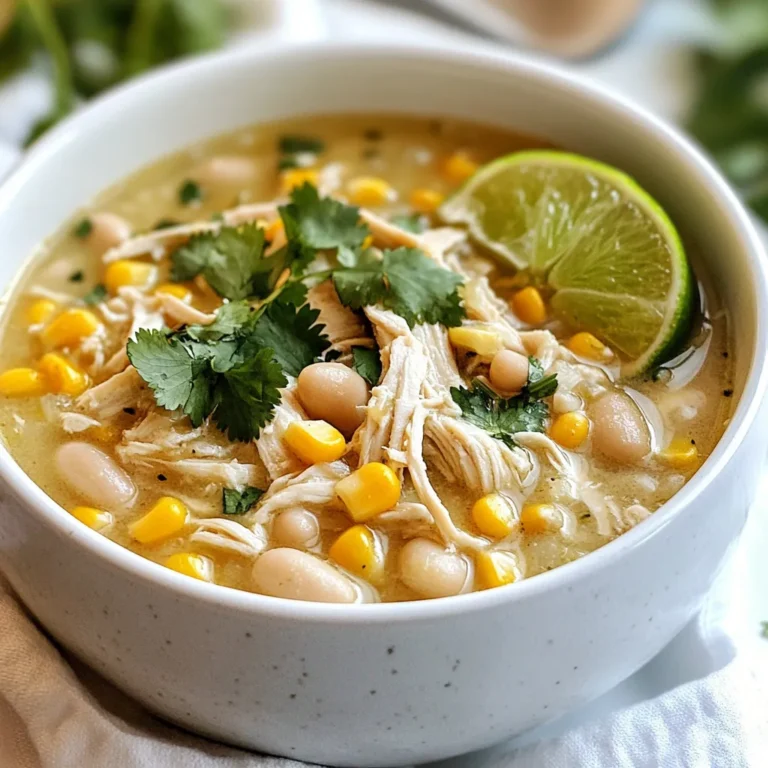 - 2 cups cooked chicken, shredded - 1 can (15 oz) white beans, drained and rinsed - 1 cup chicken broth - 1 can (4 oz) diced green chiles - 1 medium onion, diced finely - 3 cloves garlic, minced - 1 teaspoon ground cumin - 1 teaspoon dried oregano - ½ teaspoon chili powder - 1 cup corn - 1 cup heavy cream or coconut cream - 2 tablespoons extra virgin olive oil - Salt and pepper to taste - Fresh cilantro, chopped - Lime wedges You can swap chicken for turkey if you prefer. Canned beans can change too. Use black beans or pinto beans if you like. Instead of chicken broth, vegetable broth works well. If you want a milder taste, skip the green chiles. For creaminess, use Greek yogurt instead of heavy cream. This makes it lighter and adds a tangy kick. The cooked chicken gives this chili its heartiness. I often use rotisserie chicken for ease, but any cooked chicken works. White beans add creaminess and protein. The chicken broth forms the base, making it rich and flavorful. Diced green chiles bring heat and zest. Onion and garlic add depth to the flavor. Spices like cumin and oregano give warmth and aroma. Corn adds sweetness and texture. Finally, the heavy cream or coconut cream makes it rich and smooth. Each ingredient plays a key role in making this chili a comforting dish. {{ingredient_image_2}} 1. Sauté Aromatics: First, heat 2 tablespoons of extra virgin olive oil in a large pot over medium heat. Add 1 medium diced onion and sauté for about 5 minutes. Wait until it becomes soft and clear. Then, add 3 minced garlic cloves and cook for another minute until it smells great. 2. Add Spices: Next, add 1 teaspoon of ground cumin, 1 teaspoon of dried oregano, and ½ teaspoon of chili powder to the pot. Stir well to cover the onion and garlic with the spices. Cook for 1-2 minutes to let the flavors grow. 3. Combine Ingredients: Now, add 2 cups of shredded chicken, 1 can of drained white beans, 1 cup of chicken broth, 1 can of diced green chiles, and 1 cup of corn to the pot. Mix everything well and bring it to a gentle simmer. 4. Simmer the Chili: Let the chili cook on low heat for 15-20 minutes. Stir occasionally. This helps all the flavors mix nicely and develop a rich taste. 5. Add Cream: Lower the heat to keep the chili warm. Stir in 1 cup of heavy cream or coconut cream. Heat gently for another 5 minutes until the cream mixes in well. 6. Season and Serve: Finally, taste your chili. Add salt and pepper as needed. - Sauté Aromatics: Make sure the oil is hot before adding the onions. This helps them cook evenly. - Add Spices: Always stir spices in well to release their full flavor. - Combine Ingredients: Use a wooden spoon to scrape the bottom of the pot. This adds more flavor. - Simmer the Chili: Keep the heat low to avoid burning. Stirring helps too. - Add Cream: Do not boil the chili after adding cream. It can curdle if too hot. - Season and Serve: Remember to taste often. Adjust seasoning to your liking. - Sautéing: This method builds a deep flavor base. Always start with aromatics. - Simmering: Slow cooking helps meld the flavors together. Be patient; it’s worth it! - Deglazing: If you scrape the bottom of the pot, you get extra flavor. - Garnishing: Adding fresh cilantro and lime brightens the dish. It adds freshness to each bite. - Serving with Tortilla Chips: This adds crunch and a fun texture contrast. Each step brings you closer to a warm and tasty bowl of white chicken chili. Enjoy the process, and don't forget to share your delicious creation! To make your chili extra creamy, use heavy cream or coconut cream. You can also add cream cheese for a richer texture. If you prefer a lighter option, blend some white beans into a puree and mix it in. This adds creaminess without extra fat. Always stir the cream in gently to keep that smooth blend. If you want to adjust the heat, use mild green chiles or add more spices. For a kick, try adding jalapeños or cayenne pepper. Start with a little and taste as you go. You can always add more, but you can't take it out! This way, you can find the perfect balance for your taste buds. Add more veggies to boost the nutrition of your chili. Chopped bell peppers, zucchini, or spinach work well. You can also mix in quinoa or brown rice for added fiber. Use low-sodium broth to keep it healthy. This way, your chili remains delicious and packed with nutrients! Pro Tips Use Rotisserie Chicken: For a time-saving option, use store-bought rotisserie chicken. It adds great flavor and shreds easily for this chili. Adjust Spice Level: Depending on your preference, choose mild or spicy diced green chiles. You can also add fresh jalapeños for extra heat. Thickening the Chili: If you prefer a thicker chili, mash some of the white beans before adding them to the pot. This will create a creamier texture. Garnish for Flavor: Fresh cilantro and lime juice add brightness to the dish, enhancing the overall flavor profile. Don't skip these garnishes! {{image_4}} To make this chili dairy-free, use coconut cream instead of heavy cream. Coconut cream adds a rich, creamy texture without dairy. It also brings a subtle sweetness. This option is perfect for those who are lactose intolerant or prefer plant-based ingredients. For a vegetarian or vegan version, replace the chicken with extra beans or vegetables. You can use mushrooms, zucchini, or bell peppers. Switch the chicken broth with vegetable broth to keep the flavors strong. This way, you get a hearty chili that’s still satisfying and full of flavor. You can switch up the spices to change the flavor profile. Try adding smoked paprika for a smoky taste. You can also add jalapeños for a spicy kick. Using different beans, like pinto or black beans, will give the chili a new look and taste. Don't be afraid to experiment! To store leftover white chicken chili, let it cool first. Then, transfer it to an airtight container. This keeps the chili fresh for up to three days in the fridge. If you want to keep it longer, freezing is a great option. For freezing, use freezer-safe containers or bags. Make sure to leave some space at the top. The chili will expand as it freezes. Label the containers with the date. It can stay fresh for up to three months in the freezer. To thaw, move it to the fridge overnight before reheating. When you're ready to enjoy your chili again, reheat it on the stove or in the microwave. If using the stove, heat it in a pot over low heat. Stir often to avoid burning. For the microwave, use a microwave-safe bowl and cover it loosely. Heat it in short bursts. This helps to warm it evenly. Always check that it's heated through before serving again. Yes, you can use canned chicken. It saves time and is easy to use. Look for canned chicken that has good flavor. Drain it well before adding to the chili. Canned chicken works best if it is shredded. This way, it blends well with the other ingredients. Using canned chicken can cut down on prep time. However, fresh chicken gives a better taste. If you have cooked chicken at home, use that instead. White chicken chili can last for about 3 to 4 days in the fridge. Store it in an airtight container for the best results. Make sure it cools down before you put it in the fridge. This helps keep it fresh. If you want it to last longer, you can freeze it. It can stay in the freezer for up to 3 months. Just remember to label the container with the date. Thaw it in the fridge overnight before reheating. There are many great options to serve with white chicken chili. Here are a few ideas: - Warm tortillas or tortilla chips - Rice or quinoa for a hearty meal - A fresh salad for a light side - Sour cream or Greek yogurt for creaminess - Avocado slices for added richness These sides will enhance your meal and make it more filling. Get creative and enjoy your chili with your favorite toppings! You learned about the key ingredients, cooking steps, and tips for white chicken chili. I shared ways to make it creamy, nutritious, and exciting through variations. You also discovered storage tips and answered common questions. In the end, this dish is not only tasty but also flexible. You can adjust it to your needs and preferences. Enjoy your cooking journey and make every bowl a delicious masterpiece.