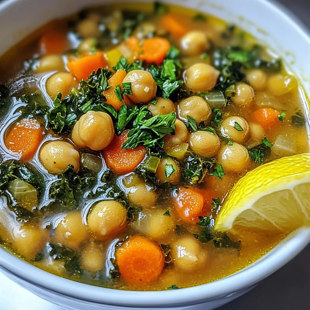 - 2 cans (15 oz each) chickpeas, thoroughly drained and rinsed - 4 cups vegetable broth (low-sodium preferred) - 1 medium onion, finely chopped - 3 cloves garlic, minced - 2 medium carrots, diced into small pieces - 1 celery stalk, diced - 1 teaspoon ground cumin - 1 teaspoon smoked paprika - 1/2 teaspoon turmeric powder - 2 cups kale, stems removed and chopped - 2 tablespoons extra virgin olive oil - Salt and freshly ground black pepper to taste - Fresh parsley, finely chopped, for garnish - Lemon wedges, for serving For the best flavor, I recommend using low-sodium vegetable broth. Brands like Imagine or Pacific Foods are great choices. When it comes to chickpeas, I prefer organic brands like Eden Foods or Whole Foods 365. They often have better taste and quality. For spices, Penzeys or McCormick provide a great selection. Fresh herbs, like parsley, are best when they are vibrant and green. If you're out of chickpeas, you can use white beans or lentils instead. For a gluten-free option, ensure your broth is certified gluten-free. If you lack kale, spinach is a fine substitute. It wilts quickly and adds a nice touch. Don't have smoked paprika? Regular paprika will work, but the smoky flavor adds depth. Lastly, if you want to skip the olive oil, use any neutral oil you have on hand. {{ingredient_image_2}} Start by heating 2 tablespoons of extra virgin olive oil in a large pot over medium heat. You want the oil to shimmer but not smoke. Add 1 medium finely chopped onion. Cook it for about 3 to 4 minutes. Stir often until it becomes soft and translucent. This step builds a great base for your soup. Next, add 3 cloves of minced garlic. Stir it in and cook for another minute. The garlic should smell fragrant but not brown. Now, it's time to add some color. Toss in 2 medium diced carrots and 1 diced celery stalk. Stir these into the pot. Cook for about 5 minutes, stirring occasionally. You want the veggies to soften but not lose their crunch. After that, sprinkle in 1 teaspoon of ground cumin, 1 teaspoon of smoked paprika, and 1/2 teaspoon of turmeric powder. Stir well to coat the vegetables. Toasting the spices for about 1 minute brings out their rich flavors. Next, add 2 cans of drained and rinsed chickpeas into the pot. Pour in 4 cups of low-sodium vegetable broth. Increase the heat and bring the soup to a gentle boil. Stir it occasionally to blend the flavors. Once it reaches a boil, reduce the heat to low. Let it simmer for 10 minutes. This step deepens the flavors and makes the soup more delicious. Add 2 cups of chopped kale to the pot. Stir it in and cook for another 3 to 5 minutes until the kale wilts and softens. Taste the soup, and add salt and freshly ground black pepper to your liking. Now, your Minute Chickpea Soup is ready to serve! To boost the taste of Minute Chickpea Soup, use fresh herbs. Fresh thyme or rosemary adds depth. You can also add a splash of lemon juice. This brightens the soup and brings out the flavors. For a spicy kick, try adding crushed red pepper. Adjust the amount to your taste. Remember, always taste as you go! If you like your soup thicker, use an immersion blender. Blend just a bit of the soup, then stir. This thickens it while keeping some whole chickpeas. If it’s too thick, add more vegetable broth. Stir until you reach your desired consistency. A splash of water also works if you're in a pinch. When sautéing, heat your pot before adding oil. This helps prevent sticking. Use medium heat for even cooking. Add onions first and let them soften. Stir them occasionally for even cooking. When you add garlic, watch it closely. Garlic cooks fast and can burn quickly. Remove from heat if it turns brown. Pro Tips Use Fresh Ingredients: Whenever possible, opt for fresh vegetables and herbs to enhance the flavor and nutritional value of your soup. Customize the Spice Level: Adjust the amount of smoked paprika and cumin to suit your taste. For a spicier kick, consider adding a pinch of cayenne pepper. Make it Creamy: For a creamier texture, blend a portion of the soup before adding the kale. This adds richness without compromising the hearty feel of the dish. Storage Tips: This soup keeps well in the fridge for up to 4 days. To freeze, store in airtight containers, leaving space for expansion. {{image_4}} This Minute Chickpea Soup is already vegan and vegetarian-friendly. You can enhance it by adding more veggies. Try bell peppers or zucchini for extra flavor. Swap the vegetable broth for a homemade version if you want a richer taste. You can also add coconut milk for a creamy texture. To spice things up, add red pepper flakes or diced jalapeños when you sauté the onions. This small change can create a warm kick. If you love heat, try a few dashes of hot sauce before serving. You can adjust the spice level to your taste. If you want more protein, consider adding cooked quinoa or lentils. You can also mix in shredded chicken or tofu for a heartier meal. Just be sure to adjust the cooking time to ensure everything warms up nicely. These options make the soup more filling and satisfying. To store leftover Minute Chickpea Soup, let it cool first. Use a clean container with a tight lid. Pour the soup into the container and seal it well. Place it in the fridge. It stays fresh for about 3-4 days. If you want to keep the soup longer, freezing is a great option. Use freezer-safe bags or containers for best results. Make sure to leave some space at the top, as the soup will expand when frozen. It can last in the freezer for up to 3 months. When you are ready to enjoy your soup again, thaw it in the fridge overnight. To reheat, pour the soup into a pot and warm it over medium heat. Stir it often to prevent sticking. If the soup seems thick, add a splash of vegetable broth or water. You can also use the microwave. Just heat it in short bursts, stirring in between. This soup tastes great every time! Yes, you can use dried chickpeas. However, they need more time. Start by soaking them overnight. Cook them in a pot with water until tender. This can take 1 to 2 hours. After cooking, drain the chickpeas and add them to your soup. This method gives your soup a fresh taste. This soup can last up to 5 days in the fridge. Be sure to store it in an airtight container. Let the soup cool before placing it in the fridge. If it looks thick, add a bit of water when reheating. This keeps the flavors fresh and tasty. You can pair chickpea soup with many side dishes. Here are some delicious options: - Crusty bread or rolls for dipping - A fresh green salad for crunch - Rice or quinoa for a hearty meal - Roasted vegetables for added flavor These sides enhance your meal and make it more filling. In this post, we explored the key ingredients for chickpea soup, along with ideal brands and substitutions. I shared a step-by-step guide to create a flavorful soup, including tips for enhancing flavor and adjusting texture. We also looked at variations, storage info, and answered common FAQs. Remember, chickpea soup is versatile and easy to make. I hope you feel ready to try this delicious dish. Enjoy every spoonful!