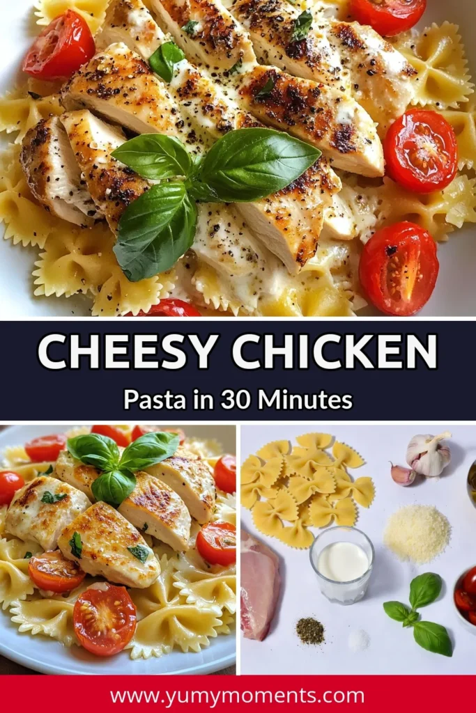 Indulge in this irresistible cheesy chicken pasta recipe featuring Parmesan chicken pasta that will become your new favorite. This creamy pasta with chicken and juicy cherry tomatoes makes for an easy chicken pasta dinner perfect for any night. Using farfalle pasta with sauce, this dish is quick to prepare and utterly delicious. Try this recipe tonight and savor the flavors! Save this recipe for later! #CheesyChickenPasta #PastaRecipe #DinnerIdeas #EasyRecipes