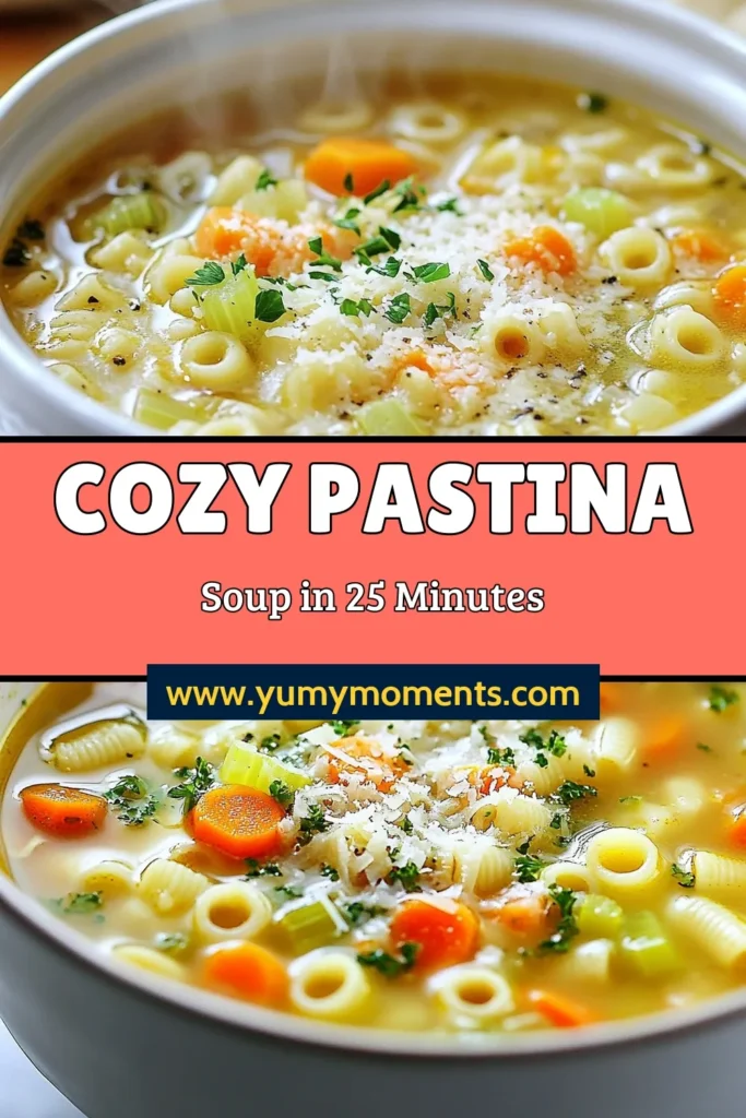 Warm up with this classic pastina soup recipe, perfect for cozy nights! This easy pastina soup combines chicken broth soup with diced veggies for a deliciously comforting dish. Plus, vegetarian soup options are just a broth swap away! In just 25 minutes, enjoy a hearty meal that&rsquo;s sure to satisfy. Save this easy pastina soup recipe for your next cooking adventure! #PastinaSoup #ComfortingSoupRecipes #EasyPastinaSoup #VegetarianSoupOptions