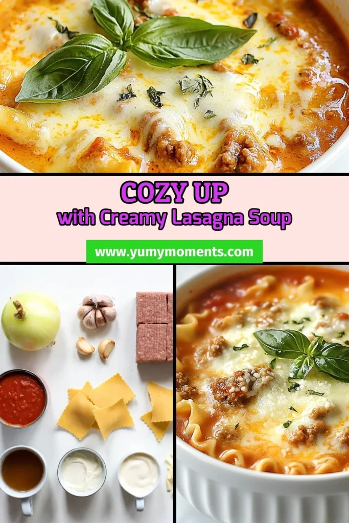 Warm up with this cozy lasagna soup, the perfect comfort food for any night! This creamy lasagna soup recipe combines hearty flavors with easy prep, making it a family favorite. Featuring rich ricotta and gooey mozzarella, this lasagna soup with ricotta is a delightful twist on traditional lasagna. Discover how effortless comfort food can be! Save this easy lasagna soup recipe for your next meal. #LasagnaSoup #ComfortFood #EasyRecipes #SoupRecipes