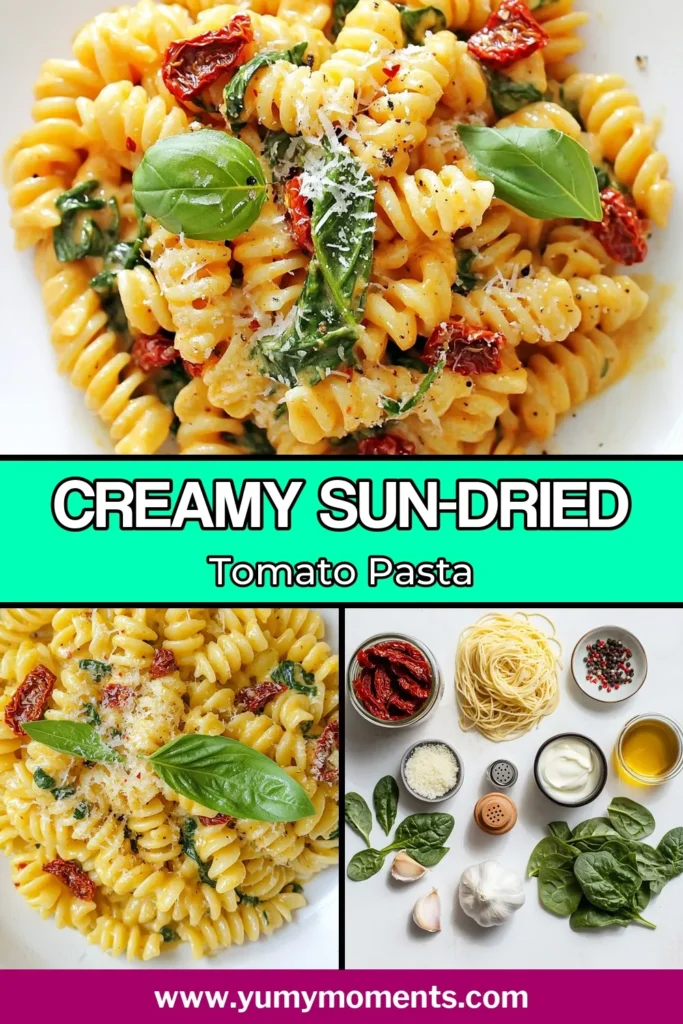 Discover the ultimate creamy pasta recipe with this easy sun-dried tomato pasta that&rsquo;s packed with flavor! This 25-minute dish features tender pasta, rich heavy cream, and fresh spinach, all brought together with savory sun-dried tomatoes and Parmesan cheese. Perfect for those busy nights, this spinach and sun-dried tomato recipe is a winner for family dinners. Save this easy pasta dish now and impress your loved ones! #PastaRecipes #SunDriedTomatoes #CreamyPasta #EasyDinnerIdeas