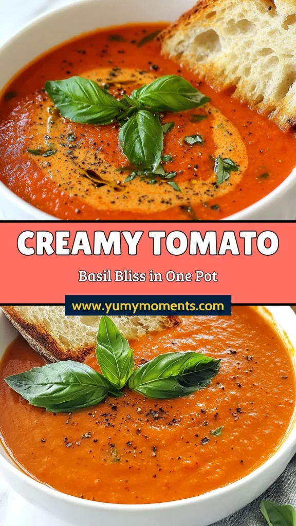 Discover the ultimate comfort food with this One-Pot Tomato Basil Soup! This creamy tomato soup recipe is both easy to make and perfect for a cozy dinner. Enjoy this easy vegetarian soup packed with flavors, ideal for any occasion. Whip up this Tomato Basil Delight Recipe in just one pot for a simple one-pot meal that everyone will love. Save this recipe for your next weeknight dinner! #TomatoBasilSoup #CreamySoup #VegetarianRecipe #OnePotMeal