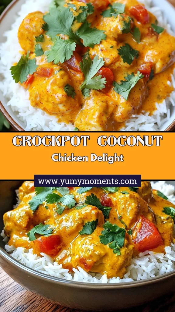 Discover the deliciousness of Crockpot Coconut Chicken Tikka Masala! This easy Chicken Tikka Masala recipe features tender chicken in a creamy coconut milk curry that's perfect for weeknight dinners. With minimal prep, your slow cooker does the work, giving you flavorful Slow Cooker Indian Chicken without the fuss. Ready in 6-8 hours, this dish pairs perfectly with rice or naan. Save this recipe for a cozy meal! #CoconutChicken #ChickenTikkaMasala #EasyCoconutMilkCurry #SlowCookerChicken