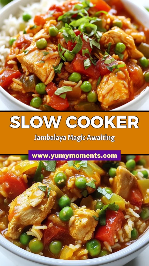 Savor the flavors of Louisiana with this easy slow cooker chicken jambalaya! This hearty chicken stew combines tender chicken, rice, bell peppers, and peas, making it the perfect rice and chicken dish for busy weeknights. Simply season your chicken, mix the ingredients in the slow cooker, and let it cook. Try this easy jambalaya recipe today and bring the taste of Cajun cooking to your table! Save this recipe for later. #SlowCookerChickenJambalaya #EasyJambalayaRecipe #CajunChickenRecipe #HeartyChickenStew