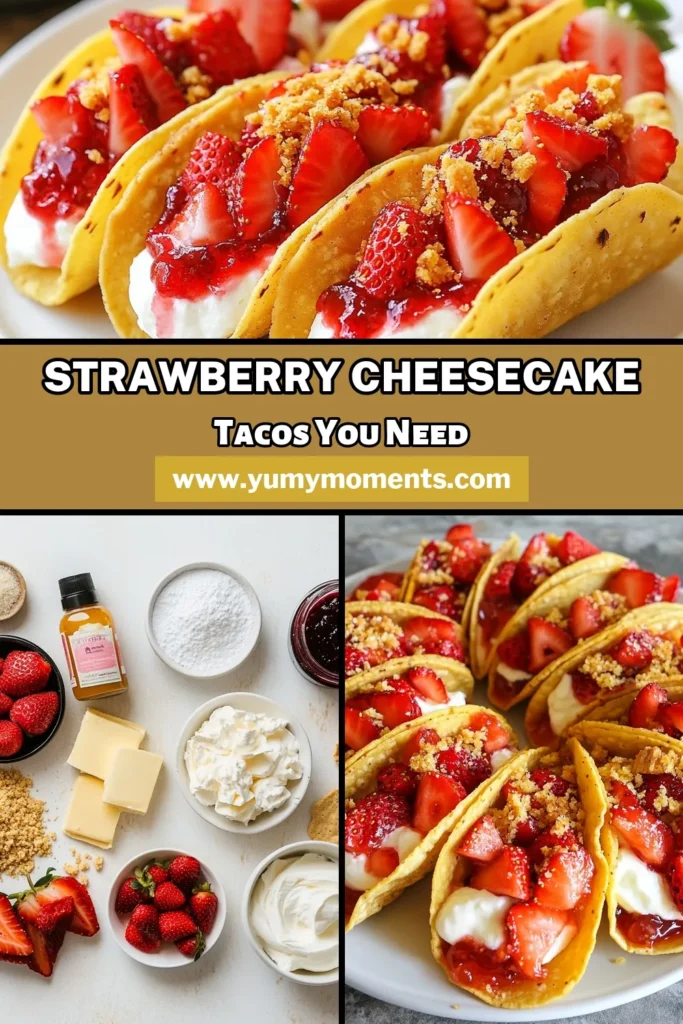Indulge in these Strawberry Crunch Cheesecake Tacos, a delightful twist on a classic dessert! This no-bake cheesecake recipe combines creamy cheesecake taco shells with fresh strawberries and a crunchy topping for a mini taco dessert that's sure to impress. Perfect for parties or a sweet treat, these Strawberry Cheesecake Tacos are a must-try! Save this recipe for your next gathering! #StrawberryCheesecakeTacos #NoBakeCheesecake #MiniTacoDesserts #StrawberryCrunchDessert
